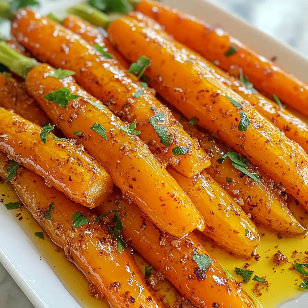 To make delicious maple glazed carrots, gather these key ingredients: - 1 pound baby carrots (or regular carrots, peeled and cut into sticks) - 3 tablespoons pure maple syrup - 2 tablespoons unsalted butter - 1 teaspoon ground cinnamon - 1 tablespoon fresh lemon juice - Salt and pepper to taste For a nice touch, consider these optional garnishes: - Fresh parsley, chopped - Toasted nuts, like walnuts or pecans I prefer fresh carrots for this recipe. They have a crisp texture and sweet flavor. Fresh carrots caramelize well, giving that perfect glaze. However, frozen carrots can work in a pinch. They save time and are convenient. Just remember to thaw them first. If you use frozen carrots, cook them a bit longer to get the right texture. {{ingredient_image_1}} First, gather all your ingredients. You need 1 pound of baby carrots or regular carrots, peeled and cut. You will also need 3 tablespoons of pure maple syrup, 2 tablespoons of unsalted butter, and 1 teaspoon of ground cinnamon. Add 1 tablespoon of fresh lemon juice, salt, and pepper to taste. Fresh parsley is optional for garnish. Start by melting the butter in a large skillet over medium heat. Once it melts, add the baby carrots. Sauté the carrots for about 5 minutes. Stir them occasionally. You want them to be slightly tender but not fully cooked. Next, pour the maple syrup over the carrots. Sprinkle in the ground cinnamon. Stir well to coat the carrots evenly. Cook for another 5 to 7 minutes. Stir occasionally until the carrots become glossy and caramelized. Check for your desired tenderness before removing them from heat. After that, add the fresh lemon juice. Stir it in to combine. Season with salt and pepper to taste. Transfer the glazed carrots to a serving dish. If you like, sprinkle chopped fresh parsley on top for a pop of color. Enjoy these sweet, tasty carrots as a perfect side dish! To get that perfect glaze on your carrots, start with fresh baby carrots. They cook faster and stay sweet. If you use regular carrots, cut them into small sticks. This helps them cook evenly. Melt your butter slowly. This adds a rich flavor. When you add the maple syrup, make sure to stir well. This coats each carrot evenly. Keep cooking until they shine and caramelize. Sautéing is key for these carrots. Use a large skillet and medium heat. This lets the carrots soften without burning. Always stir occasionally to keep them from sticking. After adding the maple syrup, watch them closely. You want them to be tender but not mushy. A splash of lemon juice brightens the taste. It balances the sweetness perfectly. One big mistake is overcooking the carrots. They should be tender but still have a bit of crunch. Another mistake is using too much salt. A pinch is enough to enhance the flavor. Lastly, don’t skip the lemon juice. It adds brightness. Without it, the dish can taste too sweet. Keep these tips in mind, and you’ll have a delicious side dish! Pro Tips Choose Fresh Carrots: For the best flavor and texture, select firm, brightly colored carrots. Fresh carrots will enhance the sweetness and overall presentation of your dish. Adjusting Sweetness: If you prefer a less sweet dish, reduce the amount of maple syrup or substitute with a touch of honey, which also pairs well with carrots. Cooking Time: Keep an eye on the cooking time; the exact duration may vary based on the size of your carrots. Test them with a fork to achieve your desired tenderness. Herb Variations: Experiment with different herbs such as thyme or dill instead of parsley for a unique flavor profile that complements the maple glaze. {{image_2}} You can swap baby carrots for other veggies. Try using parsnips, sweet potatoes, or bell peppers. Each veggie brings a unique taste and texture. Slice them into similar sizes for even cooking. The maple glaze works well with many root vegetables. You can mix and match for a colorful dish. Adding spices can change the flavor of your dish. Try nutmeg for warmth or ginger for zest. A pinch of cayenne pepper can add heat. You can even use herbs like thyme or rosemary for an earthy touch. Each option can transform your maple glazed carrots into a new experience. If you want a lighter version, use olive oil instead of butter. You can also reduce the maple syrup for less sweetness. Consider using a sugar-free syrup for a healthier choice. Adding a splash of orange juice can boost flavor without extra calories. These changes keep the dish tasty while making it healthier. After enjoying your maple glazed carrots, let them cool down first. Place them in an airtight container. Store the container in the fridge. These carrots can last for about three to five days. Just make sure they are sealed well to keep them fresh. When you're ready to eat the leftovers, reheating is simple. You can use a skillet or a microwave. In a skillet, add a splash of water. Heat over medium-low until warm. Stir occasionally to avoid burning. If using a microwave, place the carrots in a bowl. Cover it with a damp paper towel and heat for 1-2 minutes. Check and stir halfway through for even warming. You can freeze maple glazed carrots if you want to save them longer. First, let them cool completely. Place them in a freezer-safe bag or container. Remove as much air as you can before sealing. They will keep well for about three months. When you're ready to eat, thaw them in the fridge overnight. Reheat them in a skillet or microwave as mentioned before. Enjoy the sweet taste even days later! You can serve maple glazed carrots with many dishes. They pair well with roasted meats, like chicken or pork. You can also enjoy them alongside grilled fish or a hearty vegetable dish. For a cozy meal, serve them with mashed potatoes or rice. They add a nice sweet touch to any meal. Yes, you can use honey instead of maple syrup. Honey gives a different flavor but still tastes great. Just use the same amount as the maple syrup. If you want a lighter flavor, use a mild honey. It will blend well with the carrots and spices. To make this recipe vegan, replace the butter with a vegan alternative. You can use coconut oil or a plant-based butter. The rest of the ingredients remain the same. Ensure your maple syrup is pure and vegan-friendly. This way, you keep all the yummy flavors without using any animal products. In this blog post, we explored how to make delicious maple glazed carrots. We discussed the ingredients you need and tips for cooking. I shared ways to add your own twist and how to store leftovers. Remember, perfect glazing comes down to technique. Keep experimenting with flavors. Don’t forget to check the FAQs for serving ideas and substitutions. Enjoy creating your tasty dish!