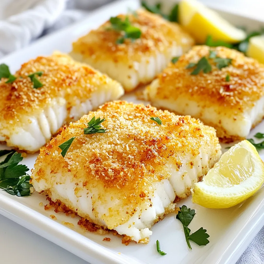 To make crispy Parmesan air fryer cod, gather these key ingredients: - 4 cod fillets (6 oz each) - 1 cup panko breadcrumbs - ½ cup grated Parmesan cheese - 1 teaspoon garlic powder - 1 teaspoon onion powder - ½ teaspoon paprika - ½ teaspoon dried oregano - Salt and pepper to taste - 1 large egg - 2 tablespoons lemon juice - Cooking spray You can add extra flavor to your cod with these options: - Fresh herbs like parsley or dill - A pinch of cayenne pepper for heat - Lemon zest for a bright touch Each serving of crispy Parmesan air fryer cod is healthy and filling. Here’s what you get: - Calories: 320 - Protein: 30g - Carbohydrates: 20g - Fat: 15g - Fiber: 1g This meal is not only tasty but also provides a good balance of protein and healthy fats. Enjoy this dish guilt-free! {{ingredient_image_1}} First, take the cod fillets and pat them dry with paper towels. This step helps the coating stick better. Make sure they are not wet. If they are, the breading will not crisp up nicely. Drying them well is key for that perfect crunch! In a shallow bowl, combine the panko breadcrumbs and grated Parmesan cheese. Add the garlic powder, onion powder, paprika, oregano, salt, and pepper. Mix it well. This coating gives the cod its crispy texture and rich flavor. In another bowl, beat one large egg and mix in two tablespoons of lemon juice. This mixture will help the breadcrumbs stick to the fish. Preheat your air fryer to 400°F (200°C). Once ready, take each cod fillet and dip it into the egg mixture. Make sure it is fully coated. Then dredge it in the breadcrumb mixture. Press gently to make sure it sticks. Place the coated fillets in a single layer in the air fryer basket. Lightly spray the tops with cooking spray for extra crispiness. Cook the cod for 10-12 minutes. Check halfway through to see if it’s cooking evenly. The cod should be golden brown and flake easily with a fork when done. Once cooked, let it cool for a few minutes before serving. To get the best crispiness, use panko breadcrumbs. They create a light and airy coating. Before frying, spray the cod with cooking spray. This helps the coating turn golden brown. You can also flip the fillets halfway through cooking. This ensures both sides get crispy. Do not skip drying the cod fillets. Patting them dry helps the coating stick. Avoid using too much egg mixture. If the fillets are soggy, the coating won't crisp up. Make sure to coat each fillet evenly. This prevents bald spots and helps achieve a golden crust. Use a high-quality cooking spray for the best results. Olive oil spray adds a nice flavor. Canola oil spray works well too. Both options help achieve that crispy texture without added calories. Avoid sprays with propellants, as they can leave a bad taste. Pro Tips Choose Fresh Cod: Always opt for fresh, high-quality cod fillets for the best flavor and texture. Look for fillets that are moist and have a mild scent of the sea. Egg Mixture is Key: The egg and lemon juice mixture not only helps the breadcrumbs stick but also enhances the flavor of the fish. Make sure to coat each fillet thoroughly. Adjust Cooking Time: Air fryers can vary in performance. Check your cod halfway through cooking to ensure it doesn’t overcook, adjusting the time as needed. For Extra Crispiness: Lightly spraying the tops of the fillets with cooking spray before air frying promotes a golden, crispy coating that enhances the overall texture. {{image_2}} If you want a gluten-free version, use gluten-free panko breadcrumbs. These breadcrumbs give you the same crunch without the gluten. You can also swap the flour with almond flour or crushed cornflakes for a tasty twist. For added flavor, mix in herbs and spices. Consider using fresh parsley, dill, or basil. You can also try adding cayenne pepper for heat or lemon zest for brightness. Experimenting with different herbs can create new taste experiences. Pair your crispy cod with simple sides. A fresh salad or steamed veggies works well. For sauces, tartar sauce or a homemade lemon aioli adds a nice touch. You can also serve with a side of rice or quinoa for a hearty meal. To store leftover cod, let it cool first. Place the fillets in an airtight container. Keep them in the fridge for up to three days. Make sure to cover the cod to keep it fresh. When you are ready to eat, reheat the cod in the air fryer. Set it to 350°F (175°C) for about 5 to 7 minutes. This keeps the coating crispy. Avoid using the microwave, as it can make the fish soggy. If you want to keep the cod longer, freezing is a great option. Wrap each fillet tightly in plastic wrap. Then, place them in a freezer bag. Label the bag with the date. You can freeze the cod for up to three months. When ready to use, thaw overnight in the fridge before reheating. Yes, you can use fresh cod. Fresh cod will taste great. Just ensure it is at a similar size. If your fillets are thicker, you may need to adjust cooking time. If your fillets are thicker than 6 oz, cook them a little longer. Start with 12-14 minutes. Check for a golden crust and flaky fish. You want it fully cooked but not dry. You can use Pecorino Romano as a substitute. It has a sharp flavor similar to Parmesan. Nutritional yeast is another option for a dairy-free choice. Both will still give you a nice crust. Yes, you can bake the cod in an oven instead. Preheat your oven to 425°F (220°C). Place the coated fillets on a baking sheet and bake for about 15-20 minutes. Check for doneness. We covered essential ingredients, instructions, and tips for cooking cod. You learned how to achieve crispiness, avoid common mistakes, and explore variations for extra flavor. Remember to store leftovers properly and reheat them to keep that perfect crunch. With these steps, you can enjoy a delicious meal anytime. Embrace the fun of cooking and don't hesitate to experiment with your favorite flavors!