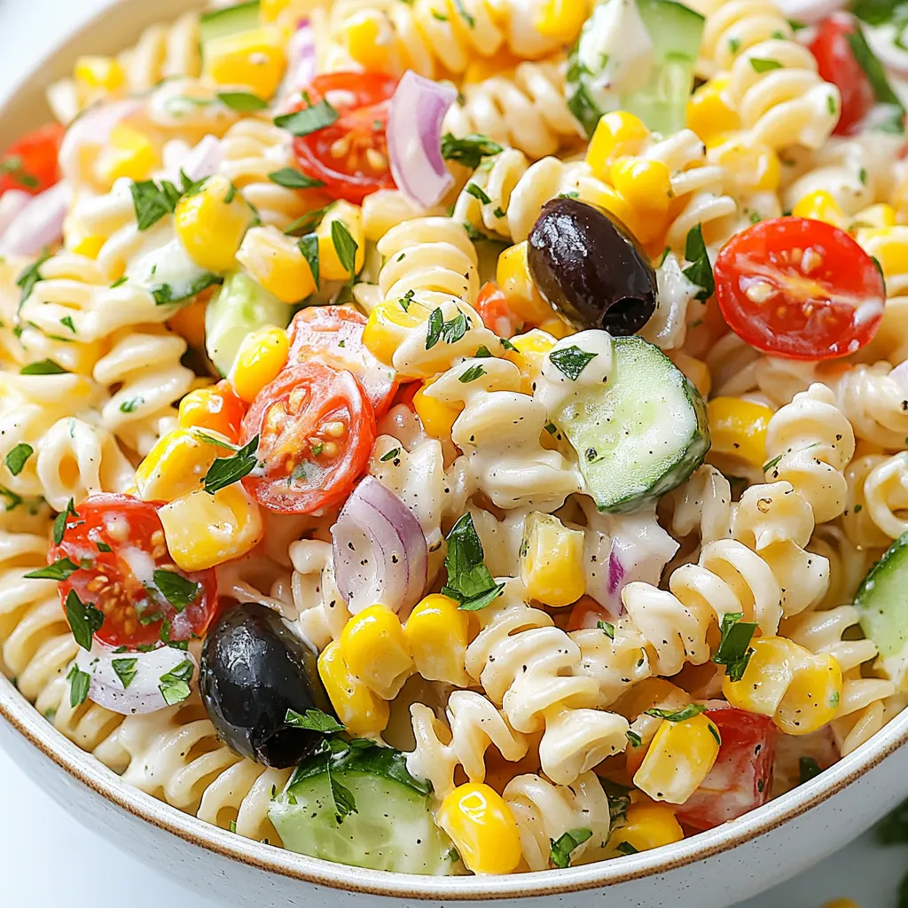 - 250g rotini pasta - 1 cup cherry tomatoes, halved - 1 cup cucumber, diced - 1/2 cup red bell pepper, diced - 1/4 cup red onion, finely chopped - 1 cup sweet corn (canned or cooked) - 1/2 cup black olives, sliced - 1 cup creamy Greek yogurt - 1/4 cup mayonnaise - 1 tablespoon Dijon mustard - 2 tablespoons lemon juice - Salt and black pepper to taste - 1 teaspoon dried oregano - Fresh parsley, chopped (for garnish) These ingredients create a wonderful mix of colors and flavors. The rotini pasta holds the creamy dressing well, making each bite a delight. Fresh vegetables like cherry tomatoes and cucumber add crunch and brightness. Using Greek yogurt and mayonnaise makes the dressing rich and creamy without being too heavy. Lemon juice adds a zesty kick. Oregano gives it warmth and depth. You can also add black olives and sweet corn for extra taste. Fresh parsley is not just a garnish; it adds a lovely touch of color and freshness. When you pick your ingredients, choose fresh ones. Fresh veggies make the salad taste better. If you want to switch things up, you can add other ingredients, but these are the core ones. {{ingredient_image_1}} 1. Start by boiling a large pot of salted water. Add enough salt to make the water taste like the sea. 2. Once the water boils, add 250 grams of rotini pasta. Cook it until al dente, which usually takes about 8 to 10 minutes. Stir it occasionally to prevent sticking. 3. After cooking, drain the pasta in a colander. Rinse it under cold water. This stops the pasta from cooking further and helps it cool down. 1. While the pasta cools, wash your vegetables. Dicing makes them easy to mix and eat. 2. Halve 1 cup of cherry tomatoes. Dice 1 cup of cucumber and 1/2 cup of red bell pepper. 3. Finely chop 1/4 cup of red onion. You can adjust the amount based on your taste. 4. Combine all these vegetables in a large mixing bowl. 1. In a separate bowl, whisk together the dressing ingredients. Use 1 cup of creamy Greek yogurt, 1/4 cup of mayonnaise, and 1 tablespoon of Dijon mustard. 2. Add 2 tablespoons of lemon juice, 1 teaspoon of dried oregano, and salt and black pepper to taste. 3. Taste the dressing and adjust the flavors. Add more salt, pepper, or lemon juice if needed. 1. Now, pour the creamy dressing over the pasta and vegetables in the mixing bowl. 2. Toss everything gently to coat the pasta and veggies evenly. Make sure every bite gets that creamy goodness. 1. After mixing, cover the salad with plastic wrap or a lid. Chill it in the fridge for at least 30 minutes. This helps all the flavors blend together. 2. When ready to serve, garnish the salad with freshly chopped parsley for a pop of color. Enjoy your refreshing creamy pasta salad! To get a creamy texture, always choose high-quality yogurt and mayonnaise. These add richness and flavor. You can also try using sour cream or cream cheese for a different twist. Both can make your pasta salad even creamier. To boost flavor, start with salt and pepper. You can also add garlic powder or onion powder. Using fresh herbs like parsley or basil can brighten your dish. They add color and taste. Just chop them finely for a nice touch. Creamy pasta salad goes great with grilled chicken or fish. It also pairs well with crusty bread. For serving size, about one cup is perfect for each person. This dish is great for picnics or potlucks. It stays fresh and tasty, making it a crowd-pleaser! Pro Tips Perfect Pasta: To achieve the best texture, make sure to cook the rotini pasta until it's al dente. This will help it maintain its shape and prevent it from becoming mushy when mixed with the dressing. Chill for Flavor: Allowing the pasta salad to chill in the refrigerator for at least 30 minutes helps the flavors meld together, resulting in a more delicious dish. Fresh Ingredients: Using fresh, high-quality vegetables such as ripe cherry tomatoes and crisp cucumbers can significantly enhance the overall taste and texture of your pasta salad. Customize Your Salad: Feel free to add other ingredients like diced avocado, feta cheese, or even cooked chicken to make this pasta salad your own! {{image_2}} You can use many types of pasta for this salad. Rotini works great, but penne and fusilli are also fun. They add a nice twist to your dish. If you need a gluten-free option, look for rice or chickpea pasta. These choices keep the dish tasty while meeting dietary needs. Adding protein can turn this salad into a meal. Grilled chicken or shrimp adds flavor and makes it filling. For a plant-based choice, try tofu or chickpeas. They boost protein without meat. Both options fit well with the creamy dressing. Fresh veggies can change with the seasons. In summer, add fresh corn or zucchini for a crisp bite. In winter, roasted squash or Brussels sprouts work nicely. Seasonal veggies keep your salad exciting and full of flavor. This way, you can enjoy a new taste each time you make it. Store your creamy pasta salad in an airtight container. This helps keep it fresh. If you don’t have one, use a bowl covered with plastic wrap. Make sure no air can get in. Place it in the fridge right after serving. This keeps it safe and tasty. Your creamy pasta salad lasts for about three to five days in the fridge. Look for signs that it has gone bad. If you see mold or an off smell, throw it away. If the pasta feels slimy, it’s time to say goodbye. Freezing creamy pasta salad is not recommended. The texture of the pasta and veggies may change when thawed. If you must freeze it, use a freezer-safe container. Thaw it in the fridge overnight before serving. Stir well to mix the ingredients again. Yes, you can use low-fat yogurt. It will make the salad lighter. Greek yogurt gives a rich taste, while low-fat yogurt is a healthier option. Both will still create a creamy texture. If you want to cut calories, low-fat yogurt works well. Try adding red pepper flakes or diced jalapeños. These will kick up the heat. You can also mix in hot sauce or a splash of sriracha. For a smoky flavor, consider smoked paprika. Adjust the amounts based on your spice level preference. Yes, you can make this salad vegan. Use dairy-free yogurt instead of Greek yogurt. Replace the mayonnaise with vegan mayo. For extra protein, add chickpeas or tofu. These swaps keep the salad tasty and creamy while being plant-based. This creamy pasta salad is easy to make and fun to personalize. You learned how to cook rotini, prepare fresh veggies, and whip up a tasty dressing. Mix everything for a quick meal or side dish. Remember, you can swap in different veggies, pasta types, or proteins to suit your taste. For storage, keep leftovers in the fridge or consider freezing for later. Enjoy your delicious creation with family and friends. It's a simple, tasty way to enjoy healthy ingredients anytime.
