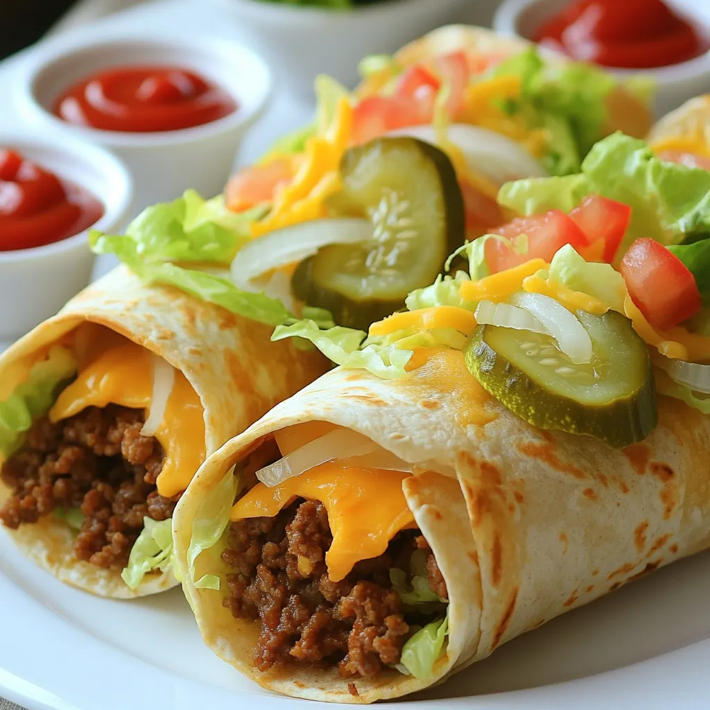 To make a tasty cheeseburger wrap, gather these main ingredients: - 1 pound ground beef - 1 tablespoon olive oil - 1 onion, finely chopped - 2 cloves garlic, minced - 1 teaspoon salt - 1/2 teaspoon black pepper - 1 teaspoon smoked paprika - 1 tablespoon Worcestershire sauce - 1 cup shredded cheddar cheese - 4 large whole wheat tortillas This mix of beef, spices, and cheese gives the wrap its rich flavor. The tortillas hold everything together, making it easy to eat. You can add fun toppings to your cheeseburger wrap. Here are some great choices: - 1 cup lettuce, shredded - 1 ripe tomato, diced - 1/2 cup pickles, sliced - Ketchup and mustard, for serving These toppings add crunch and freshness. Ketchup and mustard bring that classic burger taste. Want to switch things up? Here are some alternatives you can try: - Use ground turkey or chicken instead of beef for a lighter option. - Swap cheddar cheese for Swiss or pepper jack for a different taste. - Try a spinach tortilla for a colorful twist. - Use avocado slices or salsa for extra flavor. These changes can make your cheeseburger wrap unique and fun. Feel free to mix and match to find your favorite combo. First, grab a large skillet. Heat 1 tablespoon of olive oil over medium heat. Add the chopped onion and minced garlic. Cook them for 3 to 5 minutes until they look soft. This step adds great flavor. Now, add 1 pound of ground beef. Use a spatula to break it apart. Cook this for 5 to 7 minutes, stirring now and then. You want the beef to turn brown all over. Next, season the beef with 1 teaspoon of salt, 1/2 teaspoon of black pepper, 1 teaspoon of smoked paprika, and 1 tablespoon of Worcestershire sauce. Stir everything well. Let it cook for 2 more minutes. This helps the spices blend with the meat. Finally, take the skillet off the heat. Mix in 1 cup of shredded cheddar cheese. Watch it melt and get gooey. Now it's time to build your wrap! Take a large whole wheat tortilla. Lay it flat on a clean surface. Spoon about 1/4 of the cheeseburger mixture right in the middle. Top it with shredded lettuce, diced tomato, and sliced pickles. These fresh toppings make it crunchy and tasty. Next, fold in the sides of the tortilla. Then, roll it up tightly from the bottom. This keeps all the delicious fillings inside. Repeat this with the rest of the tortillas and filling. You should have four yummy wraps ready to go! If you like your wraps crispy, try this method. Place the wraps seam-side down in a heated skillet. Cook them for 2 to 3 minutes on each side. You want them golden brown. This adds a nice crunch to your wraps. Serve them warm with ketchup and mustard on the side for dipping. Enjoy! To make your cheeseburger wrap great, avoid these common mistakes. First, do not rush the beef cooking. Cooking too fast can lead to uneven browning. Next, don’t skip melting the cheese. This step adds creaminess. Finally, be careful not to overfill your wrap. Too much filling makes it hard to roll and can cause spills. To achieve the best melted cheese, use medium heat. This helps the cheese melt slowly and evenly. Adding the cheese at the end of cooking is key. Stir it into the hot beef mixture. It will melt nicely and become gooey. For extra flavor, try mixing different cheeses. Combining cheddar with Monterey Jack adds depth. You can easily enhance the flavor of your cheeseburger wrap. Try adding spices like chili powder or cumin for a kick. Fresh herbs like parsley or cilantro bring brightness. For a tangy twist, mix in a spoon of barbecue sauce or hot sauce. These additions make your wrap unique and tasty. {{image_2}} You can easily make a vegetarian cheeseburger wrap. Just swap the ground beef for plant-based meat. Options like lentils or black beans work well. You can also use grilled veggies, like mushrooms or zucchini, for a tasty twist. Add your favorite cheese or a vegan cheese to keep it creamy. Cheddar is great, but you can try other cheeses too. American cheese melts well and adds a classic taste. Swiss cheese gives a nutty flavor. If you want something stronger, blue cheese adds a punch. For a fun kick, pepper jack cheese brings heat and flavor. Ketchup and mustard are classic, but don’t stop there. Try barbecue sauce for a smoky flavor. Ranch dressing adds creaminess and tang. You can also mix mayonnaise with hot sauce for a spicy twist. Experiment with sriracha or garlic aioli for more zing. To keep your leftover cheeseburger wraps fresh, wrap them tightly in plastic or foil. This keeps them from drying out. Store them in an airtight container in the fridge. They will stay good for up to three days. If you want to keep them longer, freezing is the way to go. Reheating your cheeseburger wraps is easy. I recommend using an oven for the best results. Preheat your oven to 350°F (175°C). Place the wraps on a baking sheet. Cover them with foil to avoid burning. Heat for about 10-15 minutes. You can also use a microwave. Place the wrap on a plate, cover it with a damp paper towel, and heat for 1-2 minutes. Enjoy it warm and tasty! If you want to freeze your wraps, let them cool completely first. Wrap each one in plastic wrap, then place them in a freezer-safe bag. Remove as much air as possible to prevent freezer burn. These wraps can last up to three months in the freezer. When you’re ready to eat, just thaw them in the fridge overnight. Then, reheat as described above. This way, you can enjoy your cheeseburger wraps anytime! Yes, you can make cheeseburger wraps ahead of time. Prepare the filling and cool it down first. You can store it in the fridge for up to three days. When ready to eat, just assemble the wraps and enjoy. If you want to save time, you can wrap them tightly in foil or plastic wrap. This keeps them fresh. Cheeseburger wraps pair well with many sides. Here are a few great options: - French fries - Sweet potato fries - Fresh cucumber slices - Mixed green salad - Coleslaw These sides add texture and flavor to your meal. You can also serve them with a dipping sauce for extra fun! To make your cheeseburger wrap healthier, consider these tips: - Use lean ground beef or turkey. - Swap whole wheat tortillas for low-carb versions. - Add more veggies like spinach or bell peppers. - Choose low-fat cheese or skip it altogether. - Serve with fresh salsa instead of ketchup. These changes can reduce calories and boost nutrients. You can still enjoy the same great taste while making smarter choices! In this blog post, we explored how to make delicious cheeseburger wraps. We covered the key ingredients, cooking steps, and helpful tips. I shared tasty variations and smart storage ideas too. Remember, you can swap ingredients to fit your taste. You can even make these wraps ahead or serve them with sides. With these tools, you can create a fun and quick meal any time. Enjoy making your own cheeseburger wraps!