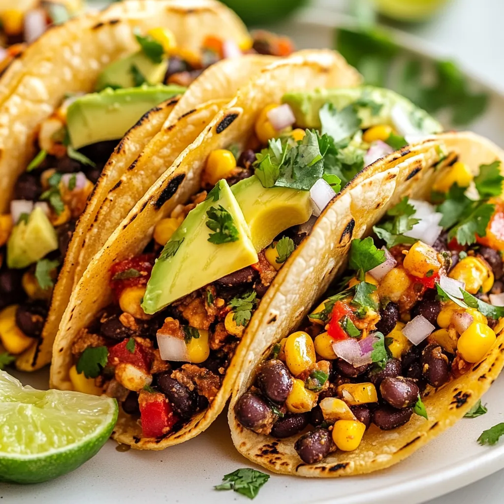 To make these spicy vegan street tacos, gather the following ingredients: - 1 can black beans, drained and rinsed - 1 cup corn kernels (fresh or frozen) - 1 red bell pepper, diced - 1 small red onion, finely chopped - 2 cloves garlic, minced - 1 jalapeño, minced (remove seeds for less heat) - 1 teaspoon cumin - 1 teaspoon smoked paprika - 1 tablespoon olive oil - Salt and pepper to taste - 8 small corn tortillas - 1 avocado, sliced - Fresh cilantro, for garnish - Lime wedges, for serving Black beans are a great vegan protein. They offer fiber and nutrients. You can also use lentils or chickpeas for a change. These options keep the meal filling and healthy. Experiment with different beans to find your favorite. Cumin and smoked paprika add depth to these tacos. Cumin gives a warm, earthy taste. Smoked paprika adds a bit of smokiness and sweetness. Adjust salt and pepper to your liking. You can also add lime juice for freshness. If you love heat, include more jalapeño or a dash of hot sauce. These simple seasonings create bold flavors that make each bite exciting. {{ingredient_image_1}} Start by heating olive oil in a large skillet over medium heat. Add finely chopped red onion and sauté for about three minutes. Wait until the onion turns soft and clear. Then, add minced garlic and stir. Cook for another minute. Next, toss in the diced red bell pepper and minced jalapeño. Cook these veggies for three to four minutes. They should soften nicely. Now it's time to mix in the black beans and corn. Pour them into the skillet and stir well. Sprinkle one teaspoon of cumin and one teaspoon of smoked paprika over the mix. Season with salt and pepper to your taste. Cook everything for five to seven minutes. Stir often to make sure it heats evenly. The smell will be fantastic! In a separate pan, heat the corn tortillas for about 30 seconds on each side. The tortillas should be warm and soft. Once warmed, it’s time to assemble your tacos. Take a tortilla and fill it with the spicy bean and corn mix. Top it with fresh avocado slices and a handful of cilantro. Serve with lime wedges on the side for that extra zing. Enjoy your tasty tacos! To make your tacos great, texture is key. Start with fresh veggies. Use a mix of soft and crunchy textures. Sauté onions until they are soft. This gives a nice base. Add red bell peppers and jalapeños next. Cook them just enough to stay crisp. Finally, mix in black beans and corn. They should be warm but not mushy. This mix creates a satisfying bite. Serve your tacos warm. Heat the corn tortillas for 30 seconds on each side. This keeps them soft and pliable. Fill them right away with your spicy bean mixture. Top with fresh avocado and cilantro. Don’t forget the lime wedges! They add a fresh burst of flavor. Serve the tacos on a colorful platter to make them pop. Want more heat? Add extra jalapeños or a pinch of cayenne pepper. Remove the seeds for a milder taste. You can also use hot salsa on top. If you prefer less spice, skip the jalapeños. You can add more avocado or a dollop of sour cream. This way, you can make these tacos fit your taste. Pro Tips Use Fresh Ingredients: For the best flavor, opt for fresh corn and ripe avocados. Fresh ingredients enhance the overall taste of your tacos. Adjust the Heat: If you prefer milder tacos, remove the seeds from the jalapeño. For extra heat, add more minced jalapeño or a dash of hot sauce. Warm Your Tortillas: Warming the tortillas helps them become more pliable and enhances the overall eating experience. A hot tortilla is key to a great taco! Garnish Generously: Don’t skimp on the cilantro or lime juice. These fresh toppings add brightness and balance to the spicy filling. {{image_2}} You can swap in different veggies to change the flavor. Try zucchini or mushrooms for a meaty bite. Sweet potatoes can add a nice sweetness. Even leafy greens like spinach or kale work great. Each veggie brings its own taste and texture to the tacos. Mixing and matching can make each taco unique. If you want a different protein, there are many choices. Chickpeas are a great substitute for black beans. They add a nice nutty flavor. Tofu is another option. You can marinate it for extra taste before cooking. Tempeh also works well and has a firm texture. Each of these options keeps the dish vegan while adding new flavors. Street tacos come from many regions. In Mexico, they often use fresh ingredients and simple spices. You might find tacos with roasted corn or different salsas. In the U.S., street tacos can mix flavors from other cultures. Think about adding kimchi for a Korean twist. Each region brings a unique spin to these tasty bites. Enjoying them helps you explore diverse culinary traditions. To store leftover filling, let it cool to room temperature first. Place it in an airtight container. This helps keep the flavors fresh. Store it in the fridge for up to three days. If you want to keep it longer, consider freezing it. Just remember to label the container with the date. When you’re ready to enjoy your tacos again, reheat the filling on the stove. Use medium heat and stir often. This will help the flavors come back to life. You can also use the microwave. Heat it in short bursts, stirring in between. Be careful not to overheat, or it might dry out. Freezing is a great way to prepare meals ahead of time. After cooling the filling, place it in a freezer-safe bag. Squeeze out as much air as possible before sealing. This prevents freezer burn. You can store it in the freezer for up to three months. When you're ready to eat, thaw it overnight in the fridge before reheating. The best toppings add flavor and texture. Here are some great options: - Sliced avocado for creaminess - Fresh cilantro for a pop of color - Diced tomatoes for freshness - Shredded lettuce for crunch - Vegan sour cream for tang - Pickled onions for a zesty kick - Lime wedges to squeeze on top These toppings make your tacos fun and tasty. Mix and match to find your favorite! Yes, you can easily make these tacos gluten-free. Use corn tortillas instead of flour tortillas. Most corn tortillas are naturally gluten-free. Always check the package to be sure. This way, everyone can enjoy them! Many restaurants offer vegan options. Look for: - Mexican restaurants with a vegan menu - Food trucks specializing in tacos - Vegan or vegetarian restaurants - Local markets with taco stands You can also ask for modifications at your favorite taco spot. Many places will happily make vegan versions. Making spicy salsa is easy and fun. Here’s a quick recipe: - 2 ripe tomatoes, diced - 1 jalapeño, minced (remove seeds for less heat) - 1 small red onion, finely chopped - 1 clove garlic, minced - Juice of 1 lime - Salt to taste Mix all ingredients in a bowl. Let it sit for 10 minutes for flavors to blend. This salsa pairs perfectly with your spicy vegan street tacos! Absolutely! You can cook the filling in different ways: - Grill: Use a grill pan for a smoky flavor. - Bake: Spread the mixture in a baking dish and bake for a warm filling. - Stir-fry: Cook quickly in a hot wok for a crunchy texture. These methods change the taste and texture, giving you new ways to enjoy your tacos! You learned about making tasty vegan street tacos. From key ingredients to best practices, each step builds flavor and fun. Remember to customize your tacos with different veggies and proteins. Store leftovers wisely for quick meals later. Enjoy exploring new tastes and spices to make these tacos your own. Now, it’s time to enjoy your creation and impress your friends!