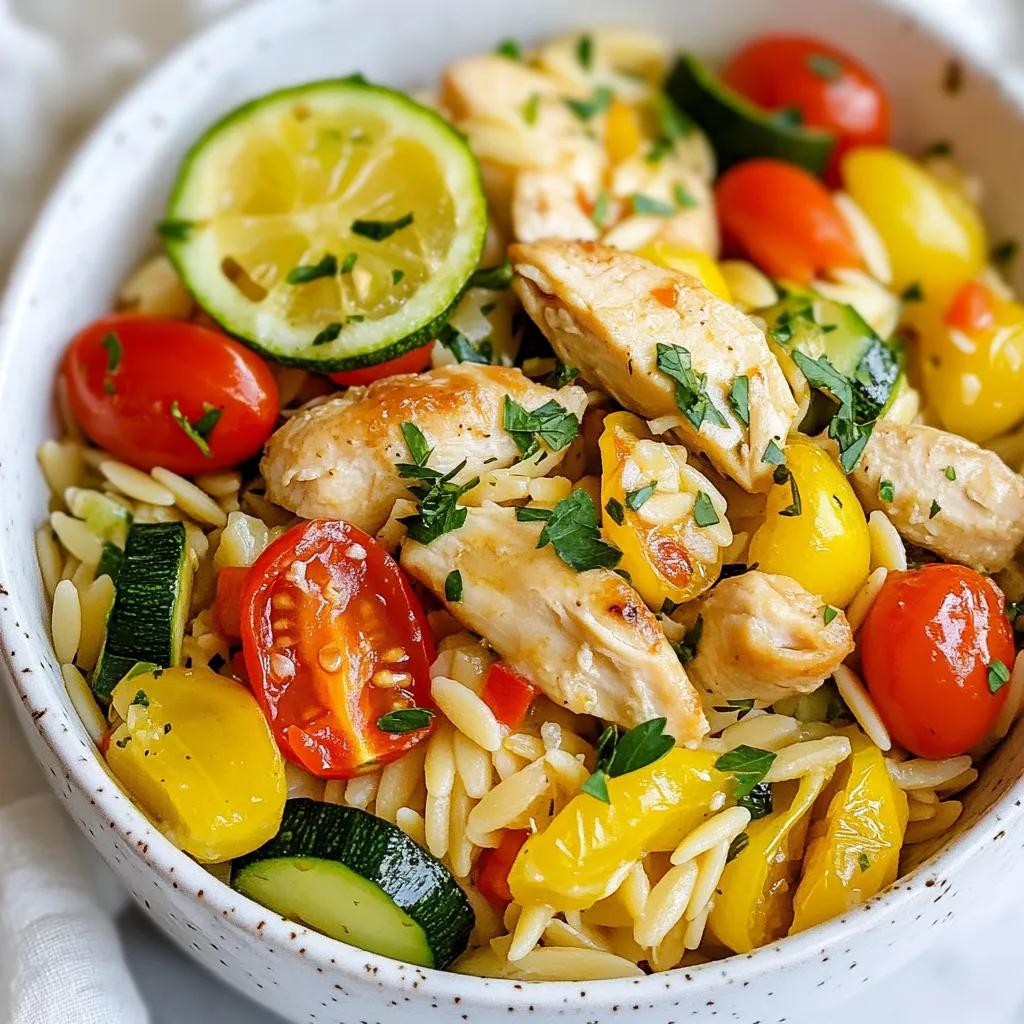 To make Lemon Veggie Orzo Chicken, you will need: - 1 cup orzo pasta - 1 lb boneless, skinless chicken breast, cut into bite-sized pieces - 2 tablespoons olive oil - 1 small onion, diced - 2 cloves garlic, minced - 1 zucchini, diced - 1 bell pepper (any color), diced - 1 cup cherry tomatoes, halved - 3 cups chicken broth - Zest of 1 lemon - Juice of 1 lemon - 1 teaspoon dried oregano - Salt and pepper to taste - Fresh parsley, chopped for garnish You can add these items to boost taste: - 1 teaspoon red pepper flakes for heat - 1/2 cup feta cheese for creaminess - Fresh basil leaves for extra freshness - A splash of white wine for depth If you have dietary needs, try these swaps: - Use quinoa or rice instead of orzo for gluten-free. - Swap chicken with firm tofu for a vegetarian dish. - Replace chicken broth with vegetable broth for vegan options. - Use olive oil or avocado oil for a healthier fat choice. {{ingredient_image_1}} Start by gathering all your ingredients. You'll need: - 1 cup orzo pasta - 1 lb boneless, skinless chicken breast, cut into bite-sized pieces - 2 tablespoons olive oil - 1 small onion, diced - 2 cloves garlic, minced - 1 zucchini, diced - 1 bell pepper (any color), diced - 1 cup cherry tomatoes, halved - 3 cups chicken broth - Zest of 1 lemon - Juice of 1 lemon - 1 teaspoon dried oregano - Salt and pepper to taste - Fresh parsley, chopped for garnish Chop the onion, garlic, zucchini, and bell pepper. This helps the dish cook evenly. In a large pot, heat the olive oil over medium heat. Add the diced onion and minced garlic. Sauté them until the onion looks clear, about 3-4 minutes. This step builds the flavor base. Next, toss in the chicken pieces. Season them with salt, pepper, and oregano. Cook the chicken until it turns brown and is cooked through, around 5-7 minutes. Make sure to stir often for even cooking. Now, add the zucchini and bell pepper to the pot. Cook for another 3-4 minutes until the veggies start to soften. Then, stir in the orzo pasta. Pour in the chicken broth, lemon zest, and lemon juice. Mix everything well to combine. Bring the pot to a boil. Once boiling, lower the heat and cover it. Let it simmer for about 10-12 minutes. Stir occasionally to keep the orzo from sticking. In the last few minutes, add the halved cherry tomatoes. This warms them without making them mushy. When the orzo is cooked and has soaked up most of the liquid, take it off the heat. Taste and adjust seasoning with more salt and pepper if needed. Serve warm and finish with a sprinkle of fresh parsley for a pop of color. Enjoy your Lemon Veggie Orzo Chicken! To get the best orzo texture, cook it until it’s al dente. This means it should be firm but not hard. Stir the orzo often while it cooks. This helps prevent it from sticking together. If the orzo absorbs too much broth, add a splash of water. This keeps it moist and tender. You can boost the flavor in many ways. Try adding fresh herbs like basil or thyme. For a kick, add red pepper flakes. You can also use different veggies. Broccoli or spinach works well too. If you want a richer taste, add a bit of grated Parmesan cheese before serving. A large pot is key for this dish. It should be deep enough for the orzo and broth. A wooden spoon helps mix everything well. A cutting board and sharp knife are great for prepping veggies and chicken. Having measuring cups and spoons ensures you get the right amounts. Pro Tips Use Fresh Ingredients: Fresh vegetables and herbs can significantly enhance the flavor of this dish. Opt for seasonal produce whenever possible. Don't Overcook the Orzo: Keep an eye on the orzo while it simmers to ensure it remains al dente. It will continue to cook slightly after being removed from heat. Customize the Veggies: Feel free to swap or add other vegetables like spinach, broccoli, or asparagus based on your preference or what you have on hand. Enhance with Cheese: For an extra layer of flavor, consider stirring in some grated Parmesan cheese just before serving. {{image_2}} To make Lemon Veggie Orzo Chicken vegetarian, skip the chicken. You can add more veggies instead. Try mushrooms, spinach, or carrots. Use vegetable broth in place of chicken broth. This keeps the dish rich in flavor. To make this dish gluten-free, swap orzo pasta for gluten-free pasta. You can find many brands that taste great. Also, check your chicken broth. Some brands add gluten, so look for gluten-free labels. Want more nutrients in your meal? Add chickpeas or lentils for protein. You can also toss in kale or broccoli for extra vitamins. Fresh herbs like basil or dill elevate the dish’s flavor and nutrition. You can store your Lemon Veggie Orzo Chicken in the fridge. Use an airtight container for best results. It keeps well for about 3 to 4 days. Make sure it cools before sealing it. This helps avoid moisture build-up. If you want to freeze it, use a freezer-safe container. This dish freezes well for about 2 to 3 months. Divide it into single servings if you like. Just remember to leave some space in the container. This allows for expansion as it freezes. To reheat, you can use the microwave or stovetop. If using a microwave, cover it to keep moisture in. Heat in short bursts, stirring in between. This helps it heat evenly. On the stovetop, add a splash of chicken broth to keep it moist. Heat over low, stirring often. Enjoy your meal again! Yes, you can use other pastas in this dish. I suggest using small shapes like ditalini or mini shells. These work well because they catch the sauce nicely. Avoid larger pasta shapes, as they need more time to cook. Just keep an eye on the cooking time. Adjust it based on the pasta you choose. To add heat, try these simple changes. First, add red pepper flakes while cooking the onion and garlic. You can also add diced jalapeño or fresh chili peppers. For a smoky flavor, try smoked paprika. Each of these will give your dish a nice kick without overpowering the lemon flavor. This dish pairs well with many sides. A fresh green salad brings a nice contrast. You could serve it with garlic bread for extra flavor. If you want something warm, try roasted vegetables. They add color and nutrients to your meal. This blog post covered key aspects of making Lemon Veggie Orzo Chicken. We discussed the essential ingredients, optional enhancements, and substitutes for dietary needs. I shared step-by-step instructions for preparing and cooking the dish, plus tips to get the best flavor and texture. Variations like vegetarian and gluten-free options help everyone enjoy it. Lastly, proper storage and reheating advice keep leftovers fresh. With these insights, you can create a delicious meal that suits your taste while enjoying the cooking process.