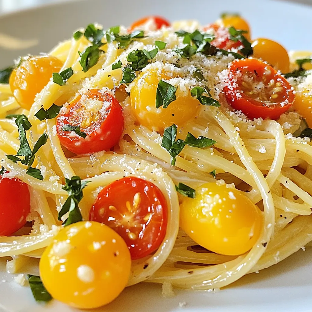 To make Cream Cheese Spaghetti, you need the following ingredients: - 8 oz spaghetti - 4 oz cream cheese, softened - 1 cup heavy cream - 1 cup grated Parmesan cheese - 2 cloves garlic, minced - 1 tablespoon olive oil - Salt and pepper to taste - 1 cup cherry tomatoes, halved - Fresh basil, chopped, for garnish You can make this dish even better with some fun add-ins: - 1 teaspoon red pepper flakes for heat - Cooked chicken or shrimp for protein - Spinach or peas for extra veggies - Fresh herbs like parsley or chives for flavor Using the right tools can help you cook better: - A large pot for boiling spaghetti - A skillet for making the sauce - A wooden spoon for stirring - A measuring cup for liquids - A knife and cutting board for prep {{ingredient_image_1}} First, fill a pot with water and add salt. Bring this water to a boil. Next, add 8 oz of spaghetti. Cook it until it is al dente, which usually takes around 8 to 10 minutes. Once done, reserve 1 cup of the pasta water. Then, drain the spaghetti and set it aside. In a large skillet, pour in 1 tablespoon of olive oil. Heat this over medium heat. Add 2 cloves of minced garlic and cook for about 1 minute until it smells great. Now, lower the heat. Add 4 oz of softened cream cheese to the skillet. Stir it until it melts and mixes with the garlic. Gradually pour in 1 cup of heavy cream. Keep stirring to make it smooth. Let the sauce simmer for a few minutes until it thickens a bit. Mix in 1 cup of grated Parmesan cheese. Stir until it melts. Season the sauce with salt, pepper, and red pepper flakes if you like some heat. Now, add the cooked spaghetti to the sauce in the skillet. Toss it well to coat every piece of pasta. If the sauce feels too thick, add some of the reserved pasta water a little at a time until it reaches your desired creaminess. Gently mix in 1 cup of halved cherry tomatoes, letting them warm in the sauce for about a minute. Your dish is now ready to serve! Garnish it with chopped fresh basil and a sprinkle of extra Parmesan if you want. Enjoy your creamy delight! To make your sauce creamy, use softened cream cheese. It blends better with the heavy cream. Stir it constantly until it melts smoothly. If the sauce gets too thick, add some reserved pasta water. This keeps it creamy without losing flavor. Let the spaghetti cool before storing. Use an airtight container for best results. It stays fresh in the fridge for up to three days. Reheat it gently on low heat. Add a splash of cream or water to help it stay creamy. Avoid overcooking the spaghetti. It should be al dente, or firm to the bite. Don’t skip the garlic; it adds great flavor. Also, remember to toss the spaghetti in the sauce well. This helps every bite taste delicious. Lastly, do not rush the sauce. Let it simmer for a few minutes to thicken. Pro Tips Use Fresh Ingredients: Opt for fresh basil and ripe cherry tomatoes for the best flavor in your dish. Control the Creaminess: Adjust the amount of heavy cream to control the richness of the sauce to your preference. Perfect Pasta Cooking: Make sure to cook the spaghetti just until al dente to avoid mushiness when mixed with the sauce. Customize the Heat: Add more or less red pepper flakes according to your spice preference for a personalized kick. {{image_2}} You can easily add protein to your Cream Cheese Spaghetti. Chicken, shrimp, or tofu all work well. For chicken, cook diced pieces in olive oil until golden. For shrimp, sauté them until pink and firm. If you prefer tofu, use firm tofu cut into cubes. Sauté until crispy. Mix the protein into the creamy sauce before adding the spaghetti. This step adds flavor and makes the meal heartier. If you want a vegetarian twist, consider using alternatives to cream cheese. Silken tofu blended until smooth can mimic cream cheese. You can also try cashew cream. Soak cashews in water and blend them until creamy. Both options keep the dish rich while making it plant-based. Adjust seasoning to match the cream cheese flavor for best results. Herbs and spices can elevate your Cream Cheese Spaghetti. Fresh basil adds a delightful touch. Try adding chopped parsley or thyme for extra flavor. For a little kick, red pepper flakes or crushed black pepper can spice things up. You can also add a splash of lemon juice for brightness. Experiment with different combinations to find what you love best. To keep your leftover cream cheese spaghetti fresh, place it in an airtight container. Make sure to cool the pasta to room temperature first. This helps prevent excess moisture and keeps the dish tasty. Store the container in the fridge. It will stay good for about three to four days. When you are ready to enjoy your leftovers, take the spaghetti out of the fridge. You can reheat it on the stove or in the microwave. If using the stove, add a splash of water or cream to the pan. Heat over low to medium heat, stirring often. In the microwave, cover the dish with a microwave-safe lid or wrap. Heat in short bursts, checking every 30 seconds. Stir between each burst to heat evenly. If you want to save your cream cheese spaghetti for later, freezing is a great option. First, cool it completely. Then, divide it into single portions. Use freezer-safe containers or bags. Remove as much air as possible to avoid freezer burn. Label the containers with the date. Your spaghetti can last in the freezer for up to three months. When ready to eat, thaw it in the fridge overnight before reheating. Yes, you can use low-fat cream cheese. It will change the taste and texture a bit. The sauce may be less rich, but it will still be creamy. Just make sure to mix it well with the garlic and heavy cream. To make this recipe gluten-free, swap regular spaghetti for gluten-free pasta. There are many great options available, such as rice or corn-based pasta. Cook it as directed on the package. The cream sauce will still taste great with gluten-free pasta. Cream Cheese Spaghetti pairs well with many sides. Here are some ideas: - A fresh garden salad - Garlic bread or breadsticks - Steamed vegetables like broccoli or green beans - Grilled chicken or shrimp for extra protein These options will add flavor and balance to your meal. In this blog post, we explored the ingredients and tips for making creamy spaghetti. We covered the required items, optional add-ins, and essential tools. I shared step-by-step cooking instructions and methods for achieving the perfect creaminess. We also discussed ways to customize your dish, store leftovers, and avoid common mistakes. Now you can enjoy this dish in many ways! Try it with different proteins or herbs. Your next pasta night can be a hit with these easy steps. Happy cooking!