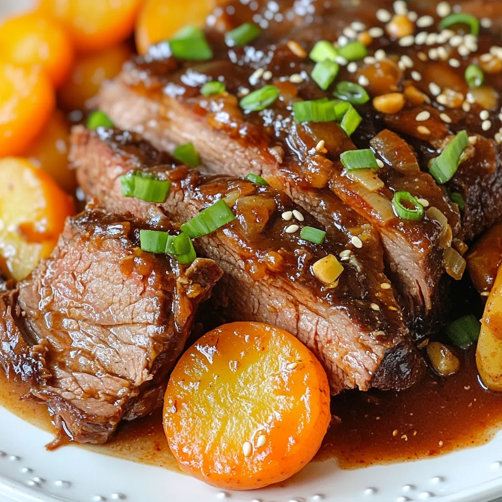 - 3-4 pounds chuck roast - 2 tablespoons vegetable oil - 1 cup onion, sliced - 4 cloves garlic, minced - 1 tablespoon ginger, minced - 1/3 cup gochujang (Korean chili paste) - 1/4 cup soy sauce - 1/4 cup honey - 2 cups beef broth - 3 medium carrots, cut into chunks - 2 cups baby potatoes, halved - 1 tablespoon sesame oil - Salt and pepper to taste - Sliced green onions and sesame seeds for garnish Gochujang is key. This Korean chili paste adds heat and a touch of sweetness. It gives the roast its unique flavor. You can find gochujang in Asian markets or online. Soy sauce adds umami and saltiness. Honey balances the heat. Sesame oil adds rich, nutty flavor. If you cannot find gochujang, you can use Sriracha or red pepper flakes. For soy sauce, low-sodium soy sauce works. You can swap honey with maple syrup or brown sugar. If you prefer a different meat, beef brisket or pork shoulder are good choices. {{ingredient_image_1}} To start, gather all your ingredients. You will need: - 3-4 pounds chuck roast - 2 tablespoons vegetable oil - 1 cup onion, sliced - 4 cloves garlic, minced - 1 tablespoon ginger, minced - 1/3 cup gochujang - 1/4 cup soy sauce - 1/4 cup honey - 2 cups beef broth - 3 medium carrots, cut into chunks - 2 cups baby potatoes, halved - 1 tablespoon sesame oil - Salt and pepper to taste - Sliced green onions and sesame seeds for garnish Next, season the chuck roast well with salt and pepper. Make sure to cover all sides. This step enhances the flavor of the meat. Now, heat the vegetable oil in a large Dutch oven over medium-high heat. Once hot, add the chuck roast. Sear it for 4-5 minutes on each side until it's a nice brown color. This step locks in the juices. Remove the roast and set it aside. In the same pot, add the onion, garlic, and ginger. Sauté these for about 3-4 minutes. You want the onion to become soft and clear. Next, stir in the gochujang, soy sauce, and honey. Cook for another 2-3 minutes. This mix will give your pot roast a sweet and spicy kick! Pour in the beef broth and scrape the pot's bottom. This will lift any tasty bits stuck to the pot. Put the seared chuck roast back into the pot along with the carrots and halved potatoes. Make sure everything is covered by the liquid. Bring the pot to a boil, then lower the heat. Cover and let it simmer for about 3 hours. The meat will become soft and easy to shred. After cooking, take the roast out of the pot. Let it rest for 10 minutes. This helps the juices settle. While it rests, stir in the sesame oil into the pot juices. This adds a rich flavor to the dish. Now, slice the pot roast against the grain. Serve it over rice or noodles. Drizzle the sauce from the pot on top. Garnish with sliced green onions and sesame seeds. Enjoy your Korean style pot roast! To get tender meat, start with a good cut. I like chuck roast because it has fat. The fat melts during cooking, making the meat juicy and soft. Sear the roast well before cooking. This locks in flavor and moisture. Cook it low and slow for the best results. Aim for three hours of simmering. This helps break down the tough fibers. When done, let the roast rest. This step keeps the juices in the meat. If you want more heat, add more gochujang. Start with a little and taste as you go. You can also mix in some red pepper flakes for extra kick. If it becomes too spicy, balance it with honey. Honey adds sweetness and helps reduce heat. Always remember to season to your taste. Food should be fun and enjoyable! Leftovers can be a treasure! Use them in sandwiches or tacos. Shred the meat and mix it with some sauce. You can add it to rice or noodles for a quick meal. Make a soup by adding broth and veggies. It’s a great way to use what you have. Don’t waste food; get creative and enjoy! Pro Tips Choose the Right Cut: Opt for a chuck roast, as it has the perfect amount of fat and marbling, ensuring a tender and flavorful pot roast. Don't Skip the Sear: Searing the roast before braising enhances the flavor and adds depth to the overall dish. Adjust Spice Level: If you prefer a milder taste, reduce the amount of gochujang or balance it with additional honey. Rest the Meat: Allowing the roast to rest before slicing helps retain its juices, resulting in a more succulent meal. {{image_2}} You can make a plant-based version of this dish. Start by using a large portobello mushroom or jackfruit as your "meat." Both options absorb flavors well. Cook them in the same way as the chuck roast. Replace beef broth with vegetable broth for a rich base. Use the same seasonings to keep that Korean kick. The gochujang will provide the needed spice, and the honey can be swapped for maple syrup for a vegan option. While chuck roast is great, you can try different meats. Brisket is one choice; it gets tender and juicy. Round roast works too but may be leaner. If you want chicken, thighs are best as they stay moist. For a leaner option, use pork shoulder. Each meat will change the taste but keep the dish delicious. Remember to adjust cooking times based on the meat you choose. You can customize the flavor of your pot roast easily. If you like it spicy, add more gochujang or some red pepper flakes. For a sweeter taste, increase the honey. If you want a deeper flavor, toss in some mushrooms or add a splash of rice wine. You can also mix in sesame seeds for extra crunch. Each tweak can create a new twist on this classic dish, making it uniquely yours. To store unused portions, first let the pot roast cool. Cut the roast into slices. Place the slices in an airtight container. Pour some of the pot juices over the meat to keep it moist. Seal the container well. Store it in the fridge if you plan to eat it in 3 to 4 days. To reheat, take the pot roast out of the fridge. Place the slices in a pan. Add a splash of beef broth or water to keep it moist. Heat on low over the stove until warm. You can also use the microwave. Cover the roast with a damp paper towel. Microwave in short bursts until hot. If you want to save the pot roast for later, freezing is a great option. Cut the roast into serving sizes. Wrap each piece tightly in plastic wrap. Then place the wrapped portions in a freezer bag. Remove as much air as possible from the bag. Label it with the date. You can freeze it for up to three months. Gochujang is a thick, red chili paste. It adds a unique sweet and spicy flavor to dishes. It contains chili powder, fermented soybeans, and salt. You can find gochujang in Asian markets or online. Many grocery stores also sell it in the international aisle. Look for jars or packets that are labeled “gochujang.” Yes, you can cook this recipe in a slow cooker. First, sear the chuck roast in a pan as the recipe says. Then, place it in the slow cooker. Add the onions, garlic, ginger, gochujang, soy sauce, honey, beef broth, carrots, and potatoes. Cook on low for 8 hours or on high for 4 hours. This makes the meat very tender and full of flavor. You can serve many side dishes with Korean Style Pot Roast. Here are some ideas: - Steamed rice or jasmine rice - Kimchi for a spicy kick - Pickled vegetables for crunch - Sautéed greens like spinach or bok choy - Simple cucumber salad for freshness These sides balance the rich flavors of the pot roast. Enjoy experimenting with different combinations! This blog post covered key ingredients, cooking steps, and handy tips for your dish. Understanding special Korean ingredients like gochujang can enhance your flavors. We also explored storage methods to keep leftovers fresh. Remember, cooking is about creativity. Adjust spices and experiment with proteins or vegan options. With these pointers, you can make a delicious meal that fits your taste. Enjoy the cooking process and share it with others! Your culinary journey in Korean cooking starts here.