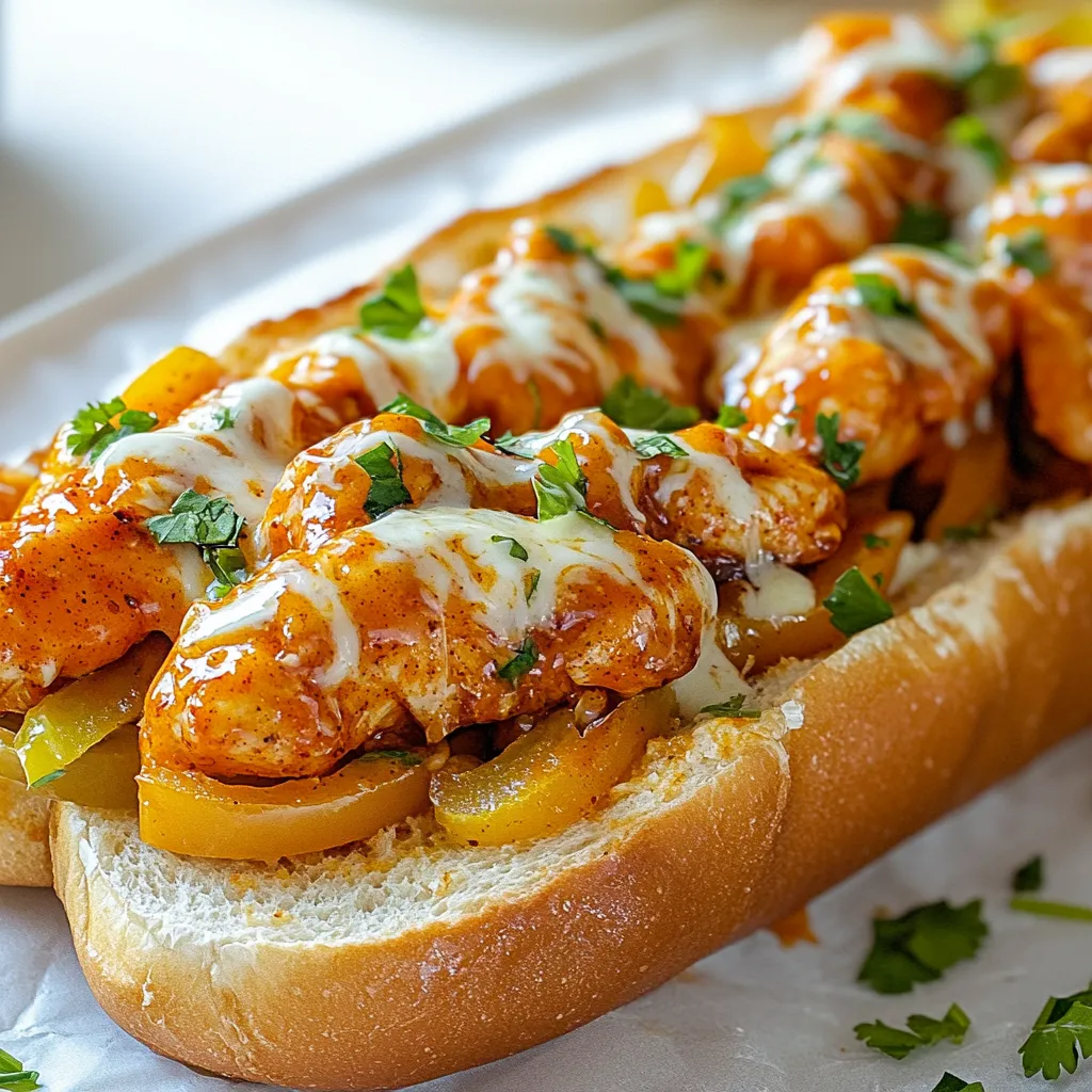 - 2 boneless, skinless chicken breasts - 1 tablespoon olive oil - 1 cup crushed buffalo sauce - 1 medium onion, sliced - 1 bell pepper (green or red), sliced - 4 slices provolone cheese - 4 hoagie rolls - Salt and pepper to taste - 1/4 cup blue cheese crumbles - Fresh parsley, chopped When it comes to buffalo sauce, I have a few favorites. Frank's RedHot is a classic choice. It offers a great balance of heat and flavor. Another good option is the Anchor Bar sauce, which adds a rich taste. If you want something less spicy, try Sweet Baby Ray's buffalo sauce. It brings sweetness with a mild kick. Choose what fits your taste best for a fun, flavorful meal. {{ingredient_image_1}} Start by slicing the chicken breasts into thin strips. This helps them cook fast and evenly. Season the strips with salt and pepper. This will add flavor. Next, heat a large skillet over medium heat and add one tablespoon of olive oil. Once the oil is hot, add the chicken strips. Cook them for about 5 to 7 minutes. You want them to be no longer pink inside. After that, pour in one cup of crushed buffalo sauce. Stir well to coat the chicken evenly. Let it cook for an extra 2 to 3 minutes. This gives the chicken time to soak up the spicy flavor. Now, it’s time to add some veggies. Push the cooked chicken to one side of the skillet. Add sliced onion and bell pepper to the empty space. Sauté these for about 4 to 5 minutes until they are tender. Once the vegetables are ready, mix them with the chicken. This creates a tasty filling. The sweet peppers and onions balance the spicy sauce well. Preheat your oven to 350°F (175°C). While it heats, slice the hoagie rolls lengthwise. Don’t cut all the way through; leave a pocket for the filling. Take a baking sheet and place the rolls on it. Spoon the buffalo chicken and veggie mix into each roll. Make sure to fill them well. Lastly, add a slice of provolone cheese on top of each filled roll. Bake them in the oven for about 5 to 7 minutes. You want the cheese to melt and bubble. If you like, sprinkle some blue cheese crumbles on top. Garnish with fresh parsley for a pop of color. Enjoy your savory buffalo chicken cheesesteaks! To make juicy chicken, start with fresh ingredients. Slice the chicken breasts thinly. This helps them cook fast and stay tender. Season lightly with salt and pepper. Heat olive oil in a skillet over medium heat. Add the chicken and cook for about 5-7 minutes. The chicken should turn white and firm. Pour in the buffalo sauce and stir well. Let it cook for a few more minutes. This helps the chicken soak up the flavors. For the best cheese melt, use provolone cheese. It melts nicely and adds great taste. When you assemble the cheesesteaks, place the cheese on top of the hot chicken. This helps it melt faster. Bake the cheesesteaks in a preheated oven at 350°F. Keep an eye on them for about 5-7 minutes. You want the cheese to be bubbly and slightly brown. This adds a lovely texture and flavor. To boost the flavor, don’t skip seasoning. Use salt and pepper on the chicken. Add more spice by mixing in garlic powder or onion powder. For a tangy kick, consider adding a dash of lemon juice. When you sauté the onions and peppers, they add sweetness. This balances the heat from the buffalo sauce. If you like blue cheese, sprinkle some on top. It adds creaminess and depth to each bite. Pro Tips Cook Chicken Thoroughly: Ensure the chicken is cooked to an internal temperature of 165°F (75°C) for safe consumption. Customize Heat Level: Adjust the amount of buffalo sauce based on your spice preference—add more for extra heat or less for a milder flavor. Vegetable Variations: Feel free to add other vegetables, such as mushrooms or spinach, to enhance the flavor and nutrition of your cheesesteak. Toasting Rolls: For an extra crispy texture, toast the hoagie rolls in the oven for a few minutes before filling them with the chicken mixture. {{image_2}} If you want to go meatless, try these tasty options. Use mushrooms or jackfruit as your main filling. Both options soak up flavor well. You can also add roasted cauliflower for great texture. Just sauté your veggies in olive oil until tender. Toss them in buffalo sauce for that spicy kick. This way, you can enjoy the cheesesteak without chicken. Cheese makes a cheesesteak special. Provolone is a classic choice, but you can mix it up. Try mozzarella for a milder flavor. Pepper jack adds nice heat, or go for cheddar for sharpness. If you want a creamy touch, use cream cheese or goat cheese. All these options melt beautifully and add rich taste. Buffalo sauce is a must, but don’t stop there. You can explore other sauces too. Barbecue sauce adds a sweet twist. Ranch dressing gives it a creamy, herb flavor. You can also sprinkle in spices like garlic powder or smoked paprika for more depth. Experiment with these flavors to make your cheesesteak unique and fun. After you enjoy your Buffalo Chicken Cheesesteak, you might have some left. To store leftovers, let them cool down first. Place the cheesesteaks in an airtight container. They can stay fresh in the fridge for about 3 to 4 days. If you want to keep them longer, freezing is a good option. When you're ready to eat leftovers, you can reheat them easily. Preheat your oven to 350°F (175°C). Wrap the cheesesteaks in foil to keep them moist. Heat for about 10-15 minutes until they are warm. You can also use a microwave, but the oven makes the cheese melt better. If you plan to freeze your Buffalo Chicken Cheesesteak, do it right after cooking. Wrap each cheesesteak in plastic wrap, then put them in a freezer bag. They can last for up to 3 months in the freezer. When you're ready to eat, thaw them in the fridge overnight. Then, reheat as mentioned above. This way, you have a quick meal ready anytime! You can enjoy Buffalo Chicken Cheesesteak with many sides. Some great options include: - Crispy French fries - Fresh coleslaw - Mixed green salad - Potato wedges - Sweet potato fries These sides add crunch and balance to the meal. You can also serve it with dipping sauces like ranch or blue cheese for extra flavor. Yes, you can make Buffalo Chicken Cheesesteak ahead of time. Here’s how: 1. Prepare the chicken and veggie mix as directed. 2. Allow it to cool before storing in the fridge. 3. Keep it in an airtight container for up to three days. When ready to eat, reheat the filling. Then assemble the cheesesteaks just before serving. This keeps the bread fresh and the cheese melty. The spice level of buffalo sauce varies. Store-bought versions can range from mild to hot. If you prefer less heat, look for mild sauces. You can also make your own sauce with less hot sauce and more butter. This way, you can control the heat to your liking. In this post, we explored how to make delicious Buffalo Chicken Cheesesteaks. We covered key ingredients, cooking methods, and helpful tips to keep your chicken juicy. You learned about fun variations, storage techniques, and answered common questions. Cooking at home can be fun and tasty. Experiment with flavors and make it your own. Enjoy every bite of your creation!