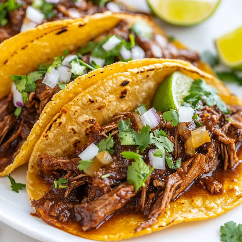 - 2 lbs beef chuck roast - 4 cloves garlic, minced - 4 cups beef broth - Corn tortillas In this recipe, the beef chuck roast shines. It becomes tender and full of flavor. I use garlic for a strong taste that enhances the dish. Beef broth adds depth, making each bite savory. Corn tortillas serve as the perfect vessel for the rich filling. - Oregano - Cumin - Chili powder - Smoked paprika The spices are key to the flavor. Oregano gives an earthy note. Cumin adds warmth, while chili powder brings heat. Smoked paprika adds a subtle smokiness that elevates the dish. This mix makes each taco bursting with flavor. - Fresh cilantro, chopped - Diced onions - Lime wedges Garnishes make the tacos pop. Fresh cilantro adds brightness and a nice crunch. Diced onions offer a sharp bite, balancing the rich beef. Lime wedges provide a zesty kick to each taco. These simple toppings create a well-rounded dish. {{ingredient_image_1}} Start by toasting the guajillo and ancho peppers. Place them in a dry skillet over medium heat. Toast them for about 2 minutes until they smell great. Make sure not to burn them; just enough to release their oils. Once toasted, transfer the peppers to a blender. Add the chopped onion, garlic, oregano, cumin, chili powder, smoked paprika, salt, and black pepper. Pour in one cup of beef broth. Blend everything until it’s smooth. If it’s too thick, add more broth to help it blend well. Now that your peppers are ready, blend the ingredients until smooth. This step is key for a tasty sauce. You want a nice, rich flavor. Adjust the thickness with beef broth if needed. A good sauce should flow easily but not be too watery. Next, layer your ingredients in the Crock Pot. Start with the beef chunks at the bottom. Pour the blended sauce over the beef. Add the rest of the beef broth and the bay leaves. Stir everything to mix it well. Cover the Crock Pot. Set it to low heat for 8 hours or high heat for 4 hours. The beef should be fork-tender when it’s done. This slow cooking makes the meat soft and full of flavor. To get the most flavor from your beef, marinate it overnight. Use a mix of spices, garlic, and onion for a rich taste. Toasting your dried spices is key. This brings out their natural oils and enhances the flavor. Just toast them lightly in a dry skillet for a minute or two. You will notice the difference when you taste your tacos. Toasting your tortillas is simple yet important. Heat a skillet on medium-high and toast each tortilla for about 30 seconds. This makes them warm and pliable. To keep them soft, wrap your tortillas in a clean kitchen towel after cooking. This helps hold in the heat and moisture, preventing them from getting stiff. Shredding beef can be fun and easy. Use two forks to pull apart the meat. This gives you nice, even shreds. To avoid dry meat, make sure you cook it long enough. The beef needs to be fork-tender after cooking. If it is dry, it may not have cooked for enough time. Always check for tenderness before shredding. Pro Tips Toast Peppers for Enhanced Flavor: Toasting the dried guajillo and ancho peppers before blending intensifies their flavor and brings out their natural sweetness, adding depth to your dish. Use Quality Beef Broth: Opt for a high-quality beef broth or homemade stock to ensure a rich and flavorful base for your birria. This will elevate the overall taste of the dish. Strain the Sauce: Straining the cooking liquid after the meat is done not only removes solids but also results in a smoother, more concentrated broth that can be drizzled over the tacos for added flavor. Warm Tortillas for Better Texture: Warming the corn tortillas in a skillet before assembling the tacos makes them more pliable and enhances their flavor, ensuring a delightful taco experience. {{image_2}} You can easily switch the beef in this recipe. Try using chicken or pork instead. Both meats absorb the flavors well. For a plant-based option, use jackfruit or mushrooms. These choices give a delicious twist. They also soak up the tasty sauce. If you want more depth, add chipotle peppers. They bring a nice smokiness. You can also try different dried peppers like pasilla or arbol. Each pepper adds its own unique taste. Feel free to mix and match to find your favorite flavor. For a fun twist, make Birria Quesa Tacos. Add cheese to the tortillas before filling them with beef. The melted cheese adds richness. You can also serve the tacos with dipping broth. This broth brings extra flavor and joy to each bite. It makes the meal feel special and warm. To keep your Birria fresh, place leftovers in a container. Let them cool down first. Seal it tightly, then store it in the fridge. Use it within three days for the best taste. If you want to save it longer, freezing is a great option. Divide the Birria into smaller portions. Use freezer-safe bags or containers. Remove as much air as you can before sealing. When you are ready to eat, there are safe ways to reheat your Birria. You can use a microwave. Just place it in a bowl with a lid. Heat it in short bursts, stirring in between. Another option is the stovetop. Use a pan over low heat, stirring often. To keep the tacos crispy, reheat the tortillas in a dry skillet. Toast them for about 30 seconds on each side. Birria tacos can last in the fridge for about three days. If you freeze them, they can last up to three months. Always check for signs of spoilage. Look for off smells or discoloration. If it smells bad or looks strange, it’s best to throw it out. Staying safe in the kitchen is key! For the best flavor and tenderness, I recommend beef chuck roast. It has enough fat to keep the meat juicy. You can also use brisket or short ribs. These cuts break down well during cooking, making the meat fork-tender. Yes! You can use a stovetop or an Instant Pot. For the stovetop, cook the beef in a pot with the sauce. Simmer it on low heat for about 2 to 3 hours. If you use an Instant Pot, set it to high pressure for about 60 minutes. Both methods will give you tasty Birria tacos. To prevent soggy tacos, toast the corn tortillas before filling. Lightly heat them in a skillet for 30 seconds on each side. Also, dip them in the broth quickly, so they soak up flavor without getting too wet. This keeps them firm when you pile on the beef. In this blog post, we explored how to make delicious Birria tacos. We covered essential ingredients like beef chuck roast, spices, and garnishes. I shared step-by-step instructions for preparing your beef and blending the perfect sauce. We also discussed tips for flavor, alternative proteins, and storage methods. Enjoy your cooking journey and try these tasty variations. You’ll impress everyone with your Birria tacos!