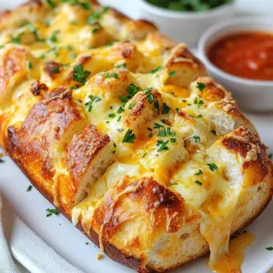 - 1 large loaf of sourdough or Italian bread - 1 cup shredded mozzarella cheese - 1 cup shredded sharp cheddar cheese - 6 tablespoons unsalted butter, melted - 4 cloves garlic, minced - 2 tablespoons fresh parsley, chopped (or 1 tablespoon dried parsley) - 1 teaspoon Italian seasoning - ½ teaspoon salt - ¼ teaspoon black pepper The main ingredients for cheesy pull-apart garlic bread are quite simple. You need a big loaf of sourdough or Italian bread. The bread holds all the cheese and flavors well. Next, mozzarella and sharp cheddar cheese give that gooey, tasty bite. You will also need unsalted butter, which adds richness. The garlic makes it all pop with flavor. Fresh parsley or dried parsley adds a nice touch of color and taste. Italian seasoning, salt, and black pepper enhance the flavors even more. - ½ teaspoon red pepper flakes for a spicy kick - Variations on cheese types For a bit of heat, you can add red pepper flakes. This spice works well if you like a kick. You can also switch up the cheese types. Try using gouda, provolone, or even pepper jack. Mixing cheeses can create a fun twist on this dish. Feel free to get creative with your ingredients. Cheesy pull-apart garlic bread is all about personal taste! {{ingredient_image_1}} 1. Preheating the oven: Start by setting your oven to 375°F (190°C). This step is key for perfect baking. 2. Making diagonal cuts in the loaf: Take a large loaf of sourdough or Italian bread. Place it on a cutting board. Make diagonal cuts about 1 inch apart. Cut downwards but don’t cut all the way through. Then, make similar cuts in the opposite direction. This creates a nice diamond pattern, which helps with stuffing. 1. Combining ingredients in a bowl: In a small bowl, add 6 tablespoons of melted butter. Next, add 4 minced garlic cloves, 2 tablespoons of chopped parsley, 1 teaspoon of Italian seasoning, ½ teaspoon of salt, and ¼ teaspoon of black pepper. If you like spice, you can add ½ teaspoon of red pepper flakes. Mix these ingredients well. 2. Flavor enhancements: The garlic butter brings a rich taste. The herbs add freshness. This mixture makes the bread super tasty. 1. Brushing the butter mixture into cuts: Take a brush and dip it into your garlic butter mix. Brush it generously into each cut of the bread. Make sure every cut gets some butter. 2. Packing cheese into the bread: Now it’s time to add the cheese! Take 1 cup of shredded mozzarella and 1 cup of sharp cheddar. Gently stuff the cheese into the cuts. Press it in well to ensure every bite is cheesy and delicious. 1. Wrapping the bread in foil: Wrap the stuffed bread tightly in aluminum foil. This helps the cheese melt evenly and keeps the bread soft. 2. Baking and toasting tips: Place the foil-wrapped bread on a baking tray. Bake it in the oven for 15-20 minutes. After 20 minutes, remove the foil. Bake for an extra 10-15 minutes. This step makes the bread crispy and the cheese bubbly. Once done, let it cool slightly before serving. To get the best melt from your cheese, wrap your bread in foil. This helps keep the heat in while it bakes. Make sure the foil is tight around the loaf. This way, the cheese melts evenly without drying out. Adjust the baking time based on your oven. If your bread is larger or thicker, add a few more minutes. Keep an eye on it! You want the cheese to bubble and the bread to toast just right. For a great presentation, serve your cheesy pull-apart garlic bread on a wooden cutting board. Sprinkle chopped parsley on top for color. It looks nice and adds fresh flavor. Consider adding a small bowl of marinara sauce or a spicy dipping sauce on the side. This adds a fun twist to every bite. It's perfect for sharing at parties or enjoying with family. Pro Tips Use Fresh Ingredients: Always opt for fresh garlic and parsley to enhance the flavor profile of your garlic bread. Cheese Variations: Feel free to experiment with different cheese types like pepper jack or gouda for a unique twist on flavor. Prevent Sogginess: To prevent the bread from getting soggy, make sure to brush off excess garlic butter before stuffing with cheese. Serving Suggestions: Pair with marinara sauce or a spicy aioli for dipping to complement the cheesy goodness. {{image_2}} You can play with different cheese types for your pull-apart bread. Try using provolone or gouda for a unique twist. A mix of cream cheese and cheddar adds a rich flavor. You can also use pepper jack for a spicy touch. Mixing cheese types creates layers of flavor. Just ensure they melt well. Changing the herbs and spices can elevate your bread. Fresh basil or oregano brings a fresh taste. Try thyme for a warm, earthy flavor. You can also add a pinch of smoked paprika for depth. Red pepper flakes can add a nice kick. Feel free to combine different spices to make it your own. To keep your cheesy pull-apart garlic bread fresh, use an airtight container. This helps lock in moisture and flavor. If you don't have one, wrap the bread tightly in plastic wrap. Store it at room temperature for up to two days. If you need to keep it longer, freeze it! Just wrap it well in aluminum foil or plastic wrap, and it can last up to three months. When it's time to enjoy your leftovers, the best way to reheat them is in the oven. Preheat your oven to 350°F (175°C). Place the bread on a baking sheet. Cover it with foil to keep the cheese from drying out. Heat for about 10-15 minutes. If you want a crispier crust, remove the foil for the last few minutes. This helps maintain that perfect cheesy texture and brings back the bread's original glory. How do I prevent the bread from getting soggy? To keep the bread from getting soggy, avoid over-soaking it with the garlic butter. Use just enough to coat the cuts. Also, wrapping the bread in foil prevents steam from making it wet. This method keeps the crust nice and crispy while the cheese melts inside. Can I make this recipe ahead of time? Yes, you can make this recipe ahead. Prepare the bread and stuff it with cheese and garlic butter. Wrap it tightly in foil and store it in the fridge. When you're ready to bake, just pop it in the oven. Adjust the time if baking from cold. What can I substitute for garlic? If you want to skip garlic, try using garlic powder or garlic salt. You could also use onion powder for a different flavor. Fresh herbs like thyme or rosemary can also add great taste without garlic. Can I use a different bread type? Absolutely! You can use any bread you like. French bread, ciabatta, or even whole grain bread work well. Just make sure the bread is sturdy enough to hold the cheese and butter mixture. This blog post covered the ingredients and steps to make cheesy garlic bread. You learned about different bread, cheese, and optional spices. We discussed tips to ensure perfect cheese melting and how to store leftovers. You can experiment with variations for a unique touch. In the end, making this dish can bring comfort and joy to any meal. With a few simple steps, you can impress your family and friends. Enjoy your cheesy creation!