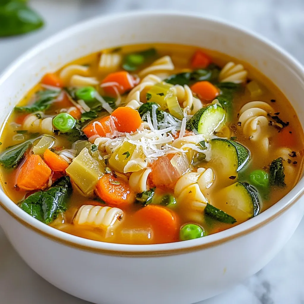 To make Olive Garden Copycat Minestrone, gather these fresh and tasty ingredients: - 1 tablespoon olive oil - 1 medium onion, diced - 2 cloves garlic, minced - 2 medium carrots, diced - 2 stalks celery, diced - 1 medium zucchini, diced - 1 cup green beans, chopped - 1 can (14.5 oz) diced tomatoes, undrained - 1 can (15 oz) kidney beans, rinsed and drained - 4 cups vegetable broth - 1 cup small pasta (like ditalini or elbow) - 2 teaspoons Italian seasoning - Salt and pepper to taste - 1 cup spinach leaves, roughly chopped - Grated Parmesan cheese for serving (optional) Each ingredient plays a role in creating a hearty and satisfying soup. The olive oil adds richness, and the garlic gives a nice aroma. Onions, carrots, and celery form a classic base, while zucchini and green beans add texture. Diced tomatoes and kidney beans boost flavor and nutrition. Vegetable broth ties everything together, making the soup warm and comforting. Using small pasta makes it easy to enjoy every bite. The Italian seasoning brings a lovely herb blend, while salt and pepper enhance the taste. Spinach adds a pop of color and nutrition. Lastly, a sprinkle of Parmesan cheese adds creaminess and depth. Gather these items, and you will be ready to create a delicious bowl of minestrone! {{ingredient_image_1}} 1. Heat 1 tablespoon of olive oil in a large pot over medium heat. 2. Add 1 medium onion, diced. Sauté for about 3-4 minutes until it is soft. 3. Stir in 2 cloves of minced garlic, 2 diced carrots, and 2 diced stalks of celery. Cook for 5 minutes, stirring often. 4. Next, incorporate 1 medium diced zucchini and 1 cup of chopped green beans. Cook for another 3-4 minutes. 1. Combine 1 can of undrained diced tomatoes, 1 can of rinsed kidney beans, and 4 cups of vegetable broth in the pot. Stir well. 2. Sprinkle in 2 teaspoons of Italian seasoning, along with salt and pepper to taste. Bring the mixture to a gentle boil. 3. Once boiling, reduce the heat and stir in 1 cup of small pasta. Cook for about 10-12 minutes until the pasta is al dente. 4. Finally, add 1 cup of roughly chopped spinach. Cook for 2 more minutes until the spinach wilts. - Serve the soup in warmed bowls for an inviting look. - Garnish with a sprinkle of grated Parmesan cheese and a drizzle of olive oil for extra flavor. To sauté vegetables for optimal flavor, start with a hot pot. Heat the olive oil over medium heat. Add the diced onion first. Cook for 3-4 minutes until it turns translucent. This step brings out the onion's sweetness. Next, stir in the minced garlic, diced carrots, and diced celery. Cook these for about 5 minutes. This mix creates a rich base. Then, add the zucchini and green beans. Cook them for another 3-4 minutes. This keeps them tender but crisp. For al dente pasta, use small pasta shapes like ditalini. Add the pasta to the soup when it boils. Cook it for 10-12 minutes. Check the pasta often. You want it firm, not mushy. To intensify the soup’s flavor, use fresh herbs. Add a bay leaf or a sprig of thyme while cooking. This gives a nice depth. You can also stir in a splash of balsamic vinegar at the end. It adds a sweet tang. Best spices to complement the recipe include Italian seasoning, salt, and pepper. These are key for a classic minestrone taste. Don’t skip the salt; it enhances all the flavors. Ideal accompaniments for Minestrone soup are crusty bread or a fresh salad. A slice of garlic bread pairs perfectly. The crunch of bread makes each bite better. For a special touch, serve the soup in warmed bowls. Garnish with grated Parmesan cheese and a drizzle of olive oil. This adds both flavor and visual appeal. Enjoy your bowl of cozy goodness! Pro Tips Use Fresh Vegetables: Fresh vegetables not only enhance the flavor but also add vibrant color and nutrition to your minestrone. Mix Up the Pasta: Feel free to use different types of pasta, such as whole grain or gluten-free, to suit your dietary preferences. Customize the Beans: Experiment with different types of beans, like cannellini or black beans, for a unique twist on the classic recipe. Season to Taste: Always taste your soup before serving and adjust the seasoning, especially salt and pepper, to ensure maximum flavor. {{image_2}} You can make this Minestrone soup fit your diet. For a vegetarian option, use vegetable broth instead of chicken broth. If you're vegan, skip the Parmesan cheese on top. You can easily swap beans too. Try black beans or cannellini beans if kidney beans are not your favorite. For pasta, use gluten-free options like quinoa or rice pasta. Want to add protein? Toss in some diced chicken or turkey sausage. You can also use tofu for a plant-based protein boost. For seasonal veggies, add butternut squash in fall or fresh peas in spring. This soup is very adaptable based on what you have on hand. If you like heat, add red pepper flakes while cooking. You can also mix in diced jalapeños or a splash of hot sauce. Start with a little, then taste. This way, you keep the soup’s flavor without it becoming too spicy. To keep your leftover minestrone fresh, store it in an airtight container. Let the soup cool to room temperature before sealing. This helps prevent moisture build-up. Your minestrone will stay good for up to four days in the fridge. If you notice any off smells or mold, it’s best to toss it. Freezing minestrone is a great way to save some for later. Pour cooled soup into freezer-safe containers or bags. Leave some space at the top, as the soup will expand when frozen. The best shelf life for frozen minestrone is about three months. Always label your containers with the date to keep track. When you’re ready to enjoy your soup, reheating it properly is key. You can use the stove or microwave. For the stove, pour the soup into a pot and heat over medium-low until warm. Stir often to keep it from sticking. For the microwave, use a microwave-safe bowl and heat for two minutes, stirring halfway through. This helps keep the flavor and texture just right. Avoid boiling the soup to maintain its taste. What can I substitute for vegetable broth? You can use chicken broth if you want. It adds a nice depth to the flavor. Water is another option, but it may taste bland. You can also mix water with some herbs for extra taste. Can I make this soup ahead of time? Yes! This soup tastes even better the next day. Just let it cool, then store it in the fridge. You can heat it up when you're ready to eat. How long does Minestrone last in the fridge? Minestrone can last about 3 to 5 days in the fridge. Make sure to store it in an airtight container. Check for any signs of spoilage before eating. Can I use canned vegetables in this recipe? Absolutely! Canned vegetables save time. Just drain and rinse them before adding. They might be softer, so adjust cooking time as needed. Is Minestrone soup healthy? Yes! Minestrone is packed with veggies and beans. It has fiber and vitamins. You can make it healthier by using low-sodium broth and skipping the cheese. What is the calorie count per serving? Each serving has about 150 to 200 calories. This depends on the ingredients you use. If you add cheese or extra pasta, the calories will go up. Minestrone soup is a tasty mix of veggies, beans, and pasta. We covered its main ingredients, cooking steps, and tips to boost flavor. Remember to experiment with variations, like adding spices or different veggies. Store it right to enjoy later, and reheating is easy without losing that delicious taste. Minestrone offers warmth and comfort in every bowl, making it a favorite for all. Enjoy your cooking adventure with this simple and healthy recipe.