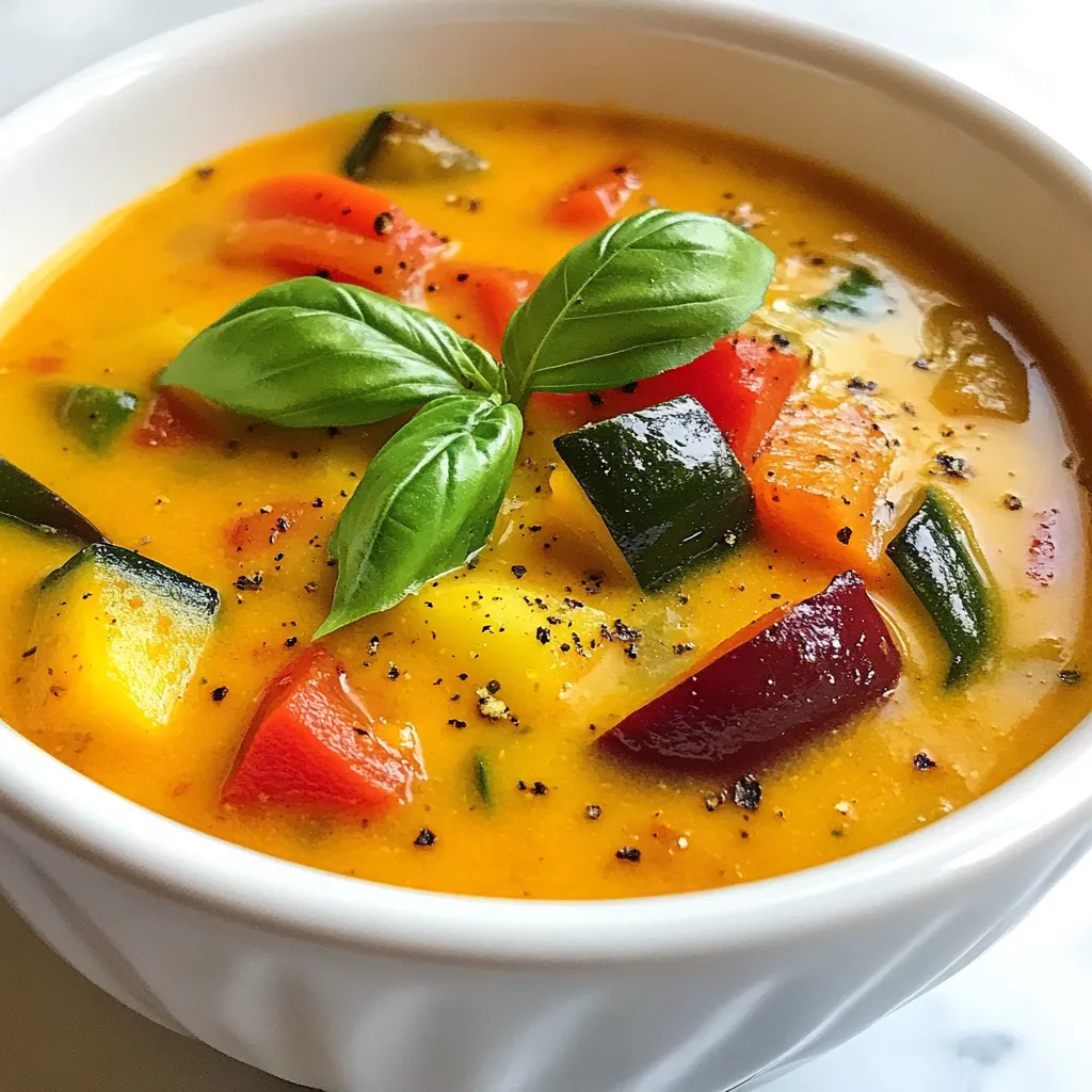 - 1 red bell pepper, chopped - 1 yellow bell pepper, chopped - 1 zucchini, diced - 1 eggplant, diced - 1 carrot, chopped - 1 onion, diced - 4 cloves garlic, minced - 1 teaspoon dried thyme - 1 teaspoon paprika - 4 cups vegetable broth - 2 tablespoons olive oil - Salt and pepper to taste - Fresh basil leaves for garnish When making roasted vegetable soup, fresh ingredients shine through. You want ripe, colorful veggies. Look for peppers with smooth skin and no blemishes. Zucchini should be firm, while eggplants feel slightly heavy. Choose carrots that snap easily and onions that feel solid. Fresh garlic smells strong and sweet. - Always check for firmness and color. - Seasonal veggies taste the best. In spring, use asparagus. In fall, add squash. - Add spices like cumin or curry for warmth. - For protein, toss in cooked beans or lentils. {{ingredient_image_1}} Start by washing all your fresh veggies. You want them clean and ready. Next, chop the red and yellow bell peppers into bite-sized pieces. Dice the zucchini and eggplant, and chop the carrot and onion. Mince the garlic. In a large bowl, mix your chopped vegetables. Drizzle two tablespoons of olive oil over them. Add one teaspoon of dried thyme, one teaspoon of paprika, and salt and pepper to taste. Toss everything well. Make sure all pieces are coated evenly. Preheat your oven to 425°F (220°C). This high heat helps caramelize the veggies. Spread the mixed vegetables onto a parchment-lined baking sheet. Make sure they are in a single layer. This helps them roast evenly. Roast the veggies for 25-30 minutes. They should be tender and lightly browned. Stir them halfway through for even cooking. The sweet aroma will fill your kitchen and make you hungry! Once the veggies are roasted, move them to a large pot. Pour in four cups of vegetable broth. Bring this mixture to a simmer for 10-15 minutes. This step helps blend the flavors nicely. For blending, an immersion blender works great. It keeps things easy and mess-free. If you want a smooth soup, blend everything until it’s creamy. If you prefer a chunkier texture, blend only half of it. This gives you a nice mix of smooth and chunky bits. Taste and adjust the seasoning as needed, then serve hot. Enjoy your delicious soup! To achieve caramelization, make sure your vegetables are in a single layer. This helps them cook evenly. I recommend using parchment paper on your baking sheet. It stops sticking and helps with cleanup. Roasting at 425°F (220°C) makes the edges crisp and brings out the natural sweetness. Avoiding sogginess is key. Don’t overcrowd the pan. If you pile too many veggies together, steam forms. This prevents that nice, roasted flavor you want. Adding lemon juice is a great way to brighten the soup. Citrus cuts through the richness and balances the flavors. You can squeeze in some fresh juice right before serving. Adjust spice levels to suit your taste. If you love heat, add red pepper flakes. For a milder soup, stick with the herbs in the recipe. Tasting as you go will help find the right balance. Roasted vegetable soup pairs well with crusty bread. A good slice of sourdough or a baguette works wonders. You can also serve it with a side salad for a complete meal. For creative garnishes, try a swirl of olive oil on top. Fresh basil leaves add a pop of color and flavor. A sprinkle of grated cheese can also add extra richness. Make it your own! Pro Tips Use Seasonal Vegetables: Select vegetables that are in season for the best flavor and nutrition. Blend for Texture: </strongAdjust the blending time based on your preference for a smooth or chunky soup. Flavor Boosting: Add a splash of lemon juice or a dash of hot sauce for an extra flavor kick. Storage Tips: This soup can be stored in the refrigerator for up to 5 days or frozen for later use. {{image_2}} You can easily make this soup vegan. Just use vegetable broth instead of chicken broth. This swap keeps the soup plant-based and tasty. To add protein, try adding lentils or chickpeas. Both options boost nutrition and flavor. To keep your soup gluten-free, check all labels. Ensure the broth and any toppings are free of gluten. You can sprinkle gluten-free croutons on top for a nice crunch. They add texture without any gluten risks. Change the veggies based on the season. In summer, use fresh tomatoes or corn. In fall, add squash or sweet potatoes. For special occasions, you might add herbs like rosemary or thyme. These small changes make the soup feel festive and fresh. Let the soup cool down completely before storing. This helps keep it fresh. Use airtight containers to keep out air and moisture. Glass jars work well, and you can also use plastic containers. Just make sure they are safe for the freezer if you plan to freeze. To freeze the soup, pour it into containers, leaving space at the top. The soup will expand as it freezes. It’s best to freeze the soup in single-serving portions. To reheat, take the container out of the freezer and let it thaw in the fridge overnight. You can also microwave it directly from frozen. Heat in short bursts, stirring in between. This ensures even heating. In the fridge, the soup stays fresh for about 3 to 4 days. Make sure to check for any signs of spoilage. If it smells sour or looks off, it’s best to throw it away. Always trust your senses; they can guide you well when it comes to food safety. Yes, you can use frozen vegetables. They are convenient and save time. Just make sure to thaw them before roasting. This helps them cook evenly. You may need to adjust roasting time since frozen veggies may release more water. Roasted vegetables are full of vitamins and minerals. They provide fiber, which helps digestion. Roasting brings out natural sugars, making them sweeter. This method also retains nutrients better than boiling. Overall, they make a tasty and healthy addition to your diet. To add some heat, try these tips: - Add crushed red pepper flakes while roasting. - Mix in fresh chili peppers when blending. - Stir in a splash of hot sauce after blending. Adjust the spice to fit your taste. Absolutely! This soup tastes even better the next day. You can make it and store it in the fridge. Just let it cool and place it in an airtight container. It will last up to five days. If your soup is too thick, add more broth or water. Stir it in gradually until you reach your desired consistency. Heat it back up on the stove after adding liquid. Adjust the seasoning after adding more liquid if needed. Yes, many brands offer low-sodium vegetable broth. You can also make your own at home. Use fresh vegetables, herbs, and spices without added salt. This allows you to control the sodium content in your soup. In this post, we covered all the essential steps to make delicious roasted vegetable soup. You learned about key ingredients, proper vegetable selection, and cooking techniques. We also shared tips for storage and creative variations to match your tastes. Remember, using fresh veggies makes a huge difference in flavor. Enjoy experimenting with spices and toppings! Make this soup your own by adjusting ingredients, and savor every spoonful. Happy cooking!