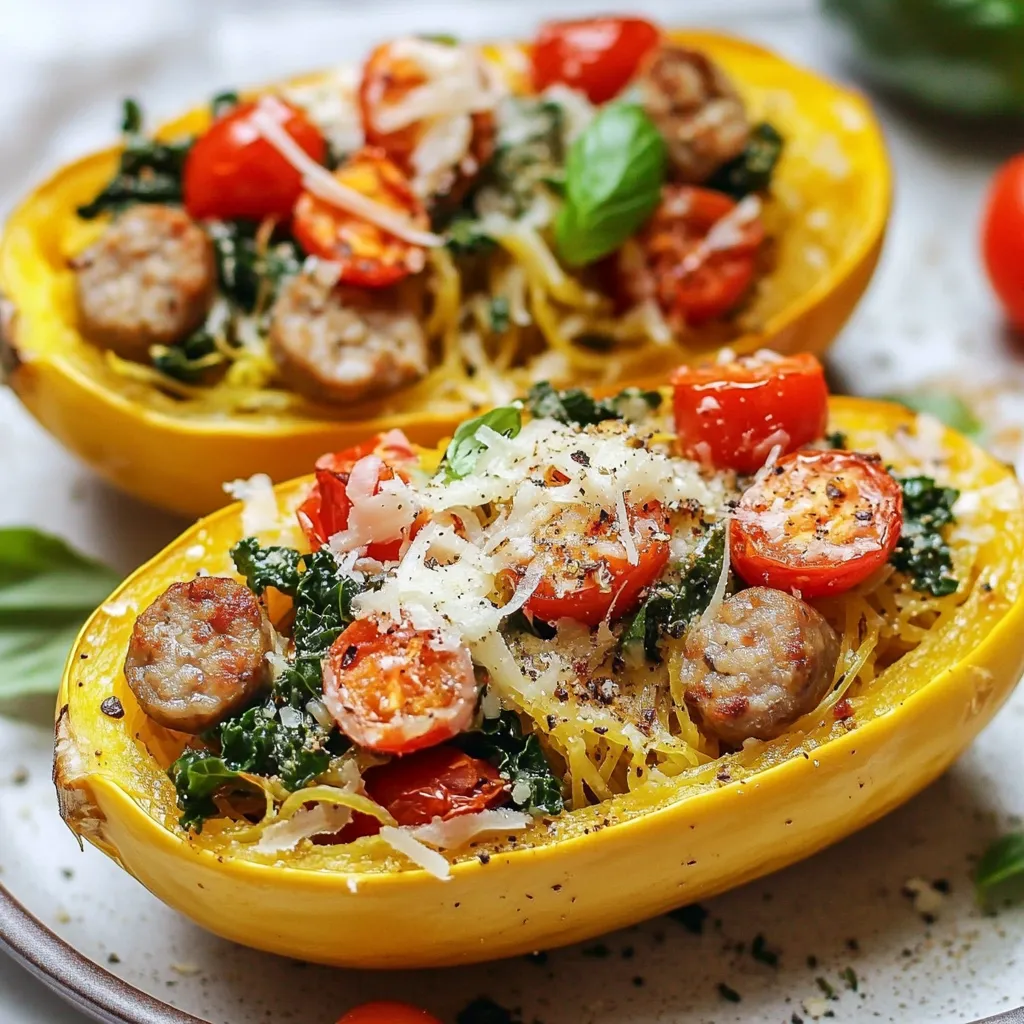 Here is what you need for Autumn Sausage Pasta Squash: - 1 medium spaghetti squash - 2 tablespoons olive oil - 1 pound Italian chicken sausage, casings removed - 1 small onion, diced - 2 cloves garlic, minced - 1 red bell pepper, diced - 2 cups kale (or spinach), chopped - 1 cup cherry tomatoes, halved - 1 teaspoon dried oregano - 1 teaspoon red pepper flakes (optional) - Salt and pepper to taste - 1 cup Parmesan cheese, grated - Fresh basil leaves for garnish These ingredients create a warm, hearty dish. The spaghetti squash acts as the base, giving a great texture. The Italian chicken sausage adds savory depth. Fresh vegetables bring color and nutrients. The cheese adds creaminess, while basil gives a fresh touch. Each ingredient plays an important role in the dish's flavor. {{ingredient_image_1}} Roasting the squash First, preheat your oven to 400°F (200°C). Cut the spaghetti squash in half lengthwise. Scoop out the seeds and discard them. Drizzle the inside with olive oil. Sprinkle salt and pepper on it. Place the squash cut-side down on a baking sheet lined with parchment paper. Roast it for 25-30 minutes. The flesh should be tender and easy to shred. Shredding the flesh Once the squash is done, take it out of the oven. Let it cool for a few minutes. Then, use a fork to shred the flesh. You will get long strands that look like spaghetti. Set this aside while you cook the sausage and veggies. Browning the sausage In a large skillet, heat over medium heat. Add the Italian chicken sausage, breaking it into small pieces with a spatula. Cook this for about 5-7 minutes. You want it browned and cooked through. Sautéing the onion, garlic, and bell pepper Now, add the diced onion to the skillet. Sauté for 3-4 minutes until it turns translucent. Next, stir in the minced garlic and red bell pepper. Cook this mix for another 3 minutes until the peppers soften. Adding greens and tomatoes Once the peppers are soft, toss in the chopped kale or spinach. Cook it until it wilts, which takes about 2 minutes. Then, add the halved cherry tomatoes, dried oregano, and red pepper flakes, if you like heat. Cook everything together for another 2-3 minutes. Season with salt and pepper to your taste. Tossing everything together Now, you can bring it all together. Add the shredded spaghetti squash to the skillet with the sausage and veggies. Toss everything well to mix all the flavors. Melting in the Parmesan cheese Finally, remove the skillet from the heat. Stir in half of the grated Parmesan cheese. This will melt and mix evenly throughout your dish. Serve hot, adding the rest of the cheese on top, and finish with fresh basil leaves for a tasty touch. To roast spaghetti squash, set your oven to 400°F (200°C). Cut the squash in half and scoop out the seeds. Drizzle olive oil on the flesh and add salt and pepper. Place it cut-side down on a baking sheet lined with parchment paper. Roast for 25-30 minutes. To check if it’s done, poke it with a fork. If it shreds easily, it’s ready! To add more depth, try these seasonings: - Fresh herbs like thyme or rosemary. - A squeeze of lemon juice for brightness. - Nuts or seeds for crunch. If you like spice, add more red pepper flakes or even some chili powder. Adjust to match your taste! Serve this dish with a fresh side salad. A light vinaigrette pairs well. You can also serve crusty bread on the side for a hearty touch. For presentation, serve in bowls garnished with fresh basil and extra Parmesan. It looks stunning and invites everyone to dig in! Pro Tips Choose the Right Squash: Look for a spaghetti squash that feels heavy for its size, indicating it's ripe and full of flavor. Perfectly Browned Sausage: Allow the sausage to cook undisturbed for a few minutes to achieve a nice brown crust, enhancing the flavor. Add Fresh Herbs: Incorporate fresh herbs like thyme or parsley for an extra layer of flavor and freshness in the dish. Customize Your Greens: Feel free to substitute kale with other leafy greens like Swiss chard or arugula for a different taste and texture. {{image_2}} You can switch the sausage in this dish. Turkey sausage works great and is leaner. If you prefer plant-based options, try using veggie sausage. It adds flavor and helps keep the meal light. For a vegetarian version, add lentils or chickpeas. These legumes give protein and make the dish hearty. Feel free to mix in other vegetables. Seasonal changes bring fresh options. You can use butternut squash or zucchini instead of spaghetti squash. This keeps the dish exciting and colorful. Adding root vegetables like carrots or parsnips adds sweetness and depth. Experiment with what you have on hand. Not a fan of Parmesan? You have options here too! Try dairy-free cheese for a vegan twist. Nutritional yeast adds a cheesy flavor without dairy. If you want to use a different cheese, consider mozzarella or goat cheese. These alternatives bring unique tastes and textures to your meal. To keep your Autumn Sausage Pasta Squash fresh, follow these steps: - Let the dish cool down to room temperature. - Place leftovers in an airtight container. - Store in the fridge for up to 3 days. - Use clear labels to mark the date. Keeping the dish sealed helps maintain flavor and texture. To enjoy your leftovers, reheat them simply. Here’s how to do it: - Use a microwave-safe dish. - Cover with a damp paper towel. This helps keep moisture. - Heat on medium for 1-2 minutes, stirring halfway through. To avoid sogginess, don’t overheat. If using a skillet, add a splash of olive oil. This adds flavor and prevents sticking. Is it freeze-friendly? Yes! You can freeze this dish. Here’s how: - Cool the pasta squash completely. - Place it in a freezer-safe container or bag. - Make sure to remove as much air as possible. To thaw, move it to the fridge overnight. Reheat it gently on the stove or in the microwave. This keeps the texture nice. Cooking spaghetti squash takes about 25-30 minutes in the oven at 400°F (200°C). You can also cook it in the microwave. To microwave, place it cut-side down in a dish with water. Cook for about 10-12 minutes. Check for tenderness with a fork. Yes, you can use different types of sausage. Try pork, turkey, or even plant-based sausage. Each will add a unique flavor. Just make sure to cook the sausage thoroughly. This will keep your dish delicious and safe to eat. You can pair this dish with a simple green salad or some crusty bread. A light vinaigrette goes well with the meal. You might also serve a side of roasted vegetables. This makes for a balanced and tasty dinner. This recipe brings together spaghetti squash and tasty chicken sausage for a nutritious meal. We covered ingredients, preparation steps, and helpful tips to enhance flavor. You can also try different proteins and veggies for a fun twist. This dish is great for leftovers and easy to store. Experiment with your own flavors and find what you enjoy most. Enjoy creating a healthy and delicious meal that satisfies your cravings.
