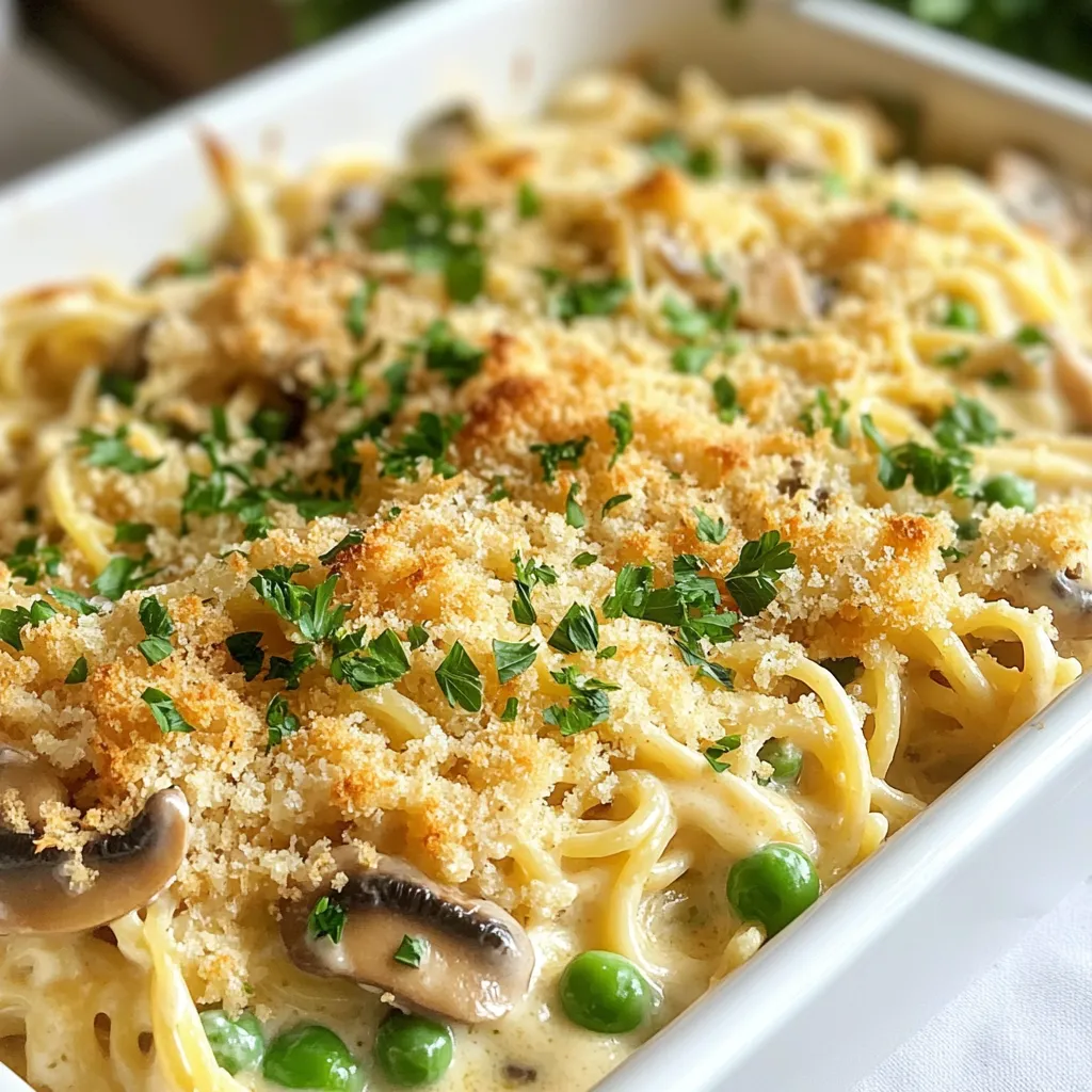 - 3 cups cooked chicken, shredded - 8 ounces spaghetti or fettuccine Chicken is the star of this dish. You can use leftover chicken or rotisserie chicken for ease. The pasta, either spaghetti or fettuccine, adds a nice bite and texture. - 2 cups mushrooms, sliced - 1 cup frozen peas - 1 cup chicken broth - 1 cup heavy cream - 1 cup grated Parmesan cheese Mushrooms provide a rich flavor and a meaty texture. Peas add a pop of color and sweetness. Chicken broth makes the dish moist, while heavy cream gives it that creamy goodness. Don’t forget the Parmesan; it adds a nice salty kick. - 1 tablespoon olive oil - 1 teaspoon garlic powder - 1 teaspoon onion powder - Salt and pepper to taste - ½ cup breadcrumbs (for topping) - Fresh parsley, chopped (for garnish) Olive oil is great for sautéing. Garlic and onion powders boost the flavor without extra chopping. Salt and pepper are important to bring all the tastes together. The breadcrumbs give a crunchy top, while fresh parsley adds a bright finish. {{ingredient_image_1}} 1. Preheat your oven to 350°F (175°C). This step is key for a great bake. 2. Cook 8 ounces of spaghetti or fettuccine in boiling water. Follow the package instructions until the pasta is al dente. Al dente means the pasta is firm but cooked. Drain and set aside. 1. In a large skillet, heat 1 tablespoon of olive oil over medium heat. 2. Add 2 cups of sliced mushrooms. Cook them until golden brown and soft, about 5-7 minutes. Stir them often to avoid burning. 3. In a large bowl, combine the shredded chicken, cooked pasta, sautéed mushrooms, 1 cup of frozen peas, 1 cup of chicken broth, 1 cup of heavy cream, 1 teaspoon of garlic powder, 1 teaspoon of onion powder, and salt and pepper to taste. Mix well until everything is evenly combined. 1. Pour the chicken mixture into a greased 9x13 inch baking dish. Use a spatula to smooth the top. 2. Sprinkle 1 cup of grated Parmesan cheese evenly over the top. Then add ½ cup of breadcrumbs for a crunchy topping. 3. Bake in the preheated oven for 25-30 minutes. The dish is done when the top is golden and bubbly. 4. Once done, remove from the oven and let it cool for a few minutes before serving. To make a creamy sauce, use chicken broth wisely. You can adjust creaminess by adding more broth or cream. If you want a lighter dish, use less cream and more broth. This change keeps the flavor rich without being too heavy. Seasoning is key for a great taste. I like to use garlic powder and onion powder for depth. A pinch of salt and pepper can bring out the best in your dish. Taste as you go to find the perfect balance. Sautéing mushrooms properly makes a big difference. Cook them in olive oil until they turn golden brown. This takes about 5-7 minutes. Golden mushrooms add great flavor and texture to your dish. For the topping, aim for a crunchy texture. Mix breadcrumbs with grated Parmesan cheese. Spread this mix evenly on top before baking. This creates a golden crust that contrasts well with the creamy filling. Pair your Chicken Tetrazzini with a simple green salad. The freshness of the salad balances the rich dish. You can also serve it with garlic bread for that extra comfort. To elevate your presentation, use fresh parsley as garnish. A sprinkle of chopped parsley adds a pop of color. It also gives a fresh taste that brightens each bite. Pro Tips Use Leftover Chicken: This recipe is perfect for using up leftover rotisserie or cooked chicken, making it a great time-saver! Customize Veggies: Feel free to add other vegetables like bell peppers or spinach for extra nutrition and flavor. Make It Ahead: You can assemble the dish a day in advance and keep it in the fridge. Just bake it before serving! Breadcrumb Alternatives: For a gluten-free option, try using crushed gluten-free crackers or panko instead of regular breadcrumbs. {{image_2}} You can make a tasty vegetarian version of Chicken Tetrazzini. Start by substituting chicken with plant-based proteins. Options include tofu or tempeh. These proteins soak up flavors well and make the dish hearty. Next, use vegetable broth instead of chicken broth. This change keeps the dish rich and savory. Add more vegetables like bell peppers, zucchini, or spinach. They not only boost nutrition but also add color and texture. To make your Tetrazzini stand out, you can add herbs. Thyme and oregano bring a lovely earthiness. These herbs enhance the dish's overall taste. You can also mix in different types of cheese. Try using mozzarella for a gooey texture or gouda for a smoky flavor. Mixing cheeses can create a unique taste that excites your palate. If you need a gluten-free option, choose gluten-free pasta. There are many great brands available that taste good. Always check the package for cooking times to get the best texture. You may also need to modify other ingredients. Ensure the broth and any sauces are gluten-free. This way, everyone can enjoy your Chicken Tetrazzini without worry. To keep your Chicken Tetrazzini fresh, store it in airtight containers. Glass or plastic containers with tight lids work best. Make sure to let it cool down before sealing. This helps prevent moisture buildup. Chicken Tetrazzini will last in the fridge for about 3 to 4 days. When you reheat Chicken Tetrazzini, you want it to stay moist. Add a splash of chicken broth or cream to help with this. If you use a microwave, heat it in short bursts. Stir between each burst to heat evenly. For the oven, cover it with foil. Bake at 350°F for about 20 minutes. This will keep the top from burning while it warms up. For long-term storage, freeze Chicken Tetrazzini in an airtight container. You can also use freezer bags. Just make sure to remove as much air as possible. It will stay good for about 2 to 3 months in the freezer. To thaw, move it to the fridge for a night. Reheat it using the same tips as above. This way, it tastes just as good as the first time! Chicken Tetrazzini lasts about 3 to 4 days in the fridge. Store it in an airtight container to keep it fresh. Make sure to let it cool before sealing. This way, it stays tasty and safe to eat. Yes, you can make Chicken Tetrazzini ahead of time. Prepare it fully but do not bake it yet. Cover it well and place it in the fridge for up to 24 hours. When you're ready to eat, just bake it as directed. You may need to add a few extra minutes to the baking time if it’s cold. If you want a lighter option, use milk and butter. Mix 3/4 cup of milk with 1/4 cup of melted butter. This will give you a similar creamy texture. You can also use half-and-half or plain yogurt for a twist. Chicken Tetrazzini is a tasty dish made with easy-to-find ingredients. We covered the main ingredients, like cooked chicken and pasta, along with flavors and delicious toppings. I shared steps to prepare, cook, and bake the dish perfectly. I also provided tips for the best taste and suggested fun variations for different diets. Enjoy creating and sharing this comforting meal with others. It’s simple, fun, and sure to impress anyone at your table.