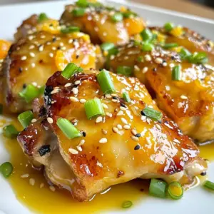 For this tasty dish, you will need: - 4 chicken thighs (bone-in, skin-on for extra flavor) - 1 cup fresh orange juice - 2 tablespoons soy sauce (low sodium) - 2 tablespoons honey - 1 tablespoon grated fresh ginger - 3 cloves garlic, minced - 1 tablespoon cornstarch - Zest of 1 orange - 1 teaspoon sesame oil - 1 tablespoon olive oil - Salt and pepper to taste - Green onions (for garnish) - Sesame seeds (for garnish) These ingredients create a bright and zesty flavor profile. The chicken thighs stay juicy with crispy skin. You can switch things up if you like. Try using chicken breasts for a leaner option. Use lime juice instead of orange juice for a different taste. Add chili flakes to give it some heat. You can also mix in some chopped bell peppers for added color and crunch. If you don’t have fresh orange juice, you can use store-bought juice. For soy sauce, try tamari sauce for a gluten-free option. If you run out of honey, maple syrup can work as a sweet substitute. You can skip cornstarch and use flour for thickening if needed. {{ingredient_image_1}} Start by washing the chicken thighs under cold water. Pat them dry with paper towels. The skin must be dry for a crispy finish. Place the chicken in a baking dish, skin side up. This helps the skin get nice and crunchy while cooking. Season with salt and pepper to your taste. This step adds flavor right from the start. In a bowl, combine the fresh orange juice, soy sauce, and honey. Add the grated ginger and minced garlic next. These ingredients bring a bright flavor to the dish. Then, mix in the cornstarch and orange zest. The cornstarch helps thicken the sauce as it cooks. Finally, add sesame oil and olive oil. Whisk everything well until combined. This sauce is the star of your baked orange chicken. Preheat your oven to 400°F (200°C). Pour the orange sauce over the chicken thighs, covering them well. Bake for 35 to 40 minutes. You want the chicken to reach 165°F (75°C) inside. Halfway through baking, baste the chicken with the sauce. This keeps it juicy and flavorful. For a crispy finish, broil the chicken for 2 to 3 minutes after baking. Once done, take it out and let it rest for 5 minutes. Garnish with green onions and sesame seeds. This makes your dish look and taste great! To get crispy skin, start with bone-in, skin-on chicken thighs. The fat under the skin helps it crisp up. Before cooking, pat the skin dry with a paper towel. This removes moisture. Moisture makes the skin soggy. When you bake, place the chicken skin side up. High heat helps it crisp. If you want an extra crunch, broil for 2-3 minutes at the end. Basting adds flavor and moisture to your chicken. Halfway through cooking, open the oven and spoon the sauce over the chicken. Use a ladle or spoon for this. Basting helps keep the chicken juicy and enhances the taste. Be quick to avoid losing heat. Do this every 15 minutes for the best results. Set your oven to 400°F (200°C) to start. This temperature helps cook the chicken evenly. Bake the chicken for 35-40 minutes. Check the internal temperature with a meat thermometer. It should reach 165°F (75°C). If you want a crispy finish, broil it for a few minutes after baking. Let it rest for 5 minutes before cutting. This keeps the juices inside. Pro Tips Use Fresh Ingredients: Always opt for fresh oranges for juice and zest to enhance the flavor profile of your dish. Marinate for Extra Flavor: If time allows, marinate the chicken in the sauce for a few hours or overnight for deeper flavor absorption. Adjust Sweetness: Feel free to adjust the amount of honey based on your personal preference and the sweetness of your oranges. Chicken Skin Tips: For an even crispier skin, pat the chicken dry before seasoning and avoid overcrowding the baking dish. {{image_2}} If you want a lighter dish, try turkey instead of chicken. Turkey thighs work well, too. You can also use skinless chicken to cut down on fat. Another option is to swap chicken for tofu. Tofu absorbs flavors well and offers a great protein boost. To kick up the heat, add red pepper flakes to the sauce. You can also use sriracha for a spicy kick. If you prefer it sweeter, add more honey or use brown sugar. For a tropical twist, mix in pineapple juice with the orange juice. You can also try adding a splash of lime juice for a zesty flavor. Serve your baked orange chicken over fluffy rice or quinoa. Steamed broccoli or green beans make great sides. A fresh salad with a light dressing pairs well, too. For a fun twist, serve it in lettuce wraps. Garnish with chopped green onions and sesame seeds for a nice finish. To keep your Baked Orange Chicken fresh, let it cool first. Place the chicken in an airtight container. You can store it in the fridge for up to three days. This way, you can enjoy the tasty meal later without losing its flavor. When you’re ready to eat the leftovers, preheat your oven to 350°F (175°C). Place the chicken in a baking dish. Add a little orange juice or water to keep it moist. Cover the dish with foil and bake for about 20 minutes. Check that the chicken is heated through, reaching 165°F (75°C) inside. You can freeze Baked Orange Chicken if you have more than you can eat. Wrap each piece tightly in plastic wrap. Then, place them in a freezer bag. This method helps prevent freezer burn. You can keep it in the freezer for up to three months. When you're ready to eat, thaw it in the fridge overnight before reheating. Enjoy the flavors again! Yes, you can use chicken breasts. They will cook faster than thighs. Chicken breasts are leaner, so they might not be as juicy. To keep them moist, consider brining them first. This will help add flavor and moisture. The cooking time will be about 25-30 minutes. Always check for an internal temperature of 165°F to ensure they are safe. To make Baked Orange Chicken gluten-free, use gluten-free soy sauce. You can find this in most stores. Check the label to ensure it is truly gluten-free. Cornstarch is already gluten-free, so no changes are needed there. Follow the rest of the recipe as usual. Your dish will still be tasty and safe to eat. Baked Orange Chicken pairs well with rice, like jasmine or brown rice. Steamed vegetables, such as broccoli or snap peas, add a nice crunch. You might also serve it with a fresh salad for a light touch. For a fun twist, try serving it in tacos with crunchy slaw. Enjoy experimenting with your sides! In this article, we explored how to make baked orange chicken. We covered key ingredients, step-by-step cooking methods, and helpful tips for a delicious meal. I shared variations for different tastes and ideas for storing leftovers. Cooking can be fun and easy with the right approach. Enjoy trying these recipes and make them your own. Happy cooking!