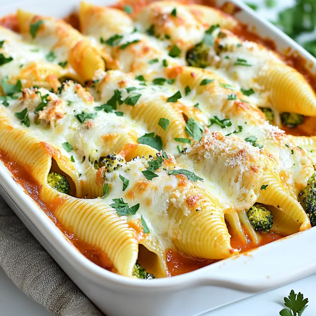- 20 jumbo pasta shells - 1 cup cooked chicken, shredded - 1 cup broccoli florets, steamed and chopped The main stars of this dish are jumbo pasta shells, cooked chicken, and broccoli. The shells hold the filling well, making them ideal for this recipe. You can use any cooked chicken, but I love using rotisserie chicken for flavor and ease. Steamed and chopped broccoli adds a nice crunch and color. - 1 cup ricotta cheese - 1 cup shredded mozzarella cheese - 1/2 cup grated Parmesan cheese Cheese brings richness to these stuffed shells. I use ricotta for creaminess, mozzarella for melting, and Parmesan for a sharp taste. Feel free to mix and match cheeses based on your taste. - 1 cup marinara sauce - 1 teaspoon garlic powder - 1 teaspoon onion powder - Salt and pepper to taste Marinara sauce gives a nice base flavor. Garlic and onion powders add depth without overpowering the dish. Adjust the salt and pepper to your liking. You can even add your favorite herbs for extra flavor. {{ingredient_image_1}} 1. Preheat your oven to 375°F (190°C). This step helps cook the dish evenly. 2. Cook 20 jumbo pasta shells according to the package. Drain them and set aside. Make sure they are firm but not too hard. This will help them hold the filling well. 3. In a large bowl, mix 1 cup shredded chicken, 1 cup steamed and chopped broccoli, 1 cup ricotta cheese, half of the mozzarella, and 1/2 cup grated Parmesan cheese. Add 1 teaspoon garlic powder, 1 teaspoon onion powder, salt, and pepper. Stir until everything blends nicely. 1. Spread half of the marinara sauce evenly across the bottom of a 9x13 inch baking dish. This creates a tasty base for the shells. 2. Carefully fill each pasta shell with the chicken and broccoli mixture. Place the filled shells in the baking dish. Make sure they fit snugly but are not too crowded. 3. Pour the remaining marinara sauce over the stuffed shells. This adds flavor and keeps them moist. 4. Sprinkle the rest of the mozzarella cheese on top. This will melt into a bubbly layer of goodness. 1. Cover the baking dish with aluminum foil. Bake for 25 minutes. This keeps the moisture in and helps the flavors mix. 2. Remove the foil and bake for an additional 10 minutes. This step allows the cheese to bubble and turn golden brown. You will know it’s ready when you see that lovely color and smell the deliciousness. 3. Before serving, garnish with fresh chopped parsley. This adds a pop of color and a fresh taste. - Ensure pasta is al dente: Cook the jumbo shells until they are firm but not hard. This helps them hold their shape when you stuff them. Follow the package instructions and check them a minute early. - How to properly steam and chop broccoli: To keep broccoli bright and crunchy, steam it for about 3-4 minutes. Let it cool before chopping. This way, it adds a nice texture and color to the dish. - Adding spices or herbs for extra flavor: You can make these stuffed shells pop by adding a pinch of red pepper flakes or dried oregano. These spices give a warm, inviting taste that balances the creamy filling. - Recommended cheeses for richness: While I love mozzarella for its meltiness, adding a bit of provolone or fontina cheese can take the flavor to the next level. They add a rich, savory taste that makes every bite special. - Best sides to pair with Chicken & Broccoli Stuffed Shells: A fresh side salad or garlic bread works well. They add crunch and flavor, making the meal more complete. Consider a light vinaigrette to keep it refreshing. - Garnishing ideas for presentation: Sprinkle some fresh parsley on top right before serving. It adds a pop of color and a fresh taste. You can also drizzle a bit of extra marinara sauce around the plate for a beautiful look. Pro Tips Perfectly Cooked Pasta: Always cook your jumbo pasta shells al dente to prevent them from becoming mushy during baking. This will help retain their shape and texture when stuffed. Chicken Alternatives: If you don’t have cooked chicken on hand, rotisserie chicken is a great shortcut to save time. Just shred it and mix it into your cheese and broccoli filling. Flavor Boost: For extra flavor, add some chopped garlic or sautéed onions to the filling mixture. You can also experiment with different herbs like basil or thyme. Make Ahead: This dish can be assembled ahead of time! Prepare the stuffed shells and refrigerate them covered with foil. Just add an extra 10 minutes to the baking time when you're ready to cook. {{image_2}} You can switch up the protein in your stuffed shells easily. Using rotisserie chicken is a great choice. It saves time and adds flavor. Simply shred the chicken before mixing it with your other ingredients. For a vegetarian option, try spinach or tofu. Spinach adds nutrients and a nice color. If you use tofu, make sure to press it first to remove extra water. Then, crumble it into the mix. Both options keep the dish tasty and filling. The sauce can change the whole dish. Instead of marinara, try an Alfredo sauce. This creamy option will add richness to your meal. Pour it over the stuffed shells before baking for a comforting twist. Pesto is another fun choice. It brings a fresh, herby flavor. Mix it with your cheese and chicken filling for a unique taste. You can even drizzle it on top before serving for extra flair. Cheese is key in this recipe. If you want healthier options, consider using part-skim mozzarella. It cuts fat but keeps the flavor. For a lighter touch, low-fat ricotta also works well. If you're dairy-free, there are great alternatives. Look for vegan cheeses made from nuts or soy. They melt well and still give that cheesy goodness. Experiment with different types to find your favorite! To store your Chicken & Broccoli Stuffed Shells in the fridge, place them in an airtight container. This keeps the dish fresh and tasty. Make sure to cool them down first. You can keep the leftovers in the fridge for up to three days. You can freeze the stuffed shells before or after baking. If you freeze them before baking, wrap them tightly with plastic wrap and foil. This helps prevent freezer burn. If you freeze them after baking, let them cool fully first. For the best quality, eat them within two months. When ready to eat, thaw in the fridge overnight. Reheat in the oven at 350°F (175°C) until hot, about 20 minutes. To prepare ahead for busy days, make the filling and cook the shells in advance. Store them separately until you're ready to bake. This way, you save time on busy weeknights. Use meal prep containers that are freezer-safe and stackable. This makes it easy to store and organize your meals. Can I use whole wheat pasta shells? Yes, you can use whole wheat pasta shells. They add fiber and have a nutty flavor. Just cook them until al dente, like regular shells. How long can I keep the leftovers? You can keep leftovers in the fridge for up to three days. Store them in an airtight container. Reheat in the oven for best taste. Do I need to cook the chicken before adding it? Yes, you should cook the chicken first. Use shredded rotisserie chicken for quick prep. This adds flavor and ensures even cooking. What to do if my shells break during cooking? If your shells break, don’t worry. Use the broken pieces to fill the gaps in the baking dish. They will still taste great! Nutrition information per serving Each serving has about 400 calories. It includes protein from chicken and cheese, plus veggies from broccoli. Can this recipe be scaled for larger groups? Yes, you can easily scale this recipe. Just double the ingredients for more servings. Use a larger baking dish for the extra shells. This blog post showed how to make Chicken and Broccoli Stuffed Shells. We covered the main ingredients, including jumbo shells and various cheeses, and discussed seasonings to boost flavor. You learned step-by-step instructions for preparation, assembly, and baking. Remember, you can customize this dish by swapping proteins or sauces. Enjoy experimenting with different flavors and storage tips. Your stuffed shells will not only please family but also shine at any gathering. Happy cooking!