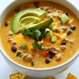 To make your creamy taco soup, gather these simple ingredients: - 1 lb ground turkey or beef - 1 medium onion, diced - 2 cloves garlic, minced - 1 can (15 oz) black beans, rinsed and drained - 1 can (15 oz) corn, drained - 1 can (10 oz) diced tomatoes with green chilies - 1 packet taco seasoning - 4 cups chicken or vegetable broth - 1 cup cream cheese, softened - 1 cup shredded cheddar cheese - 1 tablespoon olive oil - Salt and pepper to taste These ingredients work together to create a rich and hearty soup. Adding toppings can enhance your creamy taco soup. Here are some delicious options: - Sliced green onions - Avocado slices - Fresh cilantro - Crunchy tortilla chips These toppings add color, texture, and extra flavor to your dish. To make your soup, you will need some key kitchen tools: - A large pot or Dutch oven - A spatula for stirring - A knife for chopping - A cutting board for prep - Measuring cups and spoons Having these tools ready will make your cooking process smooth and enjoyable. {{ingredient_image_1}} 1. Gather your ingredients: You need ground turkey or beef, onion, garlic, black beans, corn, diced tomatoes, taco seasoning, broth, cream cheese, and cheddar cheese. 2. Dice the onion: Cut it into small pieces. This helps it cook faster. 3. Mince the garlic: Chop it finely. This adds great flavor to your soup. 4. Rinse the black beans: Drain them well. This removes extra salt and helps with taste. 5. Open the cans: Get the corn and diced tomatoes ready to use. 1. Heat the olive oil: Use a large pot over medium heat. This helps cook the onion. 2. Sauté the onion: Add the diced onion and cook for 3-4 minutes, until it’s soft. 3. Add the garlic: Stir in the minced garlic for one more minute. This makes your kitchen smell amazing. 4. Cook the meat: Add the ground turkey or beef. Break it up and cook for 6-8 minutes until brown. 5. Mix in the beans and corn: Add the rinsed black beans and drained corn. These add texture and flavor. 6. Add the diced tomatoes: Stir in the tomatoes with green chilies. They add a nice kick. 7. Sprinkle taco seasoning: Mix it all together. This gives your soup its taco flavor. 8. Pour in the broth: Add chicken or vegetable broth. Bring it to a simmer for 10-15 minutes. 9. Add the cream cheese: Lower the heat and mix in softened cream cheese. Stir until it melts. 10. Stir in the cheddar cheese: Add shredded cheddar cheese and let it melt into the soup. 11. Season to taste: Taste your soup. Add salt and pepper as needed for extra flavor. 12. Serve hot: Ladle the soup into bowls and top with your choice of green onions, avocado, cilantro, and tortilla chips. - Use fresh ingredients: Fresh onion and garlic enhance the soup's flavor. - Stir well: Ensure all ingredients mix evenly for a balanced taste. - Adjust texture: If you want a thicker soup, add more cream cheese or cheese. If it’s too thick, add more broth. - Taste as you go: Always taste your soup at different stages. It helps you catch any missing flavors. - Layer flavors: Add ingredients step by step for the best taste. Each layer adds depth to your soup. To make your creamy taco soup extra smooth, always use softened cream cheese. This helps it blend well. When melting it, keep the heat low. Stir often to avoid lumps. If you want it even creamier, add more shredded cheese at the end. You can swap ground turkey for ground chicken or beef. Use canned kidney beans or pinto beans if you prefer. If you don’t have cream cheese, try sour cream for a tangy taste. You can also use vegetable broth instead of chicken broth for a lighter soup. Serve your creamy taco soup in bowls. Top it with sliced green onions, diced avocado, and fresh cilantro. Crushed tortilla chips add a nice crunch. For a twist, offer lime wedges for a zesty finish. Enjoy it with a side of warm bread or cornbread for a full meal. Pro Tips Use Fresh Ingredients: Fresh vegetables and high-quality meat will enhance the flavor and texture of your soup. Adjust Spice Level: If you prefer a spicier soup, consider adding jalapeños or a dash of hot sauce to the mix. Make It Ahead: This soup tastes even better the next day! Make a big batch and refrigerate for leftovers. Experiment with Toppings: Try different toppings like sour cream, diced tomatoes, or olives for added flavor and texture. {{image_2}} You can make this creamy taco soup vegetarian or vegan easily. Start by swapping the ground turkey or beef for a plant-based meat alternative. Options like lentils, tempeh, or crumbled tofu work great. Use vegetable broth instead of chicken broth to keep it vegan. For creaminess, replace cream cheese with cashew cream or coconut cream. Both options add a nice richness without the dairy. If you love heat, add more spice to your soup. Start by using spicy taco seasoning instead of regular. You can also add chopped jalapeños or crushed red pepper flakes. For an extra kick, toss in some diced chipotle peppers in adobo sauce. These add both heat and a smoky flavor. Adjust the spice to your taste to make it as hot as you like! Boost the nutrition and flavor by adding more veggies. Bell peppers, zucchini, or carrots all work well. Chop them finely and sauté them with the onion and garlic at the start. You can also add spinach or kale at the end, letting them wilt in the hot soup. This way, you get a colorful and healthy dish that satisfies your cravings. After you enjoy your creamy taco soup, let it cool to room temperature. This helps keep it safe. Use an airtight container to store the leftovers. Make sure to keep the soup in the fridge. It stays fresh for about three to four days. To reheat, pour the soup into a pot. Heat it on medium-low. Stir often to warm it evenly. You can also use a microwave. Place the soup in a microwave-safe bowl. Heat it in short bursts, stirring in between. This keeps the soup creamy and tasty. If you want to save some soup for later, freezing is a great option. First, let the soup cool completely. Then, pour it into a freezer-safe container. Leave some space at the top, as it will expand. The soup can last in the freezer for up to three months. When you're ready to eat it, move the container to the fridge. Let it thaw overnight. After it’s thawed, reheat it on the stove or microwave. You might need to add a splash of broth or water. This keeps the soup creamy and smooth. Yes, you can! Start by browning your ground turkey or beef in a pan. Then, place the cooked meat in your slow cooker. Add all other ingredients, like the diced onion, garlic, black beans, corn, diced tomatoes, and broth. Mix well, then cover and cook on low for 6-8 hours. Stir in the cream cheese and cheddar cheese right before serving to keep the soup creamy and smooth. If you want to skip cream cheese, try using sour cream or Greek yogurt. Both will add a nice creaminess. You can also use a dairy-free cream cheese if you're looking for a vegan option. Just remember to add it at the end, like you would with cream cheese, for the best texture. The spice level of this soup depends on the diced tomatoes you choose. If you use tomatoes with green chilies, it will have some heat. If you prefer a milder flavor, look for tomatoes without added spice. You can also control the heat by adjusting the taco seasoning. For extra spice, add jalapeños or hot sauce when you serve. We've explored the rich world of creamy taco soup together. You learned the essential ingredients, tips for cooking, and various tasty options. We covered how to store leftovers and reheat them too. Always feel free to adjust recipes to suit your taste. This soup can appeal to everyone, whether a meat lover or a vegetarian. Dive in, experiment, and enjoy the delight of making this dish. Your cooking skills will shine as you whip up this creamy soup. Happy cooking!
