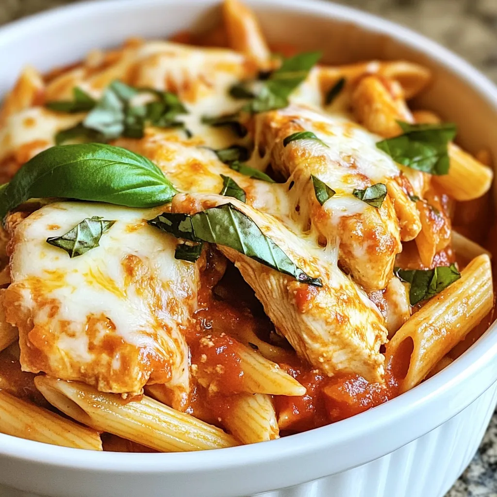 - 2 boneless, skinless chicken breasts - 1 cup whole wheat pasta (penne or fusilli) - 1 cup marinara sauce (preferably low-sugar) - 1/2 cup grated Parmesan cheese - 1/2 cup shredded mozzarella cheese The main ingredients for Protein Chicken Parmesan Pasta create a tasty and filling meal. The chicken gives you lean protein, while the whole wheat pasta adds healthy carbs. Marinara sauce brings in that rich tomato flavor, and the cheeses provide a creamy texture. - 1 teaspoon garlic powder - 1 teaspoon Italian seasoning - Salt and pepper to taste - 1 tablespoon olive oil Seasoning is key to making this dish pop. Garlic powder adds depth, and Italian seasoning gives a nice blend of herbs. Salt and pepper enhance all flavors. A little olive oil helps cook the chicken perfectly while keeping it moist. - Fresh basil leaves - Alternative cheese options Garnishes can elevate your dish. Fresh basil adds a burst of flavor and color. If you want to switch up the cheese, consider using low-fat or dairy-free options. This way, you can customize the dish to fit your taste or dietary needs. {{ingredient_image_1}} Seasoning the Chicken Start by seasoning your chicken breasts. Use garlic powder, Italian seasoning, salt, and pepper. Rub these spices on both sides. This step adds great flavor to the chicken. Cooking Technique Heat olive oil in a skillet over medium heat. Once hot, add the seasoned chicken. Cook for about 6-7 minutes on each side. The chicken should turn golden brown. Check that it reaches 165°F inside. After cooking, let it rest for a few minutes. Then slice it into thin strips. Boiling Method While cooking the chicken, bring a pot of salted water to a boil. Add the whole wheat pasta. Cook it according to package instructions. This usually takes about 8-10 minutes until it is al dente. Draining and Setting Aside After cooking, drain the pasta in a colander. Give it a shake to remove excess water. Set the drained pasta aside for later. Mixing Pasta with Marinara and Chicken In a large mixing bowl, combine the cooked pasta, marinara sauce, and sliced chicken. Stir well until the pasta is coated with the sauce. This mixture brings all the flavors together. Preparing for Baking Transfer the pasta mixture into a baking dish. Make sure it is spread evenly. This ensures even cooking when you bake. Preheating the Oven Preheat your oven to 350°F (175°C). This is important for baking the pasta evenly. Adding Cheese and Baking Sprinkle grated Parmesan and shredded mozzarella cheese over the top of the pasta mixture. This cheese will melt and create a delicious crust. Place the baking dish in the oven and bake for 15-20 minutes. Look for bubbly and golden cheese. Cooling and Garnishing Once baked, take the dish out and let it cool for a few minutes. This helps to avoid burns. If you like, garnish it with fresh basil leaves for a pop of color. Plating Tips When serving, use a large spoon to scoop out portions. Serve it warm and enjoy! This dish is a crowd-pleaser and perfect for any meal. Ensuring Proper Doneness To ensure your chicken is cooked well, check the temperature. Use a meat thermometer. It should reach 165°F. This keeps your chicken safe to eat. A good tip is to look for a golden brown color on both sides. If it looks pale, it may need more time. Resting Technique Always let your chicken rest after cooking. This helps keep it juicy. Let it sit for about five minutes. Cover it with foil to keep it warm. Resting allows the juices to settle back in the meat. Slicing too soon can make it dry. Achieving Al Dente Texture For perfect pasta, cook it until al dente. This means it should be firm to the bite. Follow the package instructions precisely. Usually, this takes about 8-10 minutes. Stir the pasta occasionally to prevent sticking. Timing with Chicken Start cooking your pasta when the chicken is almost done. This way, everything finishes at the same time. It keeps your meal hot and fresh. Just make sure to drain the pasta well before mixing it with the chicken and sauce. Additional Protein Sources You can boost protein in this dish easily. Consider adding beans or lentils. They mix well with the pasta and sauce. You can also add some cooked quinoa. It adds a nice texture and extra nutrition. Healthy Ingredient Swaps Swap regular pasta for whole grain or legume-based pasta. These options have more protein and fiber. You can also use low-fat cheese for fewer calories. Try adding more vegetables to your meal for added nutrients. Spinach, broccoli, or zucchini work great! Pro Tips Rest the Chicken: After cooking, let the chicken rest for a few minutes before slicing. This helps retain the juices, making the chicken more tender and flavorful. Use Fresh Ingredients: Opt for fresh basil and high-quality marinara sauce to enhance the overall flavor of your dish. Cook Pasta Al Dente: Ensure the pasta is cooked al dente for a perfect texture. It will continue to cook slightly while baking with the sauce and cheese. Experiment with Cheeses: Feel free to mix different cheeses, such as provolone or gouda, for a unique twist on the classic chicken parmesan flavor. {{image_2}} You can boost nutrition with easy vegetable add-ins. Spinach, zucchini, or broccoli work great. These veggies add color and taste. - Spinach: Add fresh or frozen spinach. Stir it in with the pasta and sauce. It wilts quickly and packs vitamins. - Zucchini: Slice zucchini into thin rounds or half-moons. Sauté it with the chicken for extra flavor. - Broccoli: Steam or blanch broccoli until tender. Mix it in before baking for a healthy crunch. Adjust your cooking time for these add-ins. If using fresh spinach, add it last. For zucchini or broccoli, cook them until soft before mixing. Cheese choices can change the flavor of your dish. You can try low-fat cheese or dairy-free options. - Low-fat Cheese Alternatives: Use part-skim mozzarella or low-fat Parmesan. They melt well and keep the dish lighter. - Dairy-free Options: Try vegan cheese made from nuts or soy. They can still give you a cheesy taste without dairy. Switching cheeses can help fit your diet needs. Just remember that melting times can vary. You can use different types of pasta for variety. Gluten-free pasta or whole grain options are great swaps. - Gluten-free Pasta Suggestions: Look for corn or rice pasta. These cook well and taste nice. - Other Whole Grain Options: Quinoa or brown rice pasta adds more fiber. They also have a different texture, which can be fun. Choosing the right pasta can make your meal even better. Try different shapes like rotini or shells for fun! - Storing leftovers is easy. Place any extra pasta in an airtight container. - Try to eat leftovers within three days for best taste. - If you want freshness, cool the dish before sealing it. - To freeze, let the dish cool completely. - Use a freezer-safe container. This keeps the pasta safe for up to three months. - Label the container with the date for easy tracking. - The oven works best for reheating. Preheat to 350°F (175°C). - Place the pasta in a dish, cover it with foil, and heat for 20 minutes. - If you use a microwave, heat in short bursts. Stir between intervals. - To keep texture, add a splash of marinara sauce before reheating. Prep time is about 15 minutes. Total cooking time is around 40 minutes. This includes cooking the chicken and pasta, plus baking everything together. You can have a tasty meal ready in less than an hour! Yes, you can use chicken thighs. They have more fat, which adds flavor. Make sure to adjust cooking time. Thighs usually take a few extra minutes to cook through. Always check that they reach 165°F to ensure they are safe to eat. You can serve this pasta with several sides. Here are some great options: - Garlic bread for a classic touch - Steamed vegetables like broccoli or green beans for health - Caesar salad for a crunchy side - Roasted zucchini or eggplant for added flavor These sides will complement the pasta well and make your meal even more satisfying! We explored how to make Protein Chicken Parmesan Pasta in detail. You learned about the main ingredients, seasonings, and optional garnishes that elevate the dish. I shared step-by-step instructions for preparing the chicken, cooking the pasta, and combining everything for baking. You also discovered tips for perfecting chicken, cooking pasta, and options for variations. Remember to store leftovers properly and use the reheating methods for the best taste. Enjoy creating your own protein-rich meal that suits your needs and preferences. Happy cooking!