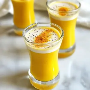 For these tasty turmeric ginger immunity shots, you need the following: - 1 cup fresh orange juice - 2 tablespoons freshly grated ginger - 2 tablespoons ground turmeric (or 1 tablespoon fresh grated turmeric) - 1 tablespoon raw honey (adjust to taste) - 1 tablespoon lemon juice - A pinch of black pepper (to enhance turmeric absorption) - 1/2 teaspoon cayenne pepper (optional, for an extra kick) - Fresh orange juice: This juice is packed with vitamin C. It helps boost your immune system and keeps you hydrated. - Ginger: Ginger fights inflammation and helps with digestion. It can also ease nausea and improve your immune response. - Turmeric: Turmeric has curcumin, which is a powerful antioxidant. It may help reduce inflammation and support overall health. - Raw honey: Honey adds natural sweetness and has antibacterial properties. It can soothe your throat and help you feel better when sick. - Lemon juice: Lemon juice is high in vitamin C. It helps detox your body and supports your immune health. - Black pepper: This spice boosts the absorption of turmeric. It helps you get the most out of your shots. - Cayenne pepper: Cayenne adds heat and can help clear your sinuses. It may also boost your metabolism. If you need to make swaps, consider these options: - Orange juice: Use grapefruit juice or apple juice for a different flavor. - Ginger: Ground ginger can work in a pinch, but fresh is best. - Turmeric: If you can't find fresh turmeric, ground turmeric is a good alternative. - Raw honey: Maple syrup or agave nectar can replace honey for a vegan option. - Lemon juice: Lime juice can be used instead for a zesty twist. - Black pepper: You can skip this if you prefer a milder shot, but it really helps! - Cayenne pepper: Omit this for a milder shot, or use less if you want just a hint of spice. {{ingredient_image_1}} To make your turmeric ginger immunity shots, start with the ingredients. You need: - 1 cup fresh orange juice - 2 tablespoons freshly grated ginger - 2 tablespoons ground turmeric (or 1 tablespoon fresh grated turmeric) - 1 tablespoon raw honey (adjust to taste) - 1 tablespoon lemon juice - A pinch of black pepper - 1/2 teaspoon cayenne pepper (optional) First, gather all your ingredients. Then, in a blender, pour in the fresh orange juice. Next, add the grated ginger, ground turmeric, raw honey, and lemon juice. Blend everything on high for about 30 seconds. Make sure all the ingredients mix well and the mixture becomes smooth. Blending is key to making these shots tasty. To get the best flavor, blend the ingredients for at least 30 seconds. If you want a sweeter shot, taste the mixture. You can add more honey for sweetness. If you like heat, add a bit of cayenne pepper. Blend again until everything combines well. Once your mixture is smooth, it’s time to strain it. Use a fine-mesh sieve over a bowl or pitcher. This step removes any pulp for a smoother shot. Pour the strained liquid into shot glasses or small containers for easy serving. You can store these shots in the fridge for up to three days. Before you drink, shake well to mix everything again. Enjoy your healthy boost! To make your turmeric ginger shots taste even better, try these tips: - Use fresh ingredients: Fresh orange juice and ginger give the best flavor. - Experiment with spices: You can add more cayenne for heat or a pinch of cinnamon for warmth. - Adjust sweetness: Add more honey if you like your shots sweeter. Storing your immunity shots correctly keeps them fresh. Here’s how: - Use airtight containers: This helps keep air out and flavor in. - Keep in the fridge: Store your shots in the fridge for up to three days. - Shake before drinking: Always shake well to mix the ingredients again. You can easily change this recipe to fit your needs. Here’s how: - Make it vegan: Replace raw honey with maple syrup or agave nectar. - Skip the spice: If you don’t like heat, leave out the cayenne pepper. - Use other juices: Swap out orange juice for apple or grapefruit juice for a new twist. Pro Tips Use Fresh Ingredients: For the best flavor and health benefits, use fresh ginger and turmeric. Fresh roots provide more potency than dried spices. Adjust Sweetness: The sweetness of the shots can vary based on the oranges used. Start with the suggested honey amount and adjust to your taste. Storage Tips: Store the immunity shots in airtight containers to keep them fresh and prevent any loss of nutrients. Shake well before consuming. Spice It Up: If you enjoy a bit of heat, don’t hesitate to increase the cayenne pepper. It not only adds flavor but also boosts metabolism! {{image_2}} You can switch up the juice in your immunity shots. Fresh juices bring unique flavors and benefits. Try these options: - Pineapple Juice: Adds sweetness and contains bromelain, which can help with digestion. - Apple Juice: A milder choice that pairs well with ginger and turmeric. - Beet Juice: Great for detox and adds a vibrant color. These juices can mix well with the ginger and turmeric, keeping your shots exciting and tasty. Boost your immunity shots with some extra ingredients. Here are a few to try: - Chia Seeds: Packed with omega-3s and fiber. Just add a teaspoon for a healthy twist. - Lemon Zest: Adds a fresh kick and more vitamin C. - Coconut Water: Hydrating and rich in electrolytes. Swap it for the orange juice for a tropical flair. These additions not only enhance flavors but also pack in more nutrients. You can adjust the spice level of your shots. If you like it hot, try these tips: - Increase Cayenne Pepper: Add more for a stronger kick. - Add Jalapeño: A small piece can bring heat and flavor. - Try Ground Black Pepper: This helps turmeric absorb better and adds warmth. Experiment until you find your perfect balance of flavor and heat. It’s best to store your turmeric ginger immunity shots in the fridge. Use small glass containers or shot glasses. Make sure the lids are tight to keep air out. This helps keep flavors fresh. Always label your shots with the date you made them. This way, you know when they were made. These shots last about 3 days in the fridge. After that, they begin to lose their taste and health benefits. Always check the date before drinking. If you notice any changes in taste or smell, it's best to toss them out. Freshness is key for getting all the benefits. Look for a few signs to tell if your shots have gone bad. If the color changes or the mixture looks cloudy, it may not be good. A sour smell is another sign. If you see mold, throw it away right away. Trust your senses; they are your best guide. Turmeric and ginger are great for your health. They both help fight sickness. Turmeric has curcumin, which reduces inflammation. This can lower your chance of getting sick. Ginger helps with digestion and can ease nausea. Together, they boost your immune system, making you feel better overall. Yes, you can find premade turmeric ginger immunity shots at many stores. They are often in the health food section. However, making your own is fresher and more fun. You can control the taste and adjust the sweetness or spice. Plus, homemade shots are free from preservatives. Most people can enjoy turmeric and ginger safely. But some may have mild side effects. These can include stomach upset or heartburn. If you are on medication, check with your doctor. This is important if you take blood thinners. Always listen to your body and adjust as needed. I recommend having one shot a day. This can help keep your immune system strong. You can also enjoy it more often during cold and flu season. Just remember to listen to your body and adjust as needed. Consistency is key for the best results. This blog post covered key aspects of turmeric ginger immunity shots. We discussed essential ingredients, their health benefits, and smart substitutions. You learned step-by-step how to prepare and serve these shots for best results. I shared tips to enhance flavor and storage practices to keep them fresh. We explored variations to suit your taste and dietary needs. In conclusion, these shots are a simple way to boost your immunity. Enjoy making them and benefit from their natural powers. You hold the key to your wellness with every sip.