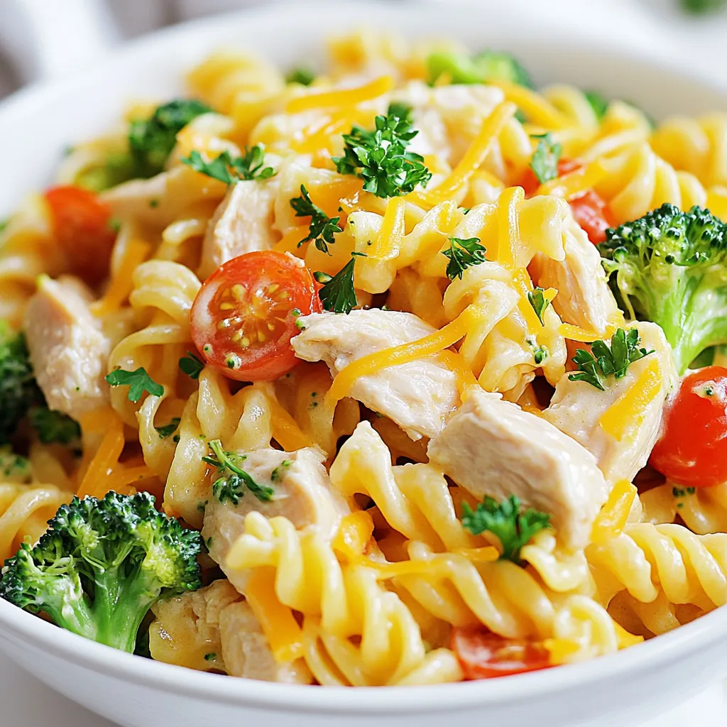 To make Cheesy Chicken Pasta, gather these items: - 2 cups rotini pasta - 1 lb chicken breast, diced - 1 tablespoon olive oil - 1 teaspoon garlic powder - 1 teaspoon onion powder - ½ teaspoon smoked paprika - 1 cup broccoli florets - 1 cup cherry tomatoes, halved - 1 ½ cups shredded cheddar cheese - ½ cup cream cheese - 1 cup chicken broth - Salt and pepper to taste - Fresh parsley, chopped, for garnish You can swap some ingredients if needed. Use gluten-free pasta for a gluten-free meal. For the chicken, try turkey or tofu for a different flavor. You can replace broccoli with spinach or peas. If you lack cream cheese, use sour cream instead. Having the right tools makes cooking easier. You will need: - A large pot for boiling pasta - A large skillet for sautéing - A cutting board and knife for chopping - Measuring cups and spoons for precision - A spatula for stirring and mixing These tools will help you create your dish smoothly and efficiently. {{ingredient_image_1}} To start, grab a big pot. Fill it with water and add salt. Bring the water to a boil. Once it boils, add the rotini pasta. Cook it according to the package directions. You want it to be al dente, which means it should still have a bit of bite. This usually takes about 8-10 minutes. After cooking, drain the pasta and set it aside for later. Next, take a large skillet and place it on medium heat. Pour in the olive oil and let it warm up. Once hot, add the diced chicken breast. Season it with garlic powder, onion powder, smoked paprika, salt, and pepper. Stir it well. Cook the chicken for about 7-8 minutes. You want it to be golden brown and fully cooked. This step adds flavor and texture to your dish. Now, it’s time to make the sauce. In the same skillet, add the broccoli florets and halved cherry tomatoes. Sauté these veggies for about 4-5 minutes. They should become tender but still bright and fresh. Next, lower the heat. Pour in the chicken broth and add the cream cheese. Stir this mix until the cream cheese melts fully. This creates a rich, creamy sauce that brings all the flavors together. Now you're ready to combine everything for a delicious cheesy chicken pasta! To make the chicken tender, cut it into small, even pieces. This helps it cook faster and more evenly. Use a hot skillet with olive oil. Cook until it is golden brown, about 7-8 minutes. You want the chicken to reach an internal temperature of 165°F. This ensures it is safe to eat. Let the chicken rest for a minute before adding it to the pasta. This step keeps it juicy. For the best cheese melt, use shredded cheddar cheese. Shredded cheese melts faster than blocks. Add it to the pan when the heat is low. Stir it in slowly to avoid clumps. Mixing it with cream cheese makes the sauce creamy and smooth. If you want extra cheesiness, add more cheese at the end. To boost flavors, use garlic powder, onion powder, and smoked paprika. These spices add depth to the dish. Fresh parsley gives a nice color and fresh taste. You can also add a squeeze of lemon juice for brightness. If you like a kick, consider adding red pepper flakes. This adds heat without overwhelming the other flavors. Pro Tips Cook Pasta Al Dente: For the perfect texture, cook the pasta just until al dente. This will prevent it from becoming mushy when mixed with the sauce. Season the Chicken Well: Don’t skimp on seasoning the chicken! A well-seasoned protein elevates the entire dish and enhances the flavors. Use Fresh Ingredients: Whenever possible, opt for fresh vegetables and herbs. They add vibrant flavors and color to your dish. Experiment with Cheeses: Feel free to mix different cheeses for a unique flavor profile. Try adding mozzarella or pepper jack for an extra kick! {{image_2}} You can easily make this dish vegetarian. Simply swap the chicken for a plant-based protein. Try using diced tofu or tempeh. These options absorb flavors well and add protein. You can also add other veggies, like bell peppers or spinach. This keeps the dish colorful and tasty. For those who like heat, add some spice! You can include red pepper flakes or chopped jalapeños. Mix them in while cooking the chicken. This gives the dish a fun kick. Alternatively, you can use spicy cheese blends. Pepper jack cheese melts well and adds great flavor. Feel free to get creative with the ingredients! Instead of rotini, use penne or fusilli. Both pasta types work well in this recipe. If you don’t have broccoli, try zucchini or green beans. You can also switch the cheddar for mozzarella or gouda. These swaps maintain that cheesy goodness while changing the taste! To store leftover Cheesy Chicken Pasta, let it cool first. Then, place it in an airtight container. You can keep it in the fridge for up to three days. Make sure to seal the container tightly to keep the pasta fresh. If you want to freeze it, use a freezer-safe container. This pasta can last in the freezer for about two months. When freezing, divide it into single servings. This way, you can thaw only what you need later. To reheat, place the pasta in a microwave-safe bowl. Add a splash of chicken broth or water to keep it moist. Heat it in the microwave for about two to three minutes. Stir halfway to ensure even heating. You can also reheat it on the stove. Just warm it gently over low heat. Add a bit more cheese if you want it extra creamy! Yes, you can make Cheesy Chicken Pasta ahead of time. Prepare the dish up to the point of combining the pasta and sauce. Store it in the fridge for up to two days. When ready to eat, reheat it gently on the stove or in the microwave. Add a splash of chicken broth to keep it creamy. This method saves time on busy days. Cheesy Chicken Pasta pairs well with many sides. Here are some options: - Garlic bread for a crunchy touch. - A fresh garden salad for a light crunch. - Steamed vegetables for extra nutrients. - Fruit salad for a sweet finish. These sides complement the dish and add variety to your meal. To make Cheesy Chicken Pasta low-carb, swap the rotini pasta for zucchini noodles or spaghetti squash. These options are lower in carbs and still taste great. Use full-fat cheese and cream cheese to keep it rich and creamy. You can also add more vegetables, like spinach or bell peppers, for extra flavor and fiber. This way, you enjoy a delicious meal without the extra carbs. In this post, we covered how to make a delicious Cheesy Chicken Pasta. You learned about key ingredients, easy substitutions, and the tools you need. We discussed step-by-step cooking methods, tips for perfecting texture, and flavor. Variations for diets and storage tips also made an appearance. With these insights, you’re ready to create a meal that’s both tasty and fun. Enjoy experimenting with your own twists and flavors!