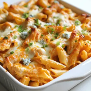 - 8 oz penne pasta - 2 cups shredded cooked chicken - 1 cup buffalo sauce - 1 cup cream cheese, softened - 1 cup shredded mozzarella cheese - 1/2 cup blue cheese crumbles - 1/2 cup chopped green onions - 1 tsp garlic powder - 1/2 tsp onion powder - Salt and pepper to taste - 1/4 cup chopped fresh parsley for garnish Gathering these ingredients sets the stage for a tasty meal. First, the penne pasta acts as the base. It holds all the flavors well. You need cooked chicken for protein. Using shredded chicken makes mixing easier. Buffalo sauce adds a spicy kick. Cream cheese gives a rich texture that blends smoothly. Mozzarella cheese melts beautifully, creating a gooey layer on top. Blue cheese crumbles add a tangy flavor that contrasts nicely. Chopped green onions provide a fresh, crisp bite. Garlic and onion powders enhance the overall taste. Finally, salt and pepper season the dish perfectly. Use fresh parsley for a vibrant finish. Each ingredient plays a key role in creating this dish. By choosing quality items, you ensure a delicious outcome. Enjoy the process of cooking and savor the flavors! {{ingredient_image_1}} - Preheat the oven to 350°F (175°C). - Cook the penne pasta until it is al dente. Follow the package directions for the best results. Drain the pasta and set it aside. - In a large bowl, combine the shredded chicken with buffalo sauce. Mix well until the chicken is coated in sauce. - Next, add the softened cream cheese, garlic powder, onion powder, and half of the mozzarella cheese. Stir until everything blends nicely. - Gently fold in the cooked pasta, blue cheese crumbles, and chopped green onions. Season with salt and pepper to taste. - Transfer this mixture to a greased 9x13 inch baking dish. Spread it out evenly. Then, sprinkle the remaining mozzarella cheese over the top. - Place the dish in the oven and bake for 20-25 minutes. Watch for the cheese to melt and bubble. - Once done, let it cool for a few minutes. Garnish with fresh parsley before serving. Enjoy the tasty blend of flavors! To keep your pasta al dente, follow these steps: - Cook penne pasta just until it's firm, about 1-2 minutes less than the package suggests. - Drain it and rinse with cold water to stop the cooking process. For buffalo sauces, I love these brands: - Frank's RedHot for a classic kick. - Anchor Bar for a thicker, richer taste. - Sweet Baby Ray’s for a sweeter twist. You can change the cheese for fun flavors: - Try cheddar for a sharper taste. - Use pepper jack for some heat. - Goat cheese adds a creamy texture. To get the best cheesiness: - Mix different cheeses together. - Add cheese in layers while baking for a melty goodness. To serve your dish attractively: - Use a bright baking dish to make it pop. - Serve straight from the dish for a homey feel. For garnishing ideas: - Sprinkle chopped parsley for a fresh touch. - Add extra green onions for color and crunch. - Drizzle more buffalo sauce around the plate for flair. Pro Tips Cook Pasta Al Dente: Make sure to cook the penne pasta just until al dente to avoid it becoming mushy during baking. Buffalo Sauce Adjustment: Adjust the amount of buffalo sauce according to your spice preference; you can add more for extra heat or reduce it for a milder dish. Use Leftover Chicken: This recipe is perfect for using up leftover rotisserie or grilled chicken, making it a convenient and tasty option. Garnish Wisely: Garnish with additional green onions and parsley just before serving to enhance the presentation and add freshness. {{image_2}} You can easily make this dish vegetarian. Instead of chicken, use plant-based proteins. Options like chickpeas or tofu work well. These choices soak up the buffalo sauce flavor nicely. You can also add more veggies for texture. Try bell peppers, spinach, or mushrooms. They add color and taste to your bake. Want extra heat? Switch up your hot sauce! Different brands have unique flavors. You can try a smoky chipotle sauce or a fiery habanero sauce. They all add a different twist to your dish. Pair your pasta bake with spicy side dishes too. Think jalapeño cornbread or spicy garlic bread for a kick. You don’t have to stick with penne pasta. Other pasta shapes work great too! Fusilli, rotini, or even shells can hold the sauce well. If you're gluten-free, use gluten-free pasta options. There are many brands that taste just as good. Just cook them according to the package. This way, everyone can enjoy this tasty dish! To store leftover Buffalo Chicken Pasta Bake, let it cool first. Then, place it in an airtight container. Make sure to seal it tightly to keep it fresh. It will last in the fridge for up to three days. You can also cover the dish with plastic wrap if you prefer. For freezing, use a freezer-safe container. Divide the pasta bake into portions for easy meals later. It’s best to freeze it within two hours of cooking. The dish can stay frozen for up to three months. To thaw, move it to the fridge overnight before reheating. Reheat your Buffalo Chicken Pasta Bake in the oven for the best texture. Preheat to 350°F (175°C) and cover the dish with foil. Heat for about 20 minutes until warm. You can also microwave it, but the oven keeps the cheese melty. Make sure it reaches 165°F (74°C) for safe eating. Yes, you can prepare this dish the night before. Here are some tips: - Cook the pasta and let it cool. - Mix the chicken and buffalo sauce in a bowl. - Combine the other ingredients in a separate bowl. - Store everything in the fridge and mix before baking. - Bake it in the morning or right before dinner. You have many great options for sides. Here are some ideas: - A simple green salad with a light dressing. - Garlic bread for a crunchy side. - Roasted vegetables for a healthy touch. - Coleslaw for a cool and crisp contrast. Yes, you can make this dish dairy-free. Here are some great options: - Use dairy-free cream cheese instead of regular cream cheese. - Swap mozzarella for a dairy-free cheese type. - Skip the blue cheese or use a dairy-free alternative. - Adjust the buffalo sauce to ensure it is dairy-free. This Buffalo Chicken Pasta Bake is a simple and tasty meal. We mixed cooked chicken, pasta, and buffalo sauce for great flavor. Using cream cheese and mozzarella makes it creamy and cheesy. You can customize with spices or different cheeses to fit your taste. Store leftovers properly and enjoy them later. Try this recipe for dinner tonight; it’s sure to please everyone! Enjoy cooking and sharing your delicious dish.