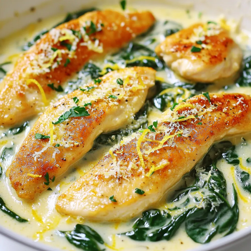 To make this delicious Creamy Lemon Chicken & Spinach Skillet, you need the following ingredients: - 2 chicken breasts, sliced into thin strips - Salt and pepper, to taste - 1 tablespoon olive oil - 2 cloves garlic, minced - 1 cup chicken broth - 1 cup heavy cream - Zest of 1 lemon - Juice of 1 lemon - 3 cups fresh spinach - 1 teaspoon Italian seasoning - Grated Parmesan cheese, for serving - Fresh parsley, chopped, for garnish These ingredients combine to create rich flavors and a creamy texture. The chicken breasts provide protein, while the spinach adds nutrients. The lemon zest and juice bring a bright, fresh taste. Olive oil helps cook the chicken and garlic, adding depth to the dish. Heavy cream makes the sauce smooth and creamy, creating a perfect blend with the chicken broth. The Italian seasoning and Parmesan cheese enhance the flavor profile, making each bite delightful. - Seasoning with Salt and Pepper Start by slicing your chicken breasts into thin strips. This helps them cook evenly. Season them well with salt and pepper. You want good flavor in each bite. - Cooking Process in Skillet Heat a tablespoon of olive oil in a large skillet over medium heat. Once the oil is hot, add the seasoned chicken strips. Cook them for about 5 to 7 minutes. You want them to be golden brown and fully cooked. After that, remove the chicken from the skillet and set it aside. - Sautéing Garlic In the same skillet, add 2 cloves of minced garlic. Sauté the garlic for about 30 seconds. You want it to be fragrant without burning. - Incorporating Chicken Broth and Cream Pour in 1 cup of chicken broth. Scrape any brown bits from the bottom of the skillet. This adds great flavor to your sauce. Let it simmer for 2 to 3 minutes. Then, lower the heat and stir in 1 cup of heavy cream, along with the zest and juice of 1 lemon. Mix it well and let it simmer for another 2 minutes. - Wilting Spinach Now, add 3 cups of fresh spinach and 1 teaspoon of Italian seasoning to the skillet. Stir until the spinach wilts. This should take only a couple of minutes. - Combining Chicken and Sauce Return the cooked chicken to the skillet. Mix it with the creamy sauce until everything is warm. Check the seasoning and add more salt and pepper if needed. Serve hot and top with grated Parmesan cheese and chopped parsley. Enjoy your meal! - Importance of Fresh Ingredients: Fresh ingredients make a big difference. Use fresh spinach, garlic, and lemon. Freshness adds bright flavors and good texture to your dish. When you pick fresh items, you get the best taste. - Adjusting Creaminess: You can control the creaminess of your sauce. For a lighter dish, use less heavy cream. If you want it richer, add more cream. Adjust to your liking for the perfect blend. - Proper Heat Levels: Keep your heat at medium. This helps cook the chicken evenly. If the heat is too high, the chicken may burn outside and stay raw inside. Stir often for an even cook. - Preventing Overcooking Chicken: Cook chicken until it is golden brown, about 5-7 minutes. Use a meat thermometer for best results. The chicken should reach 165°F to ensure it's safe to eat. Remove it from the skillet as soon as it’s done. - Pairing with Side Dishes: Pair your creamy lemon chicken with rice or pasta. A side of steamed veggies works well too. A crisp salad adds freshness to the meal. Choose sides that balance the creaminess. - Presentation Tips: Garnish with grated Parmesan and chopped parsley. This adds color and makes the dish look fancy. Serve in a nice skillet or plate for a great table display. A bright lemon wedge can add a pop of color too. {{image_2}} You can easily change up the protein in this dish. Try using turkey instead of chicken. Turkey strips cook just as well and add a nice flavor. If you're looking for a plant-based option, tofu works great too. Just make sure to press it well to remove excess moisture before cooking. For the greens, spinach is a favorite, but you can swap it with kale or arugula. Kale gives a hearty bite, while arugula adds a peppery touch. Both options will still pair well with the creamy lemon sauce. Want to spice things up? Add red pepper flakes to the sauce for a kick. Start with a pinch and taste as you go. You can also try using other citrus fruits. Lime juice and zest can give this dish a unique twist. It adds brightness and a fresh flavor that balances the creaminess. If you're looking for gluten-free options, check your chicken broth label. Many brands are gluten-free, making this dish safe for those with gluten sensitivities. For a dairy-free version, use coconut cream or cashew cream instead of heavy cream. Both options provide a rich texture without the dairy. Just remember to adjust the lemon juice to balance the flavors. To store leftovers, let the dish cool to room temperature. Then, place it in an airtight container. Make sure to seal it tightly to keep air out. You can store it in the fridge for up to three days. When you want to eat it again, reheat it in a skillet over low heat. Stir it often for even warming. You can also use a microwave. Heat it for about one to two minutes. Check that it’s hot all the way through before serving. To freeze Creamy Lemon Chicken & Spinach Skillet, first, let it cool completely. Then, transfer it to a freezer-safe container. Leave some space at the top for expansion. Cover it tightly. This dish can last in the freezer for up to three months. When you want to eat it, take it out and let it thaw overnight in the fridge. To reheat, warm it on the stove over low heat. Stir often to prevent sticking. If it seems a bit thick, add a splash of chicken broth or cream to bring it back to life. In the fridge, this dish stays fresh for about three days. After that, it may lose flavor and texture. To spot spoilage, look for any off smells or changes in color. If you see mold or it smells sour, it’s best to throw it away. Always trust your senses; they help keep you safe in the kitchen! You can pair this dish with several tasty sides. Here are my top picks: - Rice: White or brown rice soaks up the creamy sauce well. - Pasta: Serve it over your favorite pasta for a filling meal. - Quinoa: This adds a nutty flavor and boosts protein. - Bread: A crusty bread is great for scooping up the sauce. - Salad: A fresh garden salad balances the rich flavors. Each of these sides complements the creamy lemon chicken, making your meal feel complete. Yes, you can prep this dish in advance. Here’s how: - Cooking Chicken: You can cook the chicken and store it in the fridge for 1-2 days. - Making the Sauce: Prepare the creamy sauce ahead and store it separately. - Storage: Keep both the chicken and sauce in airtight containers. When you’re ready to serve, just heat both up on the stove. Add fresh spinach at the end to keep it vibrant. If you love spice, I have some easy ways to kick it up: - Red Pepper Flakes: Add a pinch when cooking the chicken for a mild heat. - Chili Powder: Mix in some while making the sauce for more depth. - Hot Sauce: Drizzle some on your plate before serving for a quick boost. Adjust the spice to your liking. Enjoy the flavor and heat! This blog post detailed how to make a tasty Creamy Lemon Chicken and Spinach Skillet. We covered the key ingredients, preparation steps, and tips to make your dish shine. You learned how to enhance flavors and tweak the recipe to fit your needs. Don't forget to store leftovers safely and follow our reheating tips. With these skills, you can impress anyone at the dinner table. Enjoy cooking and share your version with friends!