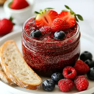 - 2 cups mixed berries (strawberries, blueberries, raspberries) - 2 tablespoons chia seeds - 2-3 tablespoons honey or maple syrup - 1 tablespoon lemon juice - Pinch of salt - Additional sweeteners - Spices (e.g., cinnamon or vanilla) - Other fruit combinations To make Berry Chia Jam, you need simple and fresh ingredients. The main stars are mixed berries. You can choose strawberries, blueberries, and raspberries. These fruits bring bright colors and sweet flavors. Chia seeds are next. They help thicken the jam and add health benefits. Honey or maple syrup gives sweetness. You can adjust the amount based on your taste. Lemon juice adds a nice zing, balancing the sweetness. Lastly, a pinch of salt brings out all the flavors. You can also add extra touches. If you like, mix in more sweeteners or spices. A sprinkle of cinnamon gives warmth. Vanilla can add a lovely scent. You can even try other fruits. Blackberries or cranberries work well too. This flexibility makes the jam fun and personal. You get to play with flavors and create your perfect blend! {{ingredient_image_1}} Start by adding 2 cups of mixed berries and 1 tablespoon of lemon juice to a medium saucepan. The mix can include strawberries, blueberries, and raspberries. Cook this over medium heat for about 5 minutes. Stir it occasionally. You want to see the berries break down and release their juices. This step makes a great base for the jam. Once the berries soften, it's time to add 2-3 tablespoons of honey or maple syrup. Mix well to blend the sweetener into the berries. Taste the mixture; adjust the sweetness if you want. Use a fork or a potato masher to mash the berries. You can choose how smooth you want it. Leave some chunks for texture if you prefer. Now, stir in 2 tablespoons of chia seeds and a pinch of salt. This is where the magic happens! Mix everything thoroughly. Lower the heat and let the mixture simmer for 5-10 minutes. Stir it often until it thickens. When done, remove it from the heat and let it cool for a bit. Pour the jam into a clean jar. Allow it to cool at room temperature, then refrigerate for at least 1 hour. This helps it thicken even more. Enjoy your homemade berry chia jam! To adjust sweetness, start by tasting your jam after mixing in honey or maple syrup. If it needs more sweetness, add another half tablespoon. Always remember, you can add but can't take away. Mix well after each addition. This way, you can find the perfect balance that suits your taste. For a thicker jam, let it simmer longer. Keep stirring often to prevent sticking. If you'd like it even thicker, add one more tablespoon of chia seeds. They absorb liquid and create a nice texture. If the jam becomes too thick, stir in a splash of water or more lemon juice to loosen it up. Berry chia jam pairs wonderfully with many foods. Spread it on fresh bread or crackers for a tasty snack. You can also use it in yogurt or oatmeal. For a lovely presentation, serve it in a small jar with a label. Add a few whole berries on top for a pop of color. This simple touch makes it look beautiful on any table. Pro Tips Choose Fresh Berries: Opt for ripe and fresh berries for the best flavor and sweetness in your jam. Adjusting Sweetness: Start with less sweetener and gradually increase it to suit your taste preference, as the natural sweetness of berries can vary. Texture Preference: For a chunkier jam, mash the berries lightly; for a smoother consistency, mash them more thoroughly. Storage Tips: Store the jam in an airtight container in the refrigerator for up to two weeks, or freeze it for longer preservation. {{image_2}} Chia seeds are tiny but mighty. They are packed with fiber, omega-3 fatty acids, and protein. In just one ounce, you can find about 11 grams of fiber. This fiber helps with digestion and keeps you full longer. Omega-3s support heart health and brain function. Chia seeds also contain protein, which is essential for muscle repair and growth. When mixed with berries, chia seeds become even more nutritious. Berries are rich in antioxidants. These compounds help fight free radicals in your body. This means they can help reduce your risk of chronic diseases. Eating chia seeds with berries gives you a powerhouse of nutrients in one bite. Berry chia jam is a smart choice for a healthy diet. It has low sugar and is nutrient-dense. You can make it at home, which means you control the ingredients. Store-bought jams often have added sugars and preservatives. By making your own, you avoid those unhealthy extras. This jam is a great way to enjoy sweet flavors without guilt. It makes breakfast or snacks tastier and healthier. You can spread it on whole-grain toast or mix it into yogurt. Using this jam means you get all the flavor with far fewer calories. Mixed berries, like strawberries, blueberries, and raspberries, are full of vitamins. Strawberries have vitamin C, which helps your immune system. Blueberries are known for their brain-boosting benefits due to their high antioxidant levels. Raspberries provide fiber and vitamin K, which supports bone health. These berries also have anti-inflammatory properties. This means they can help reduce swelling and pain in the body. Eating mixed berries regularly can lead to better overall health. Adding them to your chia jam not only enhances its flavor but also packs a nutritional punch. Berry chia jam is fun because you can mix and match berries. You can use just one type of berry or try a mix. For example, blackberries bring a sweet and tangy taste. Cranberries add a tart kick. Each berry has its own unique flavor. This allows you to create your favorite jam. You can even try using seasonal berries for a fresh twist! To make your jam even better, think about adding herbs or zest. Fresh mint can give a cool taste. Just chop a little mint and stir it in. Citrus zest, like lemon or orange, adds a bright flavor. This small change can make a big difference in taste. It can take your jam from good to great! If you want to cut sugar, there are many options. Agave nectar is sweeter than honey and works well. Stevia is a zero-calorie sweetener that can be added easily. Coconut sugar is another good choice. It has a lower glycemic index than regular sugar. These alternatives let you enjoy a tasty jam without all the sugar. You can use them based on your taste and health needs. Berry Chia Jam lasts about one week in the fridge. Store it in a clean jar with a lid. You can also freeze it for up to three months. Just make sure to leave some space in the jar for the jam to expand when frozen. Yes, you can use frozen berries! They work great in this recipe. Just thaw them first and drain any extra liquid. Frozen berries may take a bit longer to cook and break down. Remember to adjust the sweetness since frozen berries can be sweeter than fresh ones. This recipe is not ideal for canning. It lacks the high sugar content that helps preserve jams. If you want to can it, you need to add more sugar. Always follow safe canning practices. Use sterilized jars and ensure a proper seal. This blog detailed how to make delicious berry chia jam. You learned about key ingredients, step-by-step instructions, and helpful tips. We discussed health benefits of chia seeds and berries, plus variations to mix things up. I hope you feel inspired to try this simple recipe. Enjoy your jam on toast or as a sweet treat! It’s quick, healthy, and fun to make. You can customize it to fit your taste. Enjoy creating!