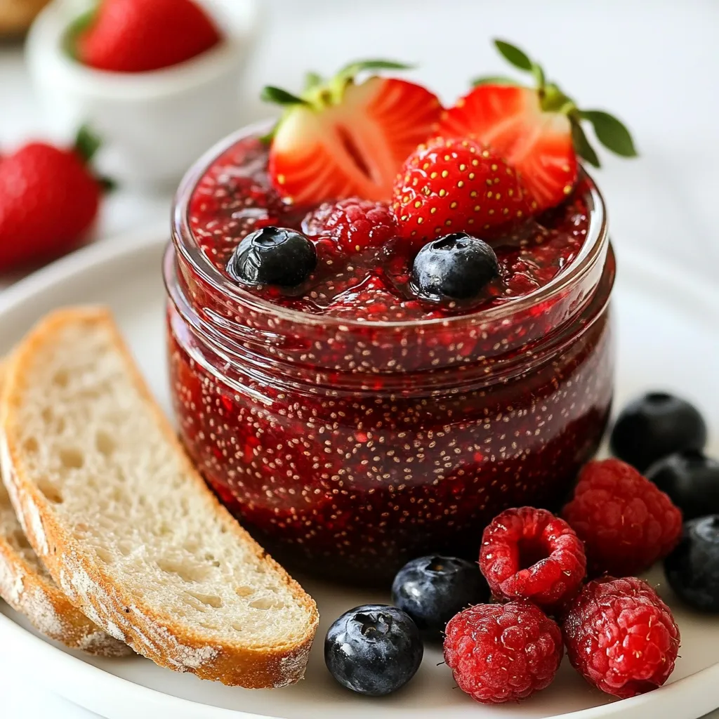 - 2 cups mixed berries (strawberries, blueberries, raspberries) - 2 tablespoons chia seeds - 2-3 tablespoons honey or maple syrup - 1 tablespoon lemon juice - Pinch of salt - Additional sweeteners - Spices (e.g., cinnamon or vanilla) - Other fruit combinations To make Berry Chia Jam, you need simple and fresh ingredients. The main stars are mixed berries. You can choose strawberries, blueberries, and raspberries. These fruits bring bright colors and sweet flavors. Chia seeds are next. They help thicken the jam and add health benefits. Honey or maple syrup gives sweetness. You can adjust the amount based on your taste. Lemon juice adds a nice zing, balancing the sweetness. Lastly, a pinch of salt brings out all the flavors. You can also add extra touches. If you like, mix in more sweeteners or spices. A sprinkle of cinnamon gives warmth. Vanilla can add a lovely scent. You can even try other fruits. Blackberries or cranberries work well too. This flexibility makes the jam fun and personal. You get to play with flavors and create your perfect blend! {{ingredient_image_1}} Start by adding 2 cups of mixed berries and 1 tablespoon of lemon juice to a medium saucepan. The mix can include strawberries, blueberries, and raspberries. Cook this over medium heat for about 5 minutes. Stir it occasionally. You want to see the berries break down and release their juices. This step makes a great base for the jam. Once the berries soften, it's time to add 2-3 tablespoons of honey or maple syrup. Mix well to blend the sweetener into the berries. Taste the mixture; adjust the sweetness if you want. Use a fork or a potato masher to mash the berries. You can choose how smooth you want it. Leave some chunks for texture if you prefer. Now, stir in 2 tablespoons of chia seeds and a pinch of salt. This is where the magic happens! Mix everything thoroughly. Lower the heat and let the mixture simmer for 5-10 minutes. Stir it often until it thickens. When done, remove it from the heat and let it cool for a bit. Pour the jam into a clean jar. Allow it to cool at room temperature, then refrigerate for at least 1 hour. This helps it thicken even more. Enjoy your homemade berry chia jam! To adjust sweetness, start by tasting your jam after mixing in honey or maple syrup. If it needs more sweetness, add another half tablespoon. Always remember, you can add but can't take away. Mix well after each addition. This way, you can find the perfect balance that suits your taste. For a thicker jam, let it simmer longer. Keep stirring often to prevent sticking. If you'd like it even thicker, add one more tablespoon of chia seeds. They absorb liquid and create a nice texture. If the jam becomes too thick, stir in a splash of water or more lemon juice to loosen it up. Berry chia jam pairs wonderfully with many foods. Spread it on fresh bread or crackers for a tasty snack. You can also use it in yogurt or oatmeal. For a lovely presentation, serve it in a small jar with a label. Add a few whole berries on top for a pop of color. This simple touch makes it look beautiful on any table. Pro Tips Choose Fresh Berries: Opt for ripe and fresh berries for the best flavor and sweetness in your jam. Adjusting Sweetness: Start with less sweetener and gradually increase it to suit your taste preference, as the natural sweetness of berries can vary. Texture Preference: For a chunkier jam, mash the berries lightly; for a smoother consistency, mash them more thoroughly. Storage Tips: Store the jam in an airtight container in the refrigerator for up to two weeks, or freeze it for longer preservation. {{image_2}} Chia seeds are tiny but mighty. They are packed with fiber, omega-3 fatty acids, and protein. In just one ounce, you can find about 11 grams of fiber. This fiber helps with digestion and keeps you full longer. Omega-3s support heart health and brain function. Chia seeds also contain protein, which is essential for muscle repair and growth. When mixed with berries, chia seeds become even more nutritious. Berries are rich in antioxidants. These compounds help fight free radicals in your body. This means they can help reduce your risk of chronic diseases. Eating chia seeds with berries gives you a powerhouse of nutrients in one bite. Berry chia jam is a smart choice for a healthy diet. It has low sugar and is nutrient-dense. You can make it at home, which means you control the ingredients. Store-bought jams often have added sugars and preservatives. By making your own, you avoid those unhealthy extras. This jam is a great way to enjoy sweet flavors without guilt. It makes breakfast or snacks tastier and healthier. You can spread it on whole-grain toast or mix it into yogurt. Using this jam means you get all the flavor with far fewer calories. Mixed berries, like strawberries, blueberries, and raspberries, are full of vitamins. Strawberries have vitamin C, which helps your immune system. Blueberries are known for their brain-boosting benefits due to their high antioxidant levels. Raspberries provide fiber and vitamin K, which supports bone health. These berries also have anti-inflammatory properties. This means they can help reduce swelling and pain in the body. Eating mixed berries regularly can lead to better overall health. Adding them to your chia jam not only enhances its flavor but also packs a nutritional punch. Berry chia jam is fun because you can mix and match berries. You can use just one type of berry or try a mix. For example, blackberries bring a sweet and tangy taste. Cranberries add a tart kick. Each berry has its own unique flavor. This allows you to create your favorite jam. You can even try using seasonal berries for a fresh twist! To make your jam even better, think about adding herbs or zest. Fresh mint can give a cool taste. Just chop a little mint and stir it in. Citrus zest, like lemon or orange, adds a bright flavor. This small change can make a big difference in taste. It can take your jam from good to great! If you want to cut sugar, there are many options. Agave nectar is sweeter than honey and works well. Stevia is a zero-calorie sweetener that can be added easily. Coconut sugar is another good choice. It has a lower glycemic index than regular sugar. These alternatives let you enjoy a tasty jam without all the sugar. You can use them based on your taste and health needs. Berry Chia Jam lasts about one week in the fridge. Store it in a clean jar with a lid. You can also freeze it for up to three months. Just make sure to leave some space in the jar for the jam to expand when frozen. Yes, you can use frozen berries! They work great in this recipe. Just thaw them first and drain any extra liquid. Frozen berries may take a bit longer to cook and break down. Remember to adjust the sweetness since frozen berries can be sweeter than fresh ones. This recipe is not ideal for canning. It lacks the high sugar content that helps preserve jams. If you want to can it, you need to add more sugar. Always follow safe canning practices. Use sterilized jars and ensure a proper seal. This blog detailed how to make delicious berry chia jam. You learned about key ingredients, step-by-step instructions, and helpful tips. We discussed health benefits of chia seeds and berries, plus variations to mix things up. I hope you feel inspired to try this simple recipe. Enjoy your jam on toast or as a sweet treat! It’s quick, healthy, and fun to make. You can customize it to fit your taste. Enjoy creating!