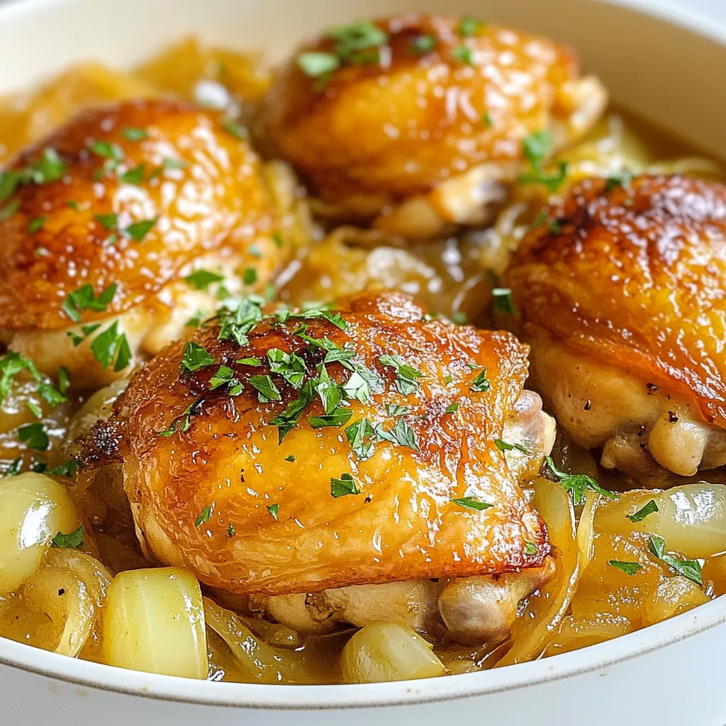 - 4 chicken thighs, skin-on and bone-in - 2 large yellow onions, thinly sliced - 3 cloves garlic, minced - 1 tablespoon olive oil - 1 tablespoon unsalted butter - 1 teaspoon thyme (dried or fresh) - Salt and pepper to taste - 1 cup low-sodium chicken broth - 1 cup shredded Gruyère cheese - 1 tablespoon balsamic vinegar For this dish, chicken thighs bring rich flavor and moisture. I love using skin-on, bone-in thighs for their juicy texture. Yellow onions are sweet when cooked, and they add depth to the dish. Garlic is a must; it adds a lovely aroma and taste. The cooking essentials make this meal shine. Olive oil and butter create a great base for searing the chicken. Thyme adds a hint of earthiness. Don't forget to season with salt and pepper; it enhances all the flavors. Lastly, Gruyère cheese is key for that melty, gooey goodness on top. The chicken broth keeps everything moist and flavorful. Balsamic vinegar adds a sweet tang that balances the dish. Trust me, these ingredients come together for a delightful meal you will love. {{ingredient_image_1}} Preheating the Oven First, set your oven to 400°F (200°C). This makes sure the oven is hot and ready when it's time to bake. Preheating helps cook the chicken evenly. Seasoning the Chicken Next, take your chicken thighs and sprinkle them with salt and pepper. Make sure to cover all sides. This enhances the flavor of the chicken and adds a nice touch. Searing the Chicken In a large oven-safe skillet, heat one tablespoon of olive oil and one tablespoon of unsalted butter over medium heat. Once the butter melts, place the chicken thighs skin-side down. Sear for about 5-7 minutes until they turn golden brown. After that, flip them over and cook for another 5 minutes. Remove the chicken and set it aside. This step locks in the flavors. Caramelizing Onions In the same skillet, add the thinly sliced yellow onions. Cook them for about 10-15 minutes, stirring often. You want them soft and a lovely golden color. After that, add three cloves of minced garlic and one teaspoon of thyme. Cook for another 1-2 minutes. This will fill your kitchen with a delightful aroma. Deglazing the Pan and Combining Ingredients Now it’s time to deglaze the pan. Pour in one tablespoon of balsamic vinegar and scrape up any brown bits. This adds depth to your dish. Then, add one cup of low-sodium chicken broth and bring it to a simmer. Baking and Finishing Touches Return the chicken thighs to the skillet, skin-side up. Spread the caramelized onions over the chicken. Top each thigh with a generous amount of shredded Gruyère cheese. Transfer the skillet to your preheated oven and bake for 25-30 minutes. The chicken is done when it is fully cooked and the cheese is bubbly and golden. Once done, remove it from the oven and let it rest for a few minutes. Garnish with fresh parsley before serving. How to Achieve Perfectly Caramelized Onions To get the best flavor, cook onions slowly. Start with medium heat and stir often. This helps them turn brown and sweet. Patience is key. It can take about 10-15 minutes. If they stick, add a splash of broth. This will lift those tasty bits from the pan. Choosing the Right Cheese Gruyère cheese gives a rich and nutty flavor. It melts well, making it perfect for this dish. If you want a twist, use Swiss cheese or even mozzarella. Each cheese adds a unique taste, so feel free to experiment. Prepping Ingredients in Advance Chop your onions and garlic ahead of time. Store them in the fridge until you’re ready to cook. This cuts down your cooking time. You can also season the chicken early. This lets the flavors soak in better. Using a Cast Iron Skillet A cast iron skillet is great for this recipe. It holds heat well and can go from stovetop to oven. This saves you from washing extra pans. Plus, it adds a nice sear to the chicken. Adding Fresh Herbs Fresh thyme or parsley boosts flavor. You can sprinkle them on right before serving. This adds color and freshness. If you have other herbs, like rosemary, try those too. Each will change the dish in a fun way. Adjusting Seasoning Levels Taste as you cook! You might want more salt or pepper. If you like tang, add a bit more balsamic vinegar. Adjusting the flavors to your liking makes this dish truly yours. Pro Tips Use Fresh Herbs: Fresh thyme can enhance the flavor significantly compared to dried thyme. If available, opt for fresh to elevate your dish. Perfectly Caramelize Onions: Cook the onions slowly over medium heat to achieve a deep golden color and rich flavor. Patience is key to perfect caramelization! Broth Matters: Choose a high-quality low-sodium chicken broth for the best flavor. Homemade broth can take this dish to the next level! Resting the Chicken: Allow the chicken to rest for a few minutes after baking to ensure the juices redistribute, making the meat more tender and juicy. {{image_2}} Different Cheese Options You can swap Gruyère cheese for other types. Swiss cheese gives a similar taste. Mozzarella adds a nice stretch and mild flavor. If you want a sharper bite, try aged cheddar. Each option changes the dish slightly but keeps it delicious. Alternative Proteins Chicken thighs work great, but you can use chicken breasts too. Bone-in breasts stay juicy like thighs. For a twist, try pork chops or turkey thighs. You can even make this dish vegetarian with hearty mushrooms or cauliflower steaks. Gluten-Free Modifications This recipe is mostly gluten-free. Just ensure your chicken broth is gluten-free. Some brands add gluten, so check the label. You can also use homemade broth to keep it safe. Low-Sodium Alternatives If you need to cut sodium, use low-sodium broth. You can make your own broth with just water and herbs. Adjust the salt in your cooking to taste. Fresh herbs add flavor without extra salt. Pairing with Sides French onion chicken thighs go well with many sides. Mashed potatoes are creamy and comforting. Roasted veggies add color and crunch. You can even serve it over rice or pasta for a filling meal. Creative Garnishes Garnish with fresh parsley for a pop of color. You can also top it with crispy fried onions for a crunchy texture. A drizzle of balsamic glaze adds sweetness and depth. Get creative and make it your own! - Refrigeration Guidelines: Place your leftover chicken thighs in an airtight container. Make sure to cool them to room temperature first. Store them in the fridge for up to four days. - Freezing Instructions: If you want to keep your dish longer, freeze leftovers. Use a freezer-safe container or bag. Label it with the date. Frozen leftovers are best used within three months. - Best Methods for Microwave: To reheat in the microwave, place the chicken on a microwave-safe plate. Cover it with a damp paper towel. Heat for 1-2 minutes, checking for warmth. - Oven Reheating Techniques: For oven reheating, preheat your oven to 350°F (175°C). Place the chicken in an oven-safe dish. Cover with foil to keep it moist. Heat for about 15-20 minutes until warm. - How Long Can Leftovers Last?: Leftovers will last in the fridge for about four days. In the freezer, they can last up to three months. - Signs of Spoilage: Check for off smells or unusual colors. If the chicken looks dry or hard, it’s best to throw it away. Always trust your senses! What can I serve with French Onion Chicken Thighs? You can pair the chicken with many sides. Some great options include: - Mashed potatoes - Steamed green beans - Roasted vegetables - A simple green salad These sides balance the rich flavors of the dish and add freshness. Can I use boneless chicken thighs instead? Yes, you can use boneless chicken thighs. They will cook faster, so check them at about 20 minutes. How do I know when the chicken is fully cooked? The chicken is done when it reaches an internal temperature of 165°F (75°C). Use a meat thermometer for the best results. The juices should run clear, not pink. What is the best way to reheat this dish? To reheat, place the chicken in an oven-safe dish. Cover it with foil to keep it moist. Heat at 350°F (175°C) for about 15-20 minutes. You can also use a microwave, but it may not be as crispy. Can I use other types of onions? Yes, you can use sweet onions or red onions. Each will change the flavor a bit but will still taste great. Is Gruyère cheese necessary for this recipe? Gruyère cheese adds a rich flavor, but you can use other cheeses like Swiss or mozzarella. They will melt well but may taste different. This blog post covered the key ingredients, cooking steps, and helpful tips for making French Onion Chicken Thighs. You learned how to prepare, cook, and store this delicious dish. Remember, perfect caramelized onions and the right cheese make all the difference. Feel free to experiment with variations based on your taste. Enjoy the cooking process and savor the meal. Your kitchen will become a favorite spot with these tips!