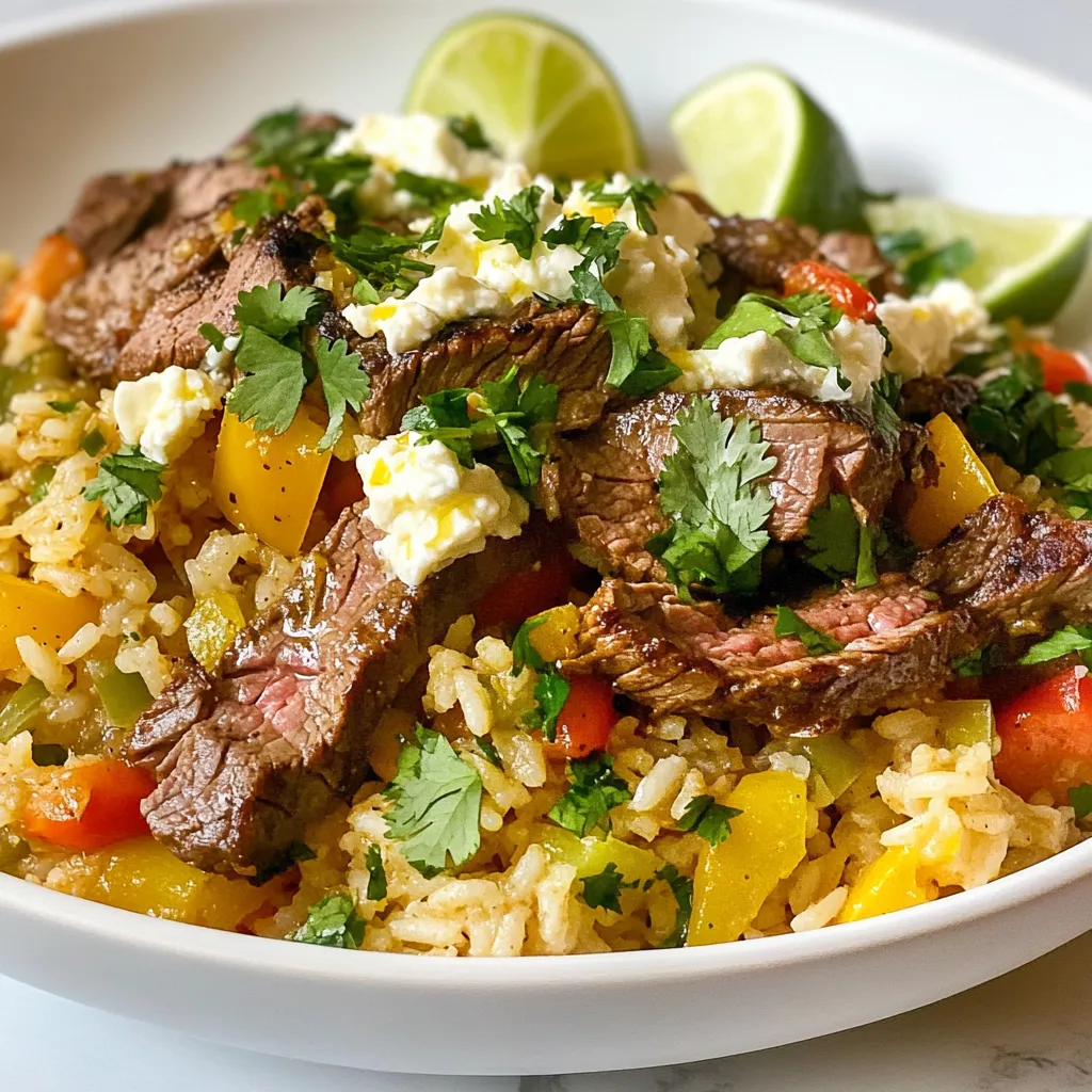 To make this dish, gather the following items: - 1 lb flank steak, cut into small strips - 1 cup uncooked jasmine rice - 2 cups beef broth - 1 cup queso blanco (or queso dip) - 1 medium onion, diced - 1 bell pepper, diced (any color) - 2 cloves garlic, minced - 1 tablespoon olive oil - 1 teaspoon smoked paprika - 1 teaspoon cumin - Salt and pepper to taste - Fresh cilantro, for garnish - Lime wedges, for serving These ingredients create a rich and flavorful meal. The flank steak gives a tender bite, while the queso adds a creamy touch. If you can’t find certain ingredients, here are some swaps: - Use chicken or turkey instead of flank steak. - Swap jasmine rice for basmati or brown rice. - Substitute vegetable broth for beef broth for a vegetarian option. - Try cheddar cheese if you can’t find queso blanco. - Use any bell pepper color you prefer. These changes can still keep the dish tasty. Each serving of this delicious skillet contains: - Calories: 520 - Protein: 36g - Carbohydrates: 45g - Fat: 22g - Fiber: 2g This meal is balanced, providing protein and carbs. It’s a great option for a hearty dinner. {{ingredient_image_1}} Start by cutting the flank steak into small strips. Use a sharp knife for clean cuts. Next, season the steak well. I like to use salt, pepper, smoked paprika, and cumin. These spices add great flavor. Heat a large skillet over medium-high heat. Add one tablespoon of olive oil. Once the oil is hot, add the seasoned steak strips. Sear them for about 3-4 minutes. Make sure they brown nicely on all sides. This step locks in the flavors. After searing, remove the steak from the skillet and set it aside. In the same skillet, add the diced onion, bell pepper, and minced garlic. These vegetables add color and taste. Sauté them for about 5 minutes. You want them to soften but not lose their crunch. Stir them often to avoid burning. This step brings out their natural sweetness. Now it’s time to add the rice. Pour in 1 cup of uncooked jasmine rice and mix it with the veggies. Stir for 1-2 minutes to toast the rice lightly. This enhances the rice's flavor. Next, pour in 2 cups of beef broth. Bring the mixture to a boil. Once boiling, reduce the heat to low. Cover the skillet and let it simmer for about 15 minutes. This cooks the rice and absorbs the broth. After the rice is done, add the steak back into the skillet. Pour in 1 cup of queso blanco. Stir gently until everything combines and heats through. Finally, garnish with fresh cilantro and serve with lime wedges. Enjoy your savory steak and queso rice skillet! To sear steak well, start with a hot skillet. Heat your skillet over medium-high heat for a few minutes. Add one tablespoon of olive oil and let it shimmer. Season the flank steak strips with salt, pepper, smoked paprika, and cumin. This adds great flavor. Place the steak in the skillet, but do not overcrowd. Sear for about 3-4 minutes. Flip the steak only once to get a nice brown crust. Once browned, remove it from the skillet and set it aside. To make fluffy rice, rinse the jasmine rice under cold water. This removes excess starch. In the skillet, add the rice to the sautéed vegetables and stir for 1-2 minutes. Toasting the rice enhances its flavor. Pour in the beef broth and bring it to a boil. Once boiling, reduce the heat to low and cover. Let it simmer for about 15 minutes. Avoid lifting the lid during cooking. This helps the rice absorb moisture and become fluffy. You can adjust the spice level to fit your taste. For a mild dish, use less smoked paprika. If you crave heat, add some chili powder or diced jalapeños. You can also use a hot queso dip instead of queso blanco. Always taste your dish as you cook. This way, you can balance the spices to your liking. Don’t be afraid to experiment! Pro Tips Choose the Right Cut: Flank steak is great for this dish, but you can also use skirt steak or sirloin for different flavors and textures. Toast the Rice: To enhance the flavor, make sure to toast the rice with the vegetables before adding the broth; this adds a nutty aroma. Monitor Liquid Levels: Keep an eye on the liquid while the rice cooks; if it absorbs too quickly, add a bit more broth or water as needed. Garnish with Freshness: Fresh cilantro and lime wedges really elevate the dish, adding brightness and balancing the richness of the queso. {{image_2}} You can make this dish more colorful and healthy by adding vegetables. Try some chopped zucchini, corn, or diced tomatoes. These add great flavor and nutrition. Just sauté them with the onion and bell pepper. You can also add spinach at the end. It wilts quickly and adds a nice touch. If you like heat, add some spice! You can use jalapeños or red pepper flakes. Stir them in with the garlic for a nice kick. If you want more flavor, try adding chipotle powder. It gives a smoky taste along with the heat. Adjust the spice to your taste to make it just right. Queso blanco is creamy and tasty, but you can switch it up. Try cheddar cheese for a sharper flavor. Pepper jack is great for a spicy twist. You can also mix cheeses for a unique taste. Just make sure to melt it well into the rice and steak for a creamy finish. To store your Steak and Queso Rice Skillet, let it cool down first. Then, place the leftovers in an airtight container. This will keep the dish fresh. Store it in the fridge for up to three days. When you are ready to enjoy your leftovers, heat them in a skillet. Add a splash of beef broth to keep it moist. Heat over medium heat for about five to seven minutes. Stir often to ensure even warming. You can also use a microwave. Place the dish in a microwave-safe bowl. Heat for two to three minutes, stirring halfway through. If you want to keep your dish longer, freezing is a great option. Use a freezer-safe container or a heavy-duty bag. Make sure to remove as much air as possible to avoid freezer burn. You can freeze the dish for up to three months. When you’re ready to eat, thaw it in the fridge overnight before reheating. Yes, you can! While flank steak works great, feel free to try sirloin or ribeye. Both are tender and flavorful choices. Just cut them into small strips like the flank steak. This will help them cook evenly in the skillet. Definitely! You can prepare the steak and rice mixture ahead. Cook everything up to adding the queso. Store it in the fridge for up to two days. When you're ready to eat, heat it up, add the queso, and mix it well. This makes for a quick meal when you're short on time. This dish is tasty on its own, but you can add sides too. Consider serving it with fresh guacamole or a simple salad. You can also pair it with tortilla chips for some crunch. Lime wedges add a zesty kick that enhances the flavors well. In this post, we covered the ingredients needed for a delicious skillet dish. We explored steps to prepare the steak, cook vegetables, and mix all ingredients. I shared tips for searing steak, making fluffy rice, and adjusting spice levels. You learned about variations with vegetables, cheese, and more. Lastly, we discussed storage and reheating for leftovers. As you cook, remember these tips to create a tasty meal. Enjoy customizing it to your taste!