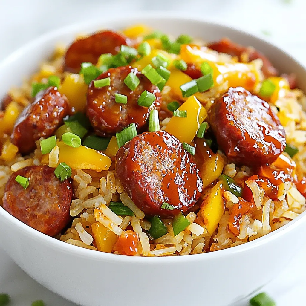 - 2 cups jasmine rice - 1 lb smoked sausage, sliced - 1 cup barbecue sauce - 1 bell pepper, diced - 1 medium onion, diced - 2 cloves garlic, minced - 1 tablespoon apple cider vinegar - 1 tablespoon brown sugar - 1 teaspoon paprika - Salt and pepper to taste Gather these ingredients for a tasty dish. Jasmine rice gives a nice touch. It cooks fluffy and pairs well with the sausage. Smoked sausage adds rich flavor. You can use chicken or turkey sausage as a lighter choice. Your favorite barbecue sauce will bring sweet and tangy notes to the dish. For veggies, bell pepper and onion add crunch. Garlic boosts the overall taste. It gives a lovely aroma as it cooks. The apple cider vinegar adds a zing. Brown sugar balances the flavors with a hint of sweetness. Paprika, salt, and pepper are key for seasoning. They tie everything together. With these ingredients, you'll create a warm, flavorful meal. Enjoy the process of cooking and the delicious result! {{ingredient_image_1}} - Rinsing jasmine rice: Start by rinsing 2 cups of jasmine rice. Place the rice in a fine-mesh strainer. Rinse it under cold water until the water runs clear. This step removes excess starch. It helps keep the rice fluffy. - Cooking rice in chicken broth: In a medium saucepan, add the rinsed rice and 4 cups of chicken broth. Bring this to a boil. Once boiling, reduce the heat. Cover the pot and let it simmer for 15 minutes. The rice will absorb the broth and become fluffy. After cooking, let it sit covered for 5 minutes. - Browning the smoked sausage: While the rice cooks, heat a large skillet over medium heat. Add 1 pound of sliced smoked sausage to the skillet. Cook the sausage for 5 to 7 minutes. You want it to be browned and slightly crispy. - Sautéing onions and bell pepper: Next, add 1 medium diced onion and 1 diced bell pepper to the skillet. Sauté these for about 5 minutes until the onions become translucent. - Mixing barbecue sauce and additional ingredients: In a small bowl, combine 1 cup of your favorite barbecue sauce, 1 tablespoon of apple cider vinegar, and 1 tablespoon of brown sugar. Pour this mixture over the sausage and vegetable mix. Stir until everything is well coated. - Incorporating rice with sausage mixture: Let the mixture simmer for a few minutes. This allows the flavors to blend. Season with 1 teaspoon of paprika, salt, and pepper to taste. Then, fluff the rice with a fork. Add the rice to the sausage mixture. Gently toss to combine all the ingredients. Rinsing jasmine rice is key. It removes extra starch. This keeps the rice light and fluffy. Rinse it under cold water until the water runs clear. This step is simple but makes a big difference. After cooking, let the rice sit. Cover it for five minutes. This helps it absorb steam and become even fluffier. Fluff it gently with a fork before mixing it with the sausage. Choose a barbecue sauce you love. Sweet, smoky, or spicy sauces work well. Feel free to mix and match flavors. This lets you add your personal touch. Fresh herbs also add a nice touch. Chopped green onions brighten the dish. You can also add cilantro or parsley for more flavor. Sautéing the sausage right is important. Use medium heat and let it brown well. This brings out its rich flavor. When adding spices, adjust to your taste. Paprika adds warmth, while salt and pepper enhance overall flavor. Taste as you go. This will help you create a dish you love! Pro Tips Rinse the Rice: Rinsing jasmine rice removes excess starch, resulting in fluffier and less sticky rice. Choose Your Sausage Wisely: Opt for a high-quality smoked sausage to enhance the overall flavor of the dish. Customize the BBQ Sauce: Feel free to experiment with different barbecue sauces or add spices to create a unique flavor profile. Garnish for Freshness: Adding chopped green onions not only enhances the presentation but also adds a fresh, mild onion flavor. {{image_2}} You can switch up the protein in this dish. Using chicken or turkey sausage gives you a leaner choice. These options keep the flavor strong without too many calories. They also blend well with the sweet and tangy sauce. If you're looking for vegetarian substitutes, try plant-based sausage. They have great texture and taste. Tofu or tempeh also work well and soak up all the flavors. Want to change up the flavors? Add tropical notes with fresh pineapple. The sweetness pairs well with the BBQ sauce. You can also add a spicy kick. Just a splash of hot sauce or some diced jalapeños will do the trick. This adds heat and excitement to the dish. Feel free to mix and match until you find what you love. This dish is great on its own but can shine with some sides. Try it with a fresh salad or steamed veggies. You could also serve it in a bowl with toppings like avocado or cheese. Wrap the mixture in a tortilla for a tasty hand-held meal. The options are endless, so get creative! To keep your Sweet and Tangy BBQ Sausage Rice fresh, follow these tips: - Refrigeration: Place leftovers in an airtight container. This keeps moisture in and prevents a dry meal. - Freezing Portions: Divide the rice into smaller containers. This makes it easy to reheat only what you need. Make sure to label each container with the date. When it's time to enjoy your leftovers, use these methods: - Microwave: Place the rice in a microwave-safe bowl. Add a splash of water to keep it moist. Cover with a damp paper towel and heat for 1-2 minutes. Check and stir halfway through. - Stovetop: Heat a small skillet over low heat. Add the rice and a bit of broth or water. Stir often until heated through. This helps keep the rice fluffy. Knowing how long your food lasts is key: - Fridge: Your Sweet and Tangy BBQ Sausage Rice can last for about 3-4 days in the fridge. - Signs of Spoilage: Look for changes in color or smell. If it smells sour or looks off, it’s best to toss it. Always trust your senses when it comes to food safety. I love using smoked sausage for this dish. It adds great flavor. Chicken or turkey sausage works well, too. They are leaner but still tasty. You can also try spicy sausage for a kick. This adds depth without overpowering the other flavors. Yes, you can prepare this dish ahead of time. Cook the rice and sausage mix separately. Store them in the fridge for up to three days. When ready to serve, just heat them together. This makes meal prep easy and quick. To add heat, try these options: - Mix in diced jalapeños or hot sauce. - Use spicy barbecue sauce. - Add crushed red pepper flakes. These will boost the heat while keeping the sweet and tangy taste. This blog covered how to make a tasty dish using jasmine rice, smoked sausage, and barbecue sauce. You learned key steps like cooking the rice in broth and browning the sausage with veggies. Remember, customizing flavors keeps it exciting. Use different proteins or spices to suit your taste. With proper storage and reheating, your leftovers stay just as good. Enjoy creating this dish and making it your own!