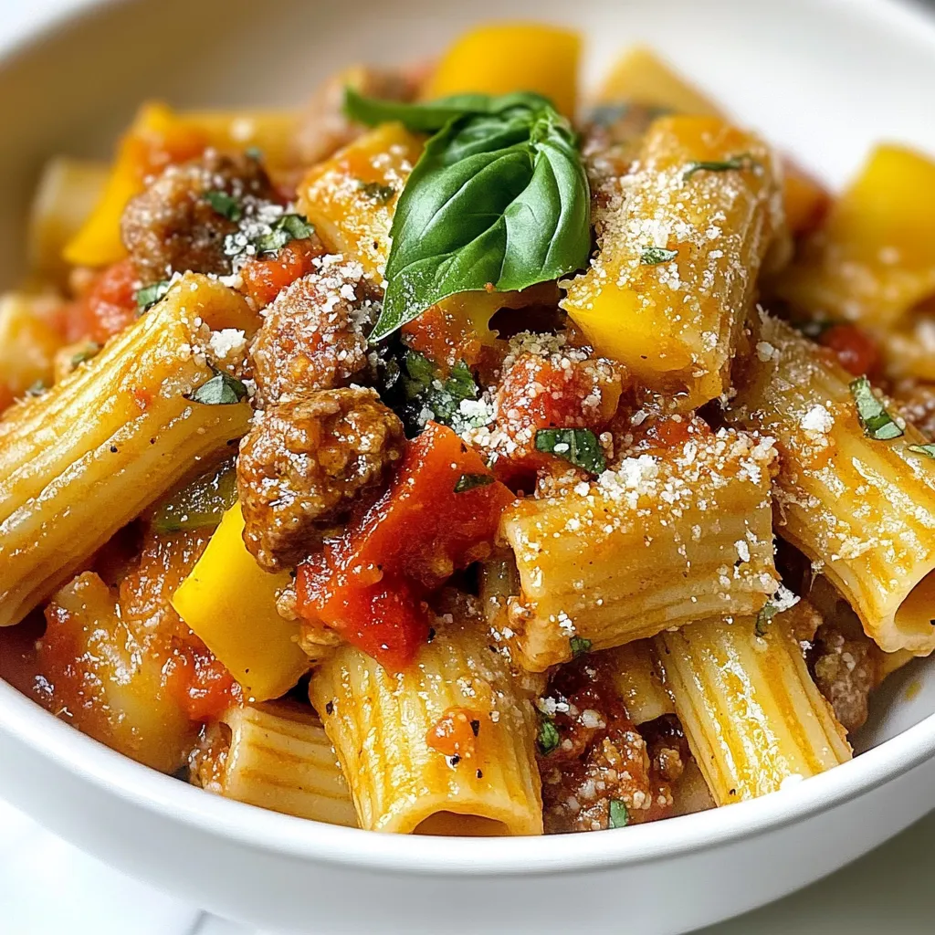 - 12 oz rigatoni pasta - 1 lb Italian sausage, casings removed - 1 tablespoon olive oil - 1 medium onion, finely chopped - 3 cloves garlic, minced - 1 bell pepper (red or yellow), diced - 1 can (14 oz) crushed tomatoes - 1 teaspoon dried basil - 1 teaspoon dried oregano - Salt and pepper to taste - 1 cup baby spinach - ½ cup ricotta cheese - ¼ cup grated Parmesan cheese - Fresh basil leaves for garnish You can swap the rigatoni for penne or fusilli. If you want a leaner meat, use turkey sausage. For a vegetarian option, try plant-based sausage or mushrooms. You can also use fresh tomatoes instead of canned ones if they are in season. If you don’t have ricotta, cream cheese works well too. Using fresh ingredients makes a big difference. Fresh vegetables have better flavor and nutrients. They also add bright colors to your dish. Fresh herbs like basil can elevate the taste of your meal. Fresh pasta can also make the dish even more special. Always choose quality ingredients to enjoy the best flavors in your Italian sausage rigatoni. {{ingredient_image_1}} Start by boiling a large pot of salted water. Once it boils, add 12 oz of rigatoni pasta. Cook the pasta according to the package instructions until it is al dente. This usually takes about 10-12 minutes. Once done, save a cup of pasta water for later. Then, drain the pasta in a colander and set it aside. In a large skillet, heat 1 tablespoon of olive oil over medium heat. Next, add 1 lb of Italian sausage, which you should break apart with a wooden spoon. Cook the sausage for about 7-10 minutes, or until it turns a nice brown color. After the sausage is cooked, add 1 medium chopped onion and 1 diced bell pepper. Sauté these for about 5 minutes until the onion becomes soft and translucent. Now, stir in 3 minced garlic cloves and cook for another minute until you smell that great garlic aroma. Pour in 1 can of crushed tomatoes and add 1 teaspoon each of dried basil and dried oregano. Season with salt and pepper to taste. Let this sauce simmer for about 10 minutes to thicken. After that, toss in the cooked rigatoni and 1 cup of baby spinach, mixing everything well. If the sauce looks thick, add some reserved pasta water to loosen it up. Remove the skillet from heat and stir in ½ cup of ricotta cheese until it is creamy and well mixed. Serve the rigatoni in bowls and top with ¼ cup of grated Parmesan cheese and fresh basil leaves for a nice touch. To cook rigatoni perfectly, use a large pot. Fill it with water and add salt. This helps the pasta taste great. Boil the water before adding the rigatoni. Follow the package time for al dente. Remember to reserve a cup of pasta water. This water can help your sauce if it gets too thick. You can boost the flavor with a few extras. Try adding crushed red pepper for heat. Fresh herbs like parsley or thyme add freshness. A splash of red wine can deepen the sauce's taste. You can also mix in olives or sun-dried tomatoes for extra flavor. A squeeze of lemon juice brightens each bite. One mistake is overcooking the pasta. It should be firm, not mushy. Another error is not seasoning the sauce. Taste as you cook, adding salt and pepper. Avoid skipping the reserved pasta water. It helps bind the sauce and pasta together. Lastly, do not skip the ricotta. It gives the dish a creamy texture that is hard to resist. Pro Tips Choose Your Sausage Wisely: Opt for high-quality Italian sausage for the best flavor. You can use sweet or spicy sausage, depending on your preference. Don't Skip the Pasta Water: The reserved pasta water is starchy and helps bind the sauce to the rigatoni, enhancing the dish's overall texture. Add Freshness with Spinach: Adding baby spinach at the end retains its vibrant color and nutrients, contributing to a fresh taste in the dish. Experiment with Herbs: Feel free to experiment with fresh herbs like parsley or thyme as a garnish for added flavor and visual appeal. {{image_2}} You can make a tasty vegetarian version. Instead of using Italian sausage, try plant-based sausage. Many brands offer great flavors. You can also use mushrooms for a meaty texture. Just sauté them like you would the sausage. This keeps the dish hearty and satisfying. Adding veggies is a great way to boost flavor and nutrition. Here are some ideas: - Zucchini: Slice it thin and add it when you cook the onion. - Mushrooms: They add umami and depth. Sauté them with the sausage. - Carrots: Shred them and mix them in with the sauce for sweetness. - Broccoli: Steam it and toss it in right before serving. These veggies pair well with the rigatoni and the sauce. Cheese brings creaminess and flavor to the dish. While ricotta and Parmesan are great, you can switch things up: - Mozzarella: Add it for a stretchy, melty texture. - Gorgonzola: For a bold, tangy bite, crumble some on top. - Feta: This adds a salty kick. Crumble it over the finished dish. Feel free to mix and match cheeses based on your taste! To store your leftover Italian sausage rigatoni, follow these steps: - Let the dish cool to room temperature. - Use an airtight container to keep it fresh. - Place the container in the fridge. This will keep the rigatoni good for up to three days. When you're ready to enjoy your leftovers, reheating is simple: - Take the rigatoni out of the fridge. - Add it to a skillet over low heat. - Stir in a splash of water or broth to keep it moist. - Heat until it's warm, about 5-7 minutes. You can also use the microwave for quick reheating. Cover it with a damp paper towel to keep it from drying out. If you want to freeze your dish, here’s how: - Cool the rigatoni completely before freezing. - Use a freezer-safe container or bag. - Label it with the date and type of dish. It can stay frozen for up to three months. To thaw, move it to the fridge overnight. Reheat as mentioned above. This way, you’ll have a delicious meal ready whenever you need it! You can serve Italian Sausage Rigatoni with a simple side salad. A fresh green salad with a light vinaigrette works well. Garlic bread is another great choice. It helps soak up the delicious sauce. You might also enjoy a glass of red wine like Chianti or Sangiovese. These pair nicely with the flavors of the dish. Yes, you can make Italian Sausage Rigatoni ahead of time. Just cook it and let it cool. Store it in an airtight container in the fridge. It will stay fresh for up to three days. When you are ready to eat, reheat it in a skillet. Add a splash of water or broth to keep it moist. For this recipe, use Italian sausage. You can choose sweet or spicy, depending on your taste. Sweet sausage adds a mild flavor, while spicy sausage gives a kick. Fresh sausage is best, but you can also use precooked options. Just make sure to remove the casings if needed. This blog post covered the key parts of making Italian sausage rigatoni. We looked at the right fresh ingredients and how to prepare them. You learned step-by-step cooking tasks, tips for perfecting the dish, and tasty variations. Don't forget to store your leftovers properly and reheating them for great meals later. Cooking can be fun and rewarding. Enjoy sharing your yummy rigatoni with friends or family. Experiment with flavors and ingredients to make it your own!