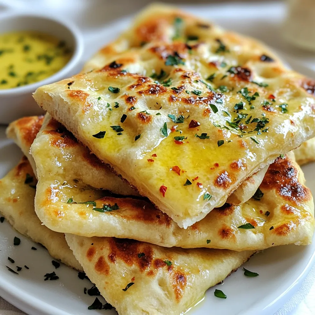 - 2 cups all-purpose flour - 1 teaspoon baking powder - 1/2 teaspoon salt To make garlic butter flatbread, you need some basic items. The flour forms the base. The baking powder makes it rise. Salt adds flavor. These three ingredients are key to a tasty flatbread. - 4 cloves garlic, minced - 4 tablespoons unsalted butter, melted - 2 tablespoons fresh parsley, chopped Garlic is the star here. It gives the flatbread that rich, savory taste. The melted butter makes it extra rich. Fresh parsley adds a nice touch of color and flavor. Together, these ingredients create a wonderful garlic butter mix. - 3/4 cup warm water - 2 tablespoons olive oil (plus extra for brushing) - 1/4 teaspoon red pepper flakes (optional) Warm water helps the dough come together. Olive oil adds moisture and a bit of flavor. If you like heat, add red pepper flakes. They give a nice kick to the flatbread. These extra ingredients help enhance the overall taste and texture. {{ingredient_image_1}} 1. Start by mixing your dry ingredients. In a large bowl, whisk together 2 cups of all-purpose flour, 1 teaspoon of baking powder, and 1/2 teaspoon of salt. This mix is key to your flatbread's texture. 2. Next, add your wet ingredients. Gradually pour in 3/4 cup of warm water and 2 tablespoons of olive oil. Stir until a dough forms. 1. Now, it’s time to knead. Transfer the dough to a lightly floured surface. Knead it for about 5-7 minutes. Aim for a smooth and elastic texture. This step helps develop the dough's gluten. 2. After kneading, cover the dough with a clean kitchen towel. Let it rest for 30 minutes. Resting allows the dough to relax, making it easier to roll out. 1. Preheat your skillet or griddle over medium heat. A hot surface is crucial for cooking the flatbread perfectly. 2. Divide the rested dough into 4 equal pieces. Roll each piece into a flat circle about 1/4 inch thick. Aim for an even thickness for uniform cooking. 3. Brush one side of the flatbread with the garlic butter mixture. Then place it butter side down onto the hot skillet. 4. Cook for about 2-3 minutes until golden brown. Then brush the top with more garlic butter and flip it. Cook for another 2-3 minutes. This gives you a crispy, golden crust on both sides. 5. Repeat this process with the remaining dough. Keep the cooked flatbreads warm by wrapping them in a clean towel. Enjoy the aroma as you cook! Ensuring the right consistency To make great flatbread, the dough must be smooth. Start with 2 cups of flour, 1 teaspoon of baking powder, and 1/2 teaspoon of salt. Mix well. Gradually add 3/4 cup of warm water. You want the dough to be soft but not sticky. If it sticks to your hands, add a little more flour. Importance of resting the dough After kneading the dough for about 5-7 minutes, let it rest for 30 minutes. This step is crucial. Resting makes the dough rise and become softer. It helps with rolling out the flatbreads easily. Additional garlic butter infusion techniques You can boost the flavor of the garlic butter. Mix in 1/4 teaspoon of red pepper flakes for a kick. You can also try adding a splash of lemon juice for brightness. These small tweaks can make a big difference. Herbs and spices for a customized taste Feel free to play with herbs. Fresh parsley is great, but you can use basil or oregano for a different flavor. Chopped rosemary or thyme can also add a lovely touch to the garlic butter. Experiment to find your favorite mix. Alternative cooking methods (oven/broiler) If you don’t have a skillet, you can bake the flatbread. Preheat your oven to 450°F. Place the rolled dough on a baking sheet. Brush with garlic butter and bake for about 10 minutes until golden. This method gives a nice crisp texture. Adjusting heat for optimal browning When cooking on the stovetop, keep the heat at medium. Too high and the flatbread will burn. Too low and it won’t brown nicely. Flip it when you see golden spots. This way, you will get a nice color and taste. Pro Tips Use Fresh Ingredients: Always use fresh garlic and parsley for the best flavor in your garlic butter flatbread. Keep the Dough Covered: While the dough is resting, ensure it is covered to prevent it from drying out. Adjust Thickness: Roll the dough to your preferred thickness; thicker flatbreads will be softer, while thinner ones will be crispier. Experiment with Flavors: Feel free to add different herbs or spices to the garlic butter for a unique twist on flavor. {{image_2}} You can change up your garlic butter flatbread in fun ways. One idea is to stuff it with cheese. Imagine a soft flatbread filled with gooey cheese. Just add your favorite cheese before you seal it up and cook. It adds a creamy touch and makes every bite special. Another fun option is to infuse herbs. Try using rosemary or thyme in your garlic butter mix. These herbs add a fresh and earthy flavor. Just chop them finely and mix them in with the melted butter and garlic. You’ll create a flatbread that pleases your taste buds. Flatbread is great on its own, but it shines with dips. Hummus is a smooth and creamy choice. It pairs well with the garlic flavor. Tzatziki is another great dip. Its coolness balances the warm, buttery flatbread. You can serve these dips in small bowls for a fun touch. You can also serve garlic butter flatbread with soups or salads. It makes a perfect sidekick to a warm bowl of soup. The flatbread adds a nice crunch and flavor. It can also complement a fresh salad. The garlic butter adds richness to lighter meals. If you need a gluten-free flatbread, you can swap the flour. Almond flour or oat flour works well. Each flour has its own taste and texture, so choose what you like best. When you substitute flours, adjust the liquid. Gluten-free flours often absorb more water. Start with less water and add more as needed. This way, you can get the right dough consistency without it being too sticky. Enjoy your gluten-free garlic butter flatbread! To keep your garlic butter flatbread fresh, use airtight containers. This method helps prevent moisture loss. You can also wrap each flatbread in plastic wrap for extra protection. In the fridge, your flatbread lasts about 3 to 5 days. If you want to enjoy it longer, consider freezing it. To freeze your flatbread, let it cool completely first. Then, stack the flatbreads with parchment paper between each one. This step keeps them from sticking together. Place the stack in a freezer bag or container. It stays good for up to 3 months. When you want to eat it, thaw it in the fridge overnight. After thawing, reheat it in a skillet or oven. This brings back the crispy texture. To refresh your leftover flatbread, brush it with olive oil or melted butter. Heat it in a skillet over medium heat for a few minutes on each side. You can also sprinkle some fresh garlic or herbs for extra flavor. If you have extra flatbread, try using it for wraps or as a pizza base. It’s a fun way to create new meals from leftovers! To make garlic butter flatbread, start by mixing dry ingredients. In a bowl, whisk together flour, baking powder, and salt. Then, add warm water and olive oil. Mix until a dough forms. Knead the dough on a floured surface for about five minutes. Let it rest for 30 minutes. Meanwhile, mix melted butter, minced garlic, and parsley. Roll out the dough and cook in a hot skillet. Brush with garlic butter while cooking. Flip and cook until golden brown. Yes, you can use whole wheat flour. It adds a nutty flavor and more fiber. However, the flatbread may be denser and less soft than with all-purpose flour. You might need to adjust the water amount. Whole wheat flour absorbs more liquid. Start with the same amount and add more if needed. Garlic butter flatbread pairs well with many dishes. Serve it with dips like hummus or tzatziki. It also complements soups, stews, and salads. You can use it as a base for pizzas or wraps. Try it alongside grilled meats or roasted vegetables for a tasty meal. You learned how to make garlic butter flatbread from scratch. We covered the right ingredients, cooking steps, and tips for success. You can customize flavors and store leftovers effectively. Remember, cooking is about experimenting. Don’t hesitate to try new herbs or dips. Simple adjustments can make big differences. Enjoy making this tasty bread at home! Your family and friends will love it. Have fun in the kitchen and happy cooking!