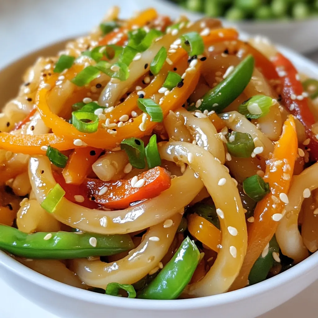To make a tasty bowl of Yaki Udon, you'll need: - 300g udon noodles - 2 tablespoons vegetable oil - 1 medium onion, thinly sliced - 2 cloves garlic, minced - 1 medium carrot, julienned - 1 red bell pepper, sliced - 100g snap peas, trimmed - 4 green onions, chopped - 3 tablespoons soy sauce - 1 tablespoon sesame oil - 1 tablespoon mirin (optional) - 1 teaspoon grated ginger - Salt and pepper to taste - Sesame seeds for garnish These ingredients come together to create a warm, savory dish that bursts with flavor. Feel free to get creative with your Yaki Udon. You can add: - Mushrooms for an earthy taste - Broccoli for extra crunch - Spinach for added nutrients - Bean sprouts for a fresh bite These options can change the texture and flavor, making each dish unique. To make your Yaki Udon more filling, consider adding protein. Here are some great choices: - Sliced grilled chicken - Tofu (great for a vegetarian option) - Shrimp for a seafood twist - Beef strips for a heartier meal Adding protein not only enhances the taste but also makes it a more balanced meal. Enjoy crafting your perfect Yaki Udon! {{ingredient_image_1}} First, boil a large pot of water. Add 300g of udon noodles. Cook them as the package says. This usually takes about 8-10 minutes. Once done, drain the noodles. Rinse them under cold water to stop the cooking. Set the noodles aside for later. Grab a large skillet or wok. Heat 2 tablespoons of vegetable oil over medium-high heat. Add the sliced onion and minced garlic. Stir them for about 2-3 minutes. The onion should turn soft and clear. Next, toss in the julienned carrot, sliced red bell pepper, and trimmed snap peas. Stir-fry these for around 4-5 minutes. You want them to be tender but still crunchy. Now it’s time for the noodles. Add the cooked udon noodles to your skillet. Use tongs to mix them with the veggies. Make sure everything is well combined. Pour in 3 tablespoons of soy sauce, 1 tablespoon of sesame oil, and 1 tablespoon of mirin if you want. Add in the grated ginger next. Season your dish with salt and pepper to taste. Stir-fry everything for another 3-4 minutes until it is all hot. Take the skillet off the heat. Stir in the chopped green onions for freshness. Sprinkle sesame seeds on top for a nice finish. Serve your Yaki Udon hot. If you like, you can add sliced grilled chicken or tofu for extra protein. Enjoy your meal! To cook udon noodles just right, start with a large pot of boiling water. Make sure to use enough water so the noodles do not stick. Cook the noodles according to the package's directions. Usually, this takes about 5 to 10 minutes. After cooking, drain them well and rinse them under cold water. This stops the cooking process and keeps them chewy. Set them aside until you need them. To make your yaki udon really pop, use fresh ingredients. Fresh garlic and ginger give a strong flavor. Sauté the onions until they are soft and fragrant. This takes about 2 to 3 minutes. Add a mix of colorful veggies like carrots, bell peppers, and snap peas. Stir-fry them until they are tender but still crunchy. Then, mix in the cooked udon noodles. Pour in soy sauce, sesame oil, and mirin for a rich taste. Adjust the seasoning with salt and pepper for balance. One common mistake is overcooking the udon noodles. This can make them mushy. Always rinse them in cold water after boiling. Another mistake is not using enough oil in the pan. This helps prevent sticking and gives a nice finish. Don’t skip the ginger or garlic; they add a lot of flavor. Finally, avoid cooking the noodles and veggies together for too long. You want them to keep their vibrant colors and crunch. Pro Tips Perfectly Cooked Noodles: Make sure to cook the udon noodles just until al dente, as they'll continue to cook slightly when stir-frying with the vegetables. Vegetable Variations: Feel free to add or substitute any seasonal vegetables you have on hand, such as broccoli, zucchini, or mushrooms for added flavor and nutrition. Protein Boost: For a heartier meal, add sliced grilled chicken, shrimp, or tofu. Just cook the protein separately and toss it in at the end to heat through. Garnish for Extra Flavor: Finish your dish with a sprinkle of sesame seeds, chopped cilantro, or a squeeze of lime juice for an extra burst of flavor. {{image_2}} You can easily make Yaki Udon vegetarian or vegan. Just skip the meat and use tofu instead. Tofu adds protein and absorbs all the delicious flavors. You can also replace the mirin with a splash of rice vinegar. This keeps it vegan but still tasty. Feel free to mix up your veggies. Try broccoli, mushrooms, or bok choy for new flavors. You can also add zucchini or bean sprouts for extra crunch. The key is to use fresh and colorful vegetables. This makes your dish not just tasty but also beautiful. Different regions have their own styles of Yaki Udon. In Osaka, they might add seafood like shrimp or squid. In Tokyo, you'll find a spicier version with chili oil. Each region puts its spin on the dish. Explore these variations to find your favorite! To keep your Yaki Udon fresh, first let it cool. Place the noodles in an airtight container. You can keep leftovers in the fridge for up to three days. If you want to store them for longer, freeze them in a freezer-safe bag. They will last for about a month in the freezer. When you’re ready to enjoy your Yaki Udon again, there are a few good ways to reheat it. You can use the microwave for quick warming. Put the noodles in a bowl, add a splash of water, and cover it. Heat for about one to two minutes. Stir halfway through to heat evenly. If you prefer the stove, heat a skillet over medium heat. Add a little oil, then toss in the noodles. Stir until they are hot. I suggest using glass containers for storage. They keep your food fresh and don’t stain. If you prefer plastic, make sure they are BPA-free. Look for containers with tight lids to prevent leaks. Small containers are great for snacks, while larger ones work well for meals. Yaki Udon is a Japanese stir-fried noodle dish. It features thick udon noodles tossed with fresh vegetables. You can use soy sauce for a savory flavor. It’s quick to make and very tasty. The dish is often topped with green onions and sesame seeds. You can add protein like chicken or tofu for a heartier meal. Yes, you can make Yaki Udon in advance. Cook the noodles and store them in the fridge. You can also prepare the vegetables ahead of time. Just keep them separate to stay fresh. When ready to eat, just stir-fry everything together. This saves time on busy days. You can find Yaki Udon noodles in most grocery stores. Look in the Asian food aisle. You can also find them in Asian markets. Fresh or frozen noodles work well. If you can’t find them, look for other udon noodles. They will still taste great in this dish. If you need a soy sauce substitute, try tamari or coconut aminos. Both provide a similar flavor. You can also mix water with miso paste for a unique taste. If you want a gluten-free option, tamari is a great choice. Always taste and adjust to your liking. Yaki Udon is a tasty dish you can easily make at home. We covered key ingredients, cooking steps, and helpful tips. You can customize this meal based on your taste and diet. Whether you're a meat lover or prefer veggies, there’s an option for everyone. Storing and reheating leftovers is simple, making Yaki Udon a great choice for meal prep. Enjoy creating your own version of this classic dish! You'll find it fun and rewarding to make your Yaki Udon just right.