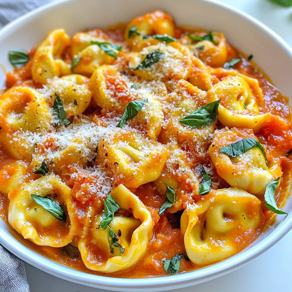 - 12 oz cheese tortellini - 1 tablespoon olive oil - 3 cloves garlic, minced - 1 can (14 oz) crushed tomatoes - 1 cup heavy cream - 1 cup fresh basil leaves, chopped - 1 teaspoon dried oregano - Salt and pepper to taste - ½ cup grated Parmesan cheese (plus extra for serving) In this dish, cheese tortellini is the star. It brings a rich, hearty flavor. The olive oil adds a nice touch of warmth and a hint of fruitiness. Garlic is key here, as it gives a bold taste. Crushed tomatoes create a vibrant base, while heavy cream brings smoothness. Fresh basil leaves add a burst of flavor and aroma. Dried oregano gives depth, making each bite special. Finally, salt and pepper enhance the taste, while Parmesan cheese melts in to tie it all together. - Additional Parmesan cheese - Fresh basil leaves For garnish, I suggest adding more Parmesan cheese on top. It adds a nice salty kick. Fresh basil leaves are perfect to sprinkle on as well. They not only look great but also boost the flavor. Together, these garnishes make each serving look like a work of art. Enjoy your creamy tomato basil tortellini with these simple touches! {{ingredient_image_1}} To cook the tortellini, start by boiling salted water. Use a large pot for this. Bring the water to a rolling boil. This step is key for flavor. Next, add the cheese tortellini to the boiling water. Cook them according to the package instructions. This usually takes about 3 to 5 minutes. Stir gently to prevent sticking. Once cooked, drain the tortellini and set them aside. In the same pot, heat one tablespoon of olive oil over medium heat. Add three minced garlic cloves. Sauté for about one minute. You want the garlic fragrant but not browned. Now, pour in a can of crushed tomatoes. Let them simmer for about five minutes. This allows the flavors to mix well. After that, reduce the heat to low. Stir in one cup of heavy cream. Mix until it’s well blended. This will make the sauce creamy and rich. Next, add one cup of chopped fresh basil and one teaspoon of dried oregano. Season with salt and pepper to taste. Stir everything together, letting the sauce come alive with flavor. Now it’s time to fold in the cooked tortellini. Toss them gently in the sauce. Make sure each piece is well coated. Finally, add half a cup of grated Parmesan cheese. Stir until it melts and becomes creamy. Let everything heat through for another minute. This dish is now ready to serve! To make your sauce really pop, taste as you go. You can add salt, pepper, or even a pinch of sugar if it's too tart. If you like more flavor, try adding a dash of red pepper flakes. This adds a nice kick! For creaminess, make sure your heavy cream is fresh. It blends better and gives a rich taste. If you want extra creaminess, stir in more Parmesan cheese at the end. This makes the sauce even thicker and more delicious. When cooking tortellini, follow the package instructions closely. This helps you avoid overcooking. Overcooked pasta can become mushy and lose flavor. To check if it's done, taste a piece! If you want a fun twist, you can use other types of pasta. Bowtie or penne can work well too. Just remember to adjust the cooking time as needed. Pair your creamy tomato basil tortellini with a slice of crusty bread. This balances the meal nicely. A fresh salad with mixed greens also adds a nice crunch. For drinks, a light white wine like Pinot Grigio complements the dish perfectly. Its crisp flavor contrasts with the creamy sauce. If you prefer non-alcoholic options, try sparkling water with lemon. It’s refreshing and keeps it light! Pro Tips Use Fresh Basil: For the best flavor, use fresh basil leaves instead of dried. Add them at the end of cooking to retain their vibrant taste and aroma. Don't Overcook Tortellini: Follow the package instructions carefully to avoid mushy tortellini. They should be al dente for the best texture in the dish. Add a Kick: If you like a little heat, consider adding a pinch of red pepper flakes when you sauté the garlic for an extra layer of flavor. Make it Lighter: For a lighter version, substitute half-and-half or whole milk for heavy cream. This will reduce the richness while still keeping the dish creamy. {{image_2}} For a vegetarian twist, I suggest substituting protein sources. Use chickpeas or lentils for added protein. These legumes blend well with the creamy tomato sauce. They also boost nutrition while keeping the dish plant-based. You can also add vegetables for more flavor and texture. Spinach, zucchini, or bell peppers work great. Simply sauté them with garlic before adding the tomatoes. This way, you enhance both taste and nutrition. If you need gluten-free options, choose gluten-free tortellini. Many brands offer tasty alternatives made from rice or chickpeas. Check the package for cooking instructions, as they may differ from regular tortellini. For lactose-free options, try using coconut cream instead of heavy cream. It gives a rich texture without dairy. Additionally, find lactose-free cheese for a cheesy flavor without the lactose. To elevate the dish, add spices like red pepper flakes for heat. A pinch can make a big difference. You might also enjoy a dash of smoked paprika for a unique twist. Experimenting with other herbs can also be fun. Try thyme or parsley alongside basil. These herbs can give the dish a fresh, new flavor profile. Don't hesitate to mix and match based on what you have at home! You can keep creamy tomato basil tortellini in the fridge for up to three days. Store it in an airtight container to keep it fresh. I like to use glass containers, as they do not stain or retain odors. Make sure to let it cool down before sealing it up. This helps prevent excess moisture inside the container. You can freeze creamy tomato basil tortellini before or after cooking. If you freeze it before cooking, prepare the tortellini and sauce separately. Place them in freezer bags or containers. If you freeze it after cooking, let it cool first, then pack it away. To thaw, move the frozen tortellini to the fridge overnight. Reheat it in a pot over low heat. Stir gently and add a splash of cream or water if needed. This helps make the sauce creamy again. Enjoy your delicious meal anytime! Yes, you can use fresh tortellini. Fresh tortellini cooks faster than frozen. Make sure to follow the package instructions for cooking times. Fresh options often have a softer texture, which blends well with the creamy sauce. I love using fresh tortellini when I can find it. It adds a nice touch to the dish. You can use half-and-half or whole milk as a substitute. To keep the creaminess, add a little cornstarch to thicken. You might also consider cashew cream for a dairy-free option. Just blend soaked cashews with water until smooth. This keeps the dish rich and tasty without heavy cream. You can cook the tortellini and the sauce separately. Store them in airtight containers in the fridge. When you are ready to eat, combine them in a pot and heat gently. This method keeps the flavors fresh. You can also prepare the sauce in advance and add the tortellini later. Yes, you can make a vegan version. Use plant-based tortellini and substitute heavy cream with coconut milk or cashew cream. Nutritional yeast adds a cheesy flavor without dairy. Fresh basil enhances the taste, keeping it bright and fresh. This version is just as delicious! This dish combines cheese tortellini with a rich, creamy sauce. You start with simple ingredients like garlic, crushed tomatoes, and heavy cream. I shared tips to make your sauce perfect and ideas for serving. You can even modify it for various diets. Always remember, proper storage keeps your dish fresh for longer. Enjoy mixing flavors and trying new variations. A warm bowl of creamy tortellini never disappoints.