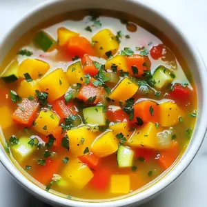 - 1 tablespoon olive oil - 1 onion, chopped - 3 cloves garlic, minced - 2 carrots, diced - 1 red bell pepper, chopped - 1 yellow bell pepper, chopped - 1 zucchini, diced - 1 cup green beans, trimmed and cut into 1-inch pieces - 1 cup frozen peas - 6 cups vegetable broth - 1 teaspoon dried thyme - 1 teaspoon smoked paprika - Salt and pepper to taste - Fresh parsley for garnish For this colorful vegetable soup, I start with some olive oil. It adds a rich flavor and helps to cook the veggies. Next, I chop one onion and mince three cloves of garlic. These two are key for a great base. Then, I choose an array of colorful vegetables. I use two diced carrots, one red bell pepper, and one yellow bell pepper. Each one adds color and taste. I also add one diced zucchini for extra crunch. Don’t forget about the green beans. I cut one cup into one-inch pieces. Frozen peas also go in. They’re sweet and bright. For the broth, I use six cups of vegetable broth. It gives the soup depth and warmth. To season, I add one teaspoon of dried thyme and one teaspoon of smoked paprika. A pinch of salt and pepper finishes it off. Finally, I like to garnish with fresh parsley. It adds a pop of color and freshness. This mix of ingredients makes the soup not just colorful, but also full of flavor. {{ingredient_image_1}} Start by heating olive oil in a large pot. Use medium heat for this step. Add the chopped onion and cook it for about five minutes. You want the onion to turn soft and clear. Next, stir in the minced garlic. Cook it for one more minute. This will make your kitchen smell wonderful! Now, it's time to add the colorful vegetables. Toss in the diced carrots, red and yellow bell peppers, and zucchini. Sauté these veggies for five to seven minutes. Stir them often. You want them to soften but still keep some crunch. After the base is ready, it's time to stir in more ingredients. Add the green beans and frozen peas to the pot. Mix them well with the sautéed veggies. Then, pour in six cups of vegetable broth. This gives your soup a rich flavor. Season the soup with dried thyme, smoked paprika, salt, and pepper. Stir everything together nicely. Bring the soup to a boil, then reduce the heat. Let it simmer for 20 to 25 minutes. This helps all the flavors blend and the veggies to become tender. Once the time is up, taste the soup. Adjust the seasoning if needed. Serve it hot, and don’t forget to add fresh parsley on top for a nice look! To make your soup pop with color, choose a mix of veggies. I love using: - Carrots for orange - Red and yellow bell peppers for sweetness - Zucchini for a fresh taste - Green beans and peas for a bright green touch These choices create a rainbow of colors. Each veggie adds its own charm. Cooking times matter for texture. For soft veggies, simmer them for 20–25 minutes. If you want a bit of crunch, add green beans later in the cooking. This keeps them tender yet crisp. Seasoning brings your soup to life. Start with salt and pepper. Use about 1 teaspoon of each. Taste as you go. If it lacks flavor, add more. I recommend adding dried thyme and smoked paprika. They give depth and warmth. You can also experiment with other herbs. Try fresh basil or dill for a fun twist. Adding herbs at the end keeps their flavors bright. Just sprinkle them on top before serving. This simple step makes a big difference. Pro Tips Fresh Vegetables: Use seasonal vegetables for the best flavor and nutritional value. Fresh produce can elevate the taste of your soup. Adjusting Consistency: If you prefer a creamier soup, blend a portion of the soup and stir it back in for a smoother texture. Herb Variations: Experiment with different herbs like basil or cilantro for a unique flavor profile that complements the vegetables. Make Ahead: This soup can be made in advance and stored in the fridge for up to 3 days, allowing the flavors to develop even more. {{image_2}} You can change the veggies in this soup based on the season. In spring, try fresh peas or asparagus. In fall, add butternut squash or pumpkin. You can also use whatever you have on hand. This makes the soup fun and fresh each time. Leafy greens are a great addition, too. Spinach, kale, or Swiss chard work well. Add them at the end of cooking. This keeps them bright and tender. Want to boost the protein? You can add beans or legumes. Chickpeas or black beans fit well into this soup. They add creaminess and a hearty feel. For meat lovers, diced chicken or turkey is a great choice. Cook the meat first, then add it to the soup. This way, it soaks up all the yummy flavors. You can also use sausage for a spicier kick. To keep your colorful vegetable soup fresh, use airtight containers. Glass or plastic containers work well. Make sure the soup cools down before sealing it. This helps keep the flavors intact. Store it in the fridge for up to five days. When you want to eat it again, just reheat on the stove or in the microwave. Freezing soup is easy and great for later meals. First, let the soup cool completely. Then, pour it into freezer-safe bags or containers. Leave some space at the top for expansion. Label each bag with the date. You can freeze the soup for up to three months. When you're ready to eat, take it out and thaw in the fridge overnight. For quick thawing, use the microwave. After thawing, heat it on the stove until hot. Enjoy your soup packed with flavor! This colorful vegetable soup can last in your fridge for about 3 to 5 days. Store it in a sealed container to keep it fresh. Always check for any signs of spoilage before eating. If you want to enjoy it later, freezing is a great option. Yes, you can easily customize the vegetables in this soup. Use any fresh or frozen veggies you enjoy. If you have broccoli, spinach, or corn, feel free to toss them in. The key is to keep a balance of colors and textures for a tasty result. Absolutely! This vegetable soup is vegan-friendly since it uses only plant-based ingredients. The vegetable broth and all the vegetables make it healthy and satisfying. You can enjoy this soup without any animal products. This blog post covered how to make a delicious vegetable soup. You learned about key ingredients like olive oil, onions, garlic, and colorful veggies. I explained step-by-step instructions for sautéing and boiling. You also found tips for vibrant colors and flavor improvements. There were variations for seasonal options, proteins, and how to store leftovers. Experiment with the recipes and trust your taste. Your vegetable soup will be unique! Enjoy your cooking adventure!