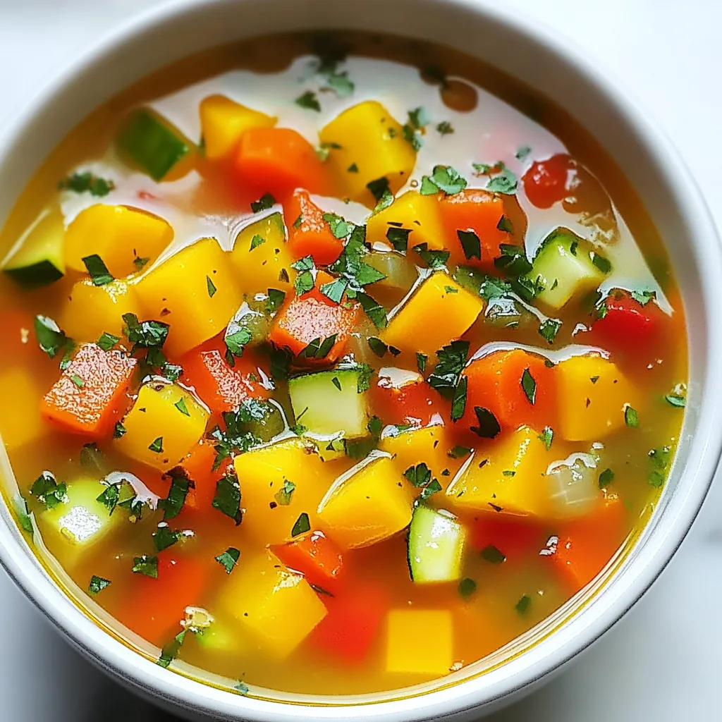 - 1 tablespoon olive oil - 1 onion, chopped - 3 cloves garlic, minced - 2 carrots, diced - 1 red bell pepper, chopped - 1 yellow bell pepper, chopped - 1 zucchini, diced - 1 cup green beans, trimmed and cut into 1-inch pieces - 1 cup frozen peas - 6 cups vegetable broth - 1 teaspoon dried thyme - 1 teaspoon smoked paprika - Salt and pepper to taste - Fresh parsley for garnish For this colorful vegetable soup, I start with some olive oil. It adds a rich flavor and helps to cook the veggies. Next, I chop one onion and mince three cloves of garlic. These two are key for a great base. Then, I choose an array of colorful vegetables. I use two diced carrots, one red bell pepper, and one yellow bell pepper. Each one adds color and taste. I also add one diced zucchini for extra crunch. Don’t forget about the green beans. I cut one cup into one-inch pieces. Frozen peas also go in. They’re sweet and bright. For the broth, I use six cups of vegetable broth. It gives the soup depth and warmth. To season, I add one teaspoon of dried thyme and one teaspoon of smoked paprika. A pinch of salt and pepper finishes it off. Finally, I like to garnish with fresh parsley. It adds a pop of color and freshness. This mix of ingredients makes the soup not just colorful, but also full of flavor. {{ingredient_image_1}} Start by heating olive oil in a large pot. Use medium heat for this step. Add the chopped onion and cook it for about five minutes. You want the onion to turn soft and clear. Next, stir in the minced garlic. Cook it for one more minute. This will make your kitchen smell wonderful! Now, it's time to add the colorful vegetables. Toss in the diced carrots, red and yellow bell peppers, and zucchini. Sauté these veggies for five to seven minutes. Stir them often. You want them to soften but still keep some crunch. After the base is ready, it's time to stir in more ingredients. Add the green beans and frozen peas to the pot. Mix them well with the sautéed veggies. Then, pour in six cups of vegetable broth. This gives your soup a rich flavor. Season the soup with dried thyme, smoked paprika, salt, and pepper. Stir everything together nicely. Bring the soup to a boil, then reduce the heat. Let it simmer for 20 to 25 minutes. This helps all the flavors blend and the veggies to become tender. Once the time is up, taste the soup. Adjust the seasoning if needed. Serve it hot, and don’t forget to add fresh parsley on top for a nice look! To make your soup pop with color, choose a mix of veggies. I love using: - Carrots for orange - Red and yellow bell peppers for sweetness - Zucchini for a fresh taste - Green beans and peas for a bright green touch These choices create a rainbow of colors. Each veggie adds its own charm. Cooking times matter for texture. For soft veggies, simmer them for 20–25 minutes. If you want a bit of crunch, add green beans later in the cooking. This keeps them tender yet crisp. Seasoning brings your soup to life. Start with salt and pepper. Use about 1 teaspoon of each. Taste as you go. If it lacks flavor, add more. I recommend adding dried thyme and smoked paprika. They give depth and warmth. You can also experiment with other herbs. Try fresh basil or dill for a fun twist. Adding herbs at the end keeps their flavors bright. Just sprinkle them on top before serving. This simple step makes a big difference. Pro Tips Fresh Vegetables: Use seasonal vegetables for the best flavor and nutritional value. Fresh produce can elevate the taste of your soup. Adjusting Consistency: If you prefer a creamier soup, blend a portion of the soup and stir it back in for a smoother texture. Herb Variations: Experiment with different herbs like basil or cilantro for a unique flavor profile that complements the vegetables. Make Ahead: This soup can be made in advance and stored in the fridge for up to 3 days, allowing the flavors to develop even more. {{image_2}} You can change the veggies in this soup based on the season. In spring, try fresh peas or asparagus. In fall, add butternut squash or pumpkin. You can also use whatever you have on hand. This makes the soup fun and fresh each time. Leafy greens are a great addition, too. Spinach, kale, or Swiss chard work well. Add them at the end of cooking. This keeps them bright and tender. Want to boost the protein? You can add beans or legumes. Chickpeas or black beans fit well into this soup. They add creaminess and a hearty feel. For meat lovers, diced chicken or turkey is a great choice. Cook the meat first, then add it to the soup. This way, it soaks up all the yummy flavors. You can also use sausage for a spicier kick. To keep your colorful vegetable soup fresh, use airtight containers. Glass or plastic containers work well. Make sure the soup cools down before sealing it. This helps keep the flavors intact. Store it in the fridge for up to five days. When you want to eat it again, just reheat on the stove or in the microwave. Freezing soup is easy and great for later meals. First, let the soup cool completely. Then, pour it into freezer-safe bags or containers. Leave some space at the top for expansion. Label each bag with the date. You can freeze the soup for up to three months. When you're ready to eat, take it out and thaw in the fridge overnight. For quick thawing, use the microwave. After thawing, heat it on the stove until hot. Enjoy your soup packed with flavor! This colorful vegetable soup can last in your fridge for about 3 to 5 days. Store it in a sealed container to keep it fresh. Always check for any signs of spoilage before eating. If you want to enjoy it later, freezing is a great option. Yes, you can easily customize the vegetables in this soup. Use any fresh or frozen veggies you enjoy. If you have broccoli, spinach, or corn, feel free to toss them in. The key is to keep a balance of colors and textures for a tasty result. Absolutely! This vegetable soup is vegan-friendly since it uses only plant-based ingredients. The vegetable broth and all the vegetables make it healthy and satisfying. You can enjoy this soup without any animal products. This blog post covered how to make a delicious vegetable soup. You learned about key ingredients like olive oil, onions, garlic, and colorful veggies. I explained step-by-step instructions for sautéing and boiling. You also found tips for vibrant colors and flavor improvements. There were variations for seasonal options, proteins, and how to store leftovers. Experiment with the recipes and trust your taste. Your vegetable soup will be unique! Enjoy your cooking adventure!