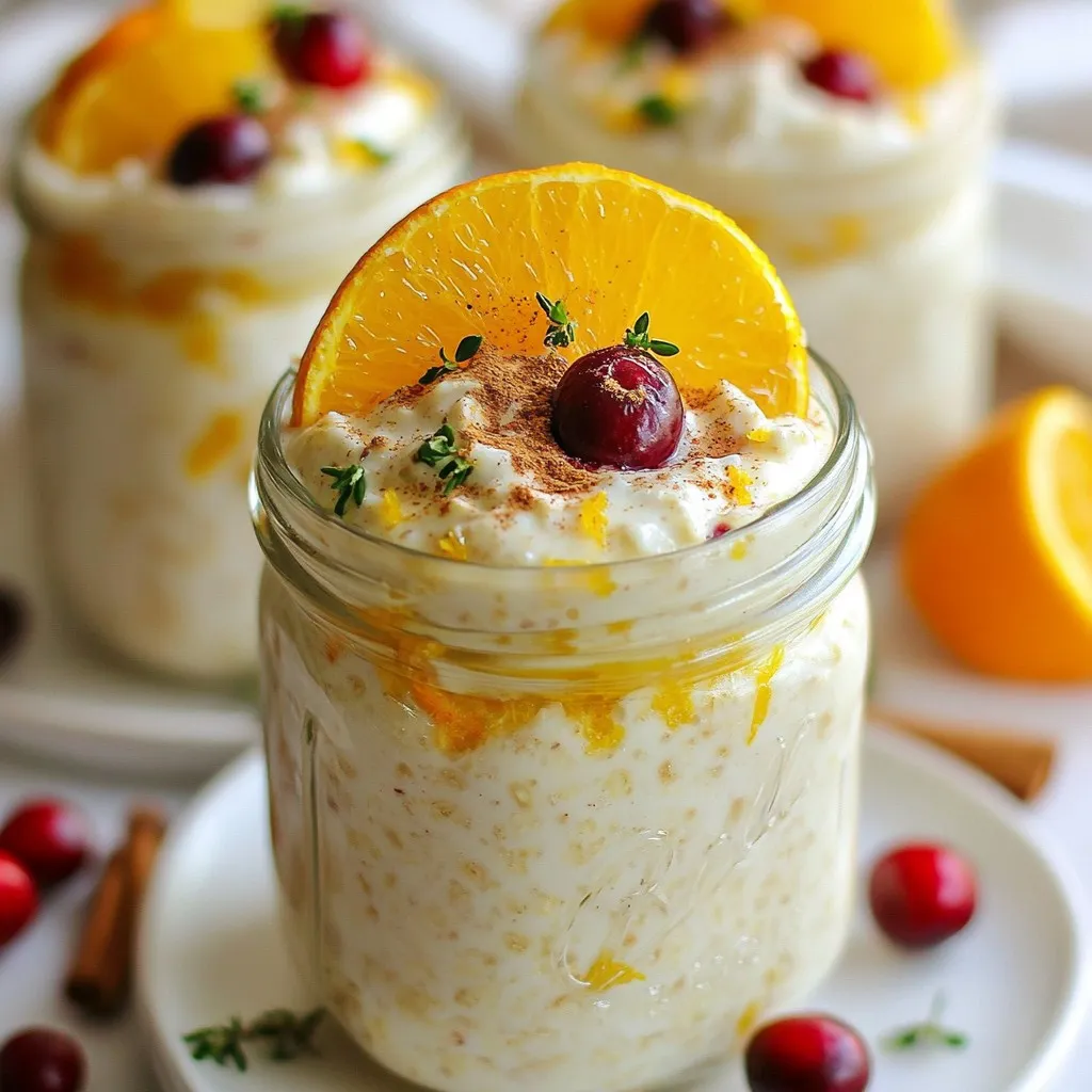 To make Cranberry Orange Overnight Oats, gather these ingredients: - 1 cup rolled oats - 2 cups almond milk (or any non-dairy milk) - 1/2 cup fresh or dried cranberries - Zest of 1 orange - Juice of 1 orange - 1 tablespoon maple syrup (adjust to taste) - 1/2 teaspoon vanilla extract - 1/4 teaspoon cinnamon - A pinch of salt You can add extra flavor and texture with these toppings: - Sliced almonds - Additional cranberries - Fresh orange segments - A dollop of yogurt Each ingredient brings unique benefits: - Rolled oats: They are high in fiber, which aids digestion and keeps you full. - Almond milk: It is low in calories and rich in vitamin E, promoting healthy skin. - Cranberries: They are packed with antioxidants that support your immune system. - Orange zest and juice: These add vitamin C, which helps your body fight infections. - Maple syrup: A natural sweetener that provides minerals like manganese and zinc. - Vanilla extract: It can help reduce stress and enhance mood. - Cinnamon: This spice may help lower blood sugar levels and reduce inflammation. - Salt: A small amount enhances flavor and balances the sweetness. These ingredients not only create a delicious meal but also offer health benefits. Enjoy crafting this nourishing dish! {{ingredient_image_1}} Start by gathering all your ingredients. You need rolled oats, almond milk, cranberries, orange zest, orange juice, maple syrup, vanilla extract, cinnamon, and salt. In a large bowl, mix the rolled oats and almond milk. Add the cranberries, orange zest, and orange juice. Then, pour in the maple syrup, vanilla extract, cinnamon, and a pinch of salt. Stir well until everything is mixed. Make sure the oats soak in the milk. This is key for great texture. Next, divide the mixture into Mason jars or airtight containers. Seal them tightly and place them in the fridge overnight. This allows the oats to soak and soften, absorbing all those lovely flavors. When morning comes, stir the oats in the jars. If you like it sweeter, add more maple syrup. You can serve the oats right in the jars. Top them off with sliced almonds, extra cranberries, orange segments, or a dollop of yogurt. This adds flavor and a nice look to your meal. Enjoy your tasty and simple breakfast! To make your oats just right, start with one tablespoon of maple syrup. After mixing, taste the oats. If you want it sweeter, add more syrup a little at a time. You can also try honey or agave syrup if you like. Each person has a different sweet tooth, so make it your own! Soaking oats overnight helps them get soft and creamy. Use a large bowl to mix everything well. Make sure all oats are covered in the liquid. This step helps the oats absorb the flavors. If you need a quicker soak, let them sit for at least 30 minutes before eating. One common mistake is not stirring enough. If you don’t mix well, some oats may stay dry. This can lead to uneven texture. Another mistake is using too little liquid. If the oats are too thick in the morning, just add more milk. Lastly, don’t skip on the toppings! They add flavor and texture that make your meal special. Pro Tips Use Fresh Ingredients: Fresh cranberries and oranges will enhance the flavor profile of your overnight oats, making them more vibrant and delicious. Experiment with Milk Alternatives: While almond milk is a great choice, feel free to try coconut milk or oat milk for a different flavor and texture. Customize Sweetness: Adjust the amount of maple syrup according to your taste preference; you can also use honey or agave syrup for a different sweetness level. Prep in Batches: Make a larger batch and store in the fridge for up to 4 days for a quick and healthy breakfast option throughout the week. {{image_2}} You can switch up the fruits in your overnight oats for fun. Berries like strawberries and blueberries add a sweet burst of flavor. Bananas give the dish a creamy texture and natural sweetness. You could also try apples or peaches for a different taste. Each fruit brings its own unique flavor and nutrients, making your dish exciting. You have choices when it comes to milk. Almond milk is great, but you can also use oat milk or soy milk. Each type of milk will change the flavor a bit. If you prefer dairy, whole or skim milk works too. Choose what fits your diet and taste best. You can boost the flavor of your overnight oats easily. A pinch of nutmeg adds warmth and depth. Honey brings extra sweetness and pairs well with orange. Cinnamon is another great option for a cozy touch. Feel free to mix and match these additions to find your favorite flavor profile. To store leftover cranberry orange overnight oats, first, seal them in an airtight jar or container. Make sure the lid is tight to keep the oats fresh. If you are using glass jars, they work great. Just remember to leave some space at the top. This allows for expansion as the oats soak up the liquid. The shelf life of these oats in the refrigerator is about three to five days. After this time, the oats may start to lose their flavor and texture. If you notice any strange smells or changes in color, it is best to throw them out. Always trust your nose and eyes. You can freeze your cranberry orange overnight oats if you want to keep them longer. To do this, divide the oats into smaller portions. Use freezer-safe containers or bags. Leave some space for expansion, as freezing can cause liquids to expand. When you are ready to eat, thaw the oats overnight in the fridge. You can also heat them up in the microwave for a quick breakfast. Yes, you can easily make this recipe vegan. Just use almond milk or any non-dairy milk. All other ingredients are already plant-based. Overnight oats can last up to five days in the fridge. Store them in airtight containers. Just give them a stir before eating. Absolutely! You can heat them in the microwave or on the stove. Just add a splash of milk to keep them creamy. If you prefer, you can use honey, agave nectar, or any sweetener you like. Adjust to your taste. Soaking oats overnight helps them soften and absorb flavors. However, you can soak for just 30 minutes if you're in a hurry. You’ve learned how to make cranberry orange overnight oats. We covered the key ingredients, step-by-step instructions, and helpful tips. You now know how to adjust sweetness, store leftovers, and explore variations. Remember, personalizing your oats makes them more enjoyable. With these insights, you can create tasty and healthy meals. Enjoy your time experimenting with flavors and textures to find your perfect recipe!