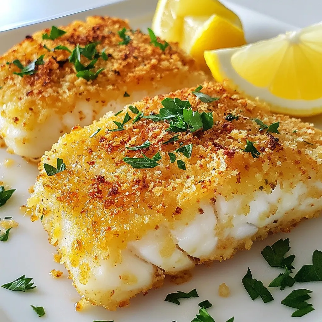 - 4 cod fillets (about 6 oz each) I use fresh cod fillets for the best taste. They have a mild flavor and flaky texture. You can also use frozen fillets, but make sure to thaw them first. - 1 cup grated Parmesan cheese This cheese adds a rich, savory flavor. Use fresh grated Parmesan for a stronger taste. Pre-grated cheese works too, but it lacks the same depth. - 1 cup panko breadcrumbs Panko is light and crispy. It creates a nice crunch on the fish. You can find it in most grocery stores. - 2 tablespoons olive oil Olive oil helps the breadcrumbs stick. It also adds a bit of rich flavor to the dish. - 2 cloves garlic, minced Fresh garlic gives a wonderful aroma and taste. You can use garlic powder if you prefer a milder flavor. - 1 teaspoon dried oregano Oregano adds an earthy note to the crust. You can swap it for other herbs like thyme or basil. - 1 teaspoon paprika This spice brings a subtle warmth and color to the dish. You can use smoked paprika for a bolder flavor. - Salt and pepper to taste Seasoning the fish well enhances all the flavors. Adjust to your liking for the best results. - Fresh parsley, chopped (for garnish) Parsley adds a pop of color and freshness. It’s a great finishing touch for your cod. - Lemon wedges (for serving) Lemon brightens up the dish. Squeeze it over the cod just before eating for an extra zing. {{ingredient_image_1}} 1. Preheating the oven Start by preheating your oven to 375°F (190°C). This step is key for even cooking. 2. Mixing the coating ingredients In a medium bowl, mix these ingredients: - 1 cup grated Parmesan cheese - 1 cup panko breadcrumbs - 2 cloves garlic, minced - 1 teaspoon dried oregano - 1 teaspoon paprika - 2 tablespoons olive oil - Salt and pepper to taste Stir until the crumbs look crumbly and coated with oil. 3. Preparing the cod fillets Pat the 4 cod fillets dry with a paper towel. Season both sides with salt and pepper for flavor. 1. Arranging cod on the baking sheet Place the seasoned cod fillets on a lined baking sheet. Space them out to allow heat to circulate. 2. Applying the Parmesan crust Generously top each fillet with the Parmesan and panko mixture. Press the mixture down firmly to make it stick. 3. Monitoring baking time and temperature Bake the cod for 15-20 minutes. Check that the internal temperature reaches 145°F (63°C). The crust should turn golden brown, giving a nice crunch. To get a great crust on your cod, texture is key. The panko breadcrumbs give it a nice crunch. Mix them well with Parmesan cheese and olive oil. This blend should feel crumbly but stick together. When you press it onto the fish, it should stay put. Seasoning the cod is also very important. Dry the fillets first. This helps the seasoning stick better. Use salt and pepper generously. This simple step can boost the flavor of the fish. You can switch up the ingredients to suit your taste. Try adding lemon zest or fresh herbs like basil or thyme to the crust. They can add fresh flavors to your dish. If you have dietary needs, there are options. For a gluten-free option, use gluten-free breadcrumbs. You can also swap Parmesan with a dairy-free cheese. These changes can help you enjoy this dish while meeting your needs. Pro Tips Fresh Cod is Best: Always opt for fresh cod fillets if possible. Frozen cod can be used, but ensure it is fully thawed and patted dry for the best texture. Customize the Crust: Feel free to add your favorite herbs or spices to the Parmesan and panko mixture for a unique flavor twist. Check for Doneness: Use a thermometer to check the internal temperature of the cod. It should reach 145°F (63°C) for safe consumption. Serve with Sides: Pair this dish with a fresh salad or steamed vegetables to balance the richness of the Parmesan crust. {{image_2}} You can make this dish even better with some simple tweaks. Adding herbs or spices to the mixture gives it a new taste. Try adding thyme or basil for a fresh twist. You can also use garlic powder or a dash of cayenne for some heat. Changing the cheese can also bring a new flavor. Instead of Parmesan, use aged cheddar for a sharp kick. Feta cheese works well too, adding a salty touch. Mixing different cheeses can make your dish more exciting. Baked Parmesan crusted cod pairs well with many sides. A fresh salad with greens and tomatoes is a great choice. You can add a light vinaigrette for extra flavor. Roasted vegetables, like broccoli or asparagus, also complement the fish nicely. For grains, serve the cod with rice or quinoa. Both grains soak up flavors well and add a nice texture. A side of couscous can work too, making the meal feel even more special. To keep your baked Parmesan crusted cod fresh, use proper sealing. Place the cod in an airtight container. You can also wrap it tightly in plastic wrap or aluminum foil. Be sure to refrigerate it right away. This will help keep it safe and tasty. The recommended shelf life for leftovers is about 3 days in the fridge. If you want to keep it longer, consider freezing it. In the freezer, it can last up to 3 months. Just make sure to label the container with the date. When you are ready to enjoy your leftovers, reheating is key. To keep the cod from drying out, use the oven. Preheat it to 350°F (175°C). Place the cod on a baking sheet. Cover it loosely with foil to keep moisture in. Heat for about 10 to 15 minutes. You can also use a microwave if you are short on time. Just be careful not to overcook it. Heat in short bursts, checking the cod often. The goal is to reach an internal temperature of 145°F (63°C) for safe eating. Enjoy your delicious leftovers! Can I use frozen cod fillets? Yes, you can use frozen cod fillets. Just thaw them before cooking. Place them in the fridge overnight for best results. If you’re in a hurry, you can run cold water over them. Make sure to pat them dry before seasoning. How do I know when the cod is properly cooked? The cod is done when it flakes easily with a fork. You can also check the internal temperature. It should reach 145°F (63°C). The crust should look golden brown and crispy. If it’s not there yet, give it a few more minutes. What can I substitute for Panko breadcrumbs? You can use regular breadcrumbs if you don’t have panko. They won’t be as crunchy but will still taste great. Crushed crackers or cornflakes can also work. Just make sure to season them for extra flavor. This article covered how to make Baked Parmesan Crusted Cod, from ingredients to cooking tips. You learned about the key ingredients and how to prepare and bake the cod. The tips for getting the perfect crust and variations for flavor make this dish fun and flexible. Remember to store leftovers well and reheat them to keep their taste great. Enjoy this tasty recipe, and impress your family with your cooking skills!