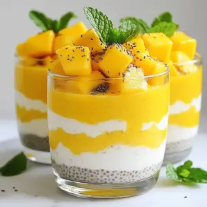- 1/2 cup chia seeds - 2 cups coconut milk (full-fat for creaminess) - 1 tablespoon maple syrup (or to taste) - 1 ripe mango, diced - 1 teaspoon vanilla extract - Fresh mint leaves for garnish For this Mango Coconut Chia Pudding, you need a few simple ingredients. Chia seeds are the star here. They soak up liquid and turn into a gel-like texture. This gives your pudding a nice, thick feel. Coconut milk adds creaminess and a tropical flavor. I prefer full-fat coconut milk for the best taste. You can use maple syrup to sweeten the pudding. Adjust the amount to fit your taste. For optional ingredients, a ripe mango is a must. It adds a sweet and juicy layer to your pudding. Vanilla extract enhances the flavor too. If you like, you can add fresh mint leaves for a pop of color and flavor. These ingredients make your dessert not just tasty but also fun to look at. {{ingredient_image_1}} To start, gather your ingredients. You need chia seeds, coconut milk, maple syrup, vanilla, and a pinch of salt. In a mixing bowl, add all these items. 1. Combine 1/2 cup chia seeds with 2 cups of coconut milk. 2. Add 1 tablespoon of maple syrup and 1 teaspoon of vanilla extract. 3. Don&rsquo;t forget to sprinkle in a pinch of salt. Now, stir well. This helps prevent clumps. After mixing, cover the bowl with plastic wrap. Place it in the fridge for at least 4 hours. Overnight is even better. This waiting allows the chia seeds to swell. They will create a creamy, pudding-like texture. Once the time is up, check your pudding. Stir it a bit to see how it feels. If it seems too thick, add a splash of coconut milk. This will loosen it up. Next, it&rsquo;s time to serve! Grab some clear glasses or bowls. Layer the chia pudding into each glass. Then, add a layer of diced mango on top. This gives a nice contrast and adds fresh flavor. For a beautiful look, use clear glass cups. This way, you can see the lovely layers. To finish, add a sprinkle of mango on top. You can also garnish with fresh mint leaves. This adds color and a fresh taste. Enjoy your tasty and healthy treat! To get the right texture for your mango coconut chia pudding, focus on consistency. Start by mixing the chia seeds and coconut milk well. Stir until the seeds are fully combined. This helps avoid clumps. After mixing, cover the bowl and chill it. I recommend a chilling time of at least 4 hours. For the best pudding, let it sit overnight. This allows the seeds to soak up the milk and expand fully. After chilling, check the pudding. If it is too thick, add a little more coconut milk. Stir it in until you reach your desired creaminess. This small step makes a big difference in your pudding's texture. You can easily change the flavor of your pudding. Adding spices can elevate the taste. Try adding a pinch of cinnamon or nutmeg for warmth. You can also add cardamom for a unique twist. These spices blend well with mango and coconut. For sweetness, maple syrup works great, but there are other options. You can use honey or agave syrup if you prefer. If you want a sugar-free option, try mashed ripe bananas or dates. These alternatives add sweetness and nutrition. Feel free to mix and match these ideas to create your perfect pudding! Pro Tips Perfect Consistency: If you prefer a creamier texture, use full-fat coconut milk. It enhances the richness of the pudding. Sweetness Adjustment: Taste the pudding before serving; you can always add more maple syrup if you like it sweeter. Layering Presentation: For an eye-catching display, layer the pudding and mango in clear glasses, allowing guests to see the beautiful colors. Garnish Ideas: Fresh mint adds a burst of flavor and color. You can also sprinkle toasted coconut flakes on top for added texture. {{image_2}} You can add many fruits to your mango coconut chia pudding. Berries, bananas, or kiwi work well. Each fruit brings its own taste and color. For a fun twist, mix fruits. Try mango with pineapple or berries with banana. This mix creates a burst of flavors. You can even layer different fruits for a colorful look. If you want a dairy-free version, use nut milks. Almond milk, cashew milk, or oat milk are great choices. Each nut milk adds a unique flavor. Almond milk is light, while oat milk is creamy. You can choose based on what you like best. Using nut milk keeps the pudding healthy and tasty. Plus, it caters to different diets, making it a win-win! You can store leftover mango coconut chia pudding in a glass jar or a plastic container. Make sure the lid is tight. This helps keep it fresh. The pudding lasts in the fridge for up to five days. Check for any off smell before eating. If it smells okay, enjoy! To freeze chia pudding, first portion it into small containers. Make sure to leave space at the top because it expands. Wrap the containers well with plastic wrap or a lid. You can freeze it for about one month. When you want to eat it, take a container from the freezer. Let it thaw in the fridge overnight. You can also speed up thawing by placing it in warm water. Once it's soft, stir it well. If it seems too thick, add a splash of coconut milk to bring it back to life! What is chia pudding? Chia pudding is a creamy dessert made with chia seeds. When mixed with liquid, these tiny seeds soak it up and swell. This creates a pudding-like texture. You can use different liquids, like coconut milk, almond milk, or dairy milk. I love coconut milk for its rich taste. You can add sweeteners and flavors to make it even better. How long does chia pudding last? Chia pudding can last up to five days in the fridge. Store it in a sealed container to keep it fresh. If you see any changes in texture or smell, it is best to throw it out. Enjoy your pudding within this time for the best taste. Why is my chia pudding too thick? If your chia pudding is too thick, you can easily fix it. Just add a splash of coconut milk or water and stir well. This will loosen the pudding. The chia seeds absorb liquid, so always check the thickness before serving. How do I make it sweeter? To make your chia pudding sweeter, add more maple syrup or honey. Start with just a little, then taste it. You can mix in a bit more until it reaches your desired sweetness. Remember, you can always add, but you can't take away! Chia pudding is simple and fun to make. You mix chia seeds, coconut milk, and maple syrup, chilling them for a tasty treat. You can customize it with fresh fruits and spices for extra flavor. Remember to check the pudding's consistency and layer it nicely for a great look. In the end, chia pudding is versatile and healthy. Experiment with different fruits and storage options. Enjoy this delightful dish whenever you want!