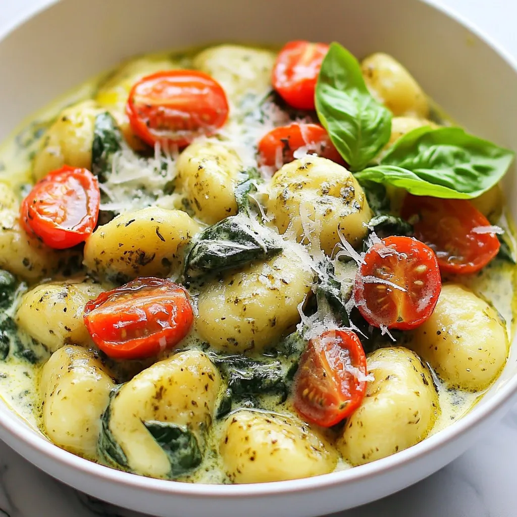 To make this creamy pesto gnocchi, you need a few key ingredients: - 1 pound potato gnocchi - 2 cups fresh spinach - 1 cup heavy cream - ½ cup basil pesto - 1 cup cherry tomatoes, halved - 1 teaspoon garlic powder - Salt and pepper to taste - Grated Parmesan cheese for serving - Fresh basil leaves for garnish These ingredients blend to create a rich and flavorful dish. You will need some simple tools to prepare this dish: - A large pot - A stirring spoon - A measuring cup - A knife for halving tomatoes These tools make cooking easy and efficient. If you have special dietary needs, here are some options: - Use gluten-free gnocchi for a gluten-free meal. - Swap heavy cream with coconut milk for a dairy-free option. - Add extra veggies like bell peppers or zucchini for more nutrition. These substitutions can help you customize the dish to fit your needs. {{ingredient_image_1}} Start with a large pot on medium heat. Pour in 1 cup of heavy cream. Let it heat until it simmers gently. This step makes a rich, creamy base. Next, stir in ½ cup of basil pesto and 1 teaspoon of garlic powder. Mix well until combined. The aroma will be creamy and fresh. Now, it’s time for the gnocchi. Add 1 pound of potato gnocchi to the pot. Follow the package instructions, usually about 3-5 minutes. Stir occasionally to prevent sticking. Watch closely; the gnocchi floats when it’s ready. This floating means they are cooked perfectly. Once the gnocchi floats, fold in 2 cups of fresh spinach and 1 cup of halved cherry tomatoes. Cook for an extra 2-3 minutes. This will let the spinach wilt and the tomatoes warm up. Season your dish with salt and pepper to taste. Finally, remove the pot from heat. Serve your dish hot, topped with grated Parmesan cheese and fresh basil leaves. Enjoy this easy, one-pot meal that bursts with flavor! To get that perfect creamy texture, use heavy cream. It blends well with pesto. Heat the cream slowly, not too fast. Stir in the pesto once it simmers. This keeps the sauce smooth. If you want it thicker, add a bit more cream. You can also mix in some cheese for extra creaminess. Gnocchi cooks fast. Follow the package time, usually 3-5 minutes. Stir them gently as they cook. When they float, they are ready. Don’t let them sit too long in the pot. Overcooked gnocchi can turn mushy. Keep an eye on them for best results. To boost the flavor, add garlic powder early. It mixes well with cream and pesto. Try adding fresh herbs like basil at the end. Cherry tomatoes add sweetness and brightness. Season with salt and pepper to taste. A sprinkle of Parmesan cheese on top enhances the dish. Pro Tips Use Fresh Ingredients: Fresh spinach and high-quality basil pesto will elevate the flavors of your dish significantly. Don’t Overcook the Gnocchi: Keep an eye on the gnocchi; they are done when they float to the surface. Overcooking can make them mushy. Customize Your Veggies: Feel free to add other vegetables like bell peppers or zucchini for extra nutrition and flavor. Make It Dairy-Free: Substitute heavy cream with coconut milk and use a vegan pesto for a delicious dairy-free version. {{image_2}} You can boost this dish with protein. Cooked chicken, shrimp, or tofu pairs well. For chicken, use grilled or rotisserie. Add it when mixing the spinach and tomatoes. If using shrimp, add it to the pot with the gnocchi. Cook until it turns pink. For tofu, use firm or extra-firm. Sauté it first, then mix in for flavor. Feel free to mix in different veggies. Bell peppers add color and sweetness. Zucchini or mushrooms bring a nice texture. Broccoli or asparagus can add crunch. Simply chop and sauté them with the garlic before adding the cream. Each veggie brings a new taste to the dish. You can make this dish vegan too! Swap the heavy cream with coconut milk or cashew cream. Use a dairy-free pesto for flavor. Skip the Parmesan cheese or use a vegan version. This way, everyone can enjoy creamy pesto gnocchi! After enjoying your One-Pot Creamy Pesto Gnocchi, let it cool down. Place leftovers in an airtight container. Store them in the fridge for up to three days. If you want to keep it longer, freezing is a great option. Just make sure to label the container with the date. When you're ready to eat the leftovers, reheat them gently. You can use a pot over low heat, adding a splash of cream or water. This will keep the dish creamy and smooth. Stir it often to avoid sticking. You can also use the microwave. Heat in short bursts, stirring in between. This way, you keep the flavor fresh. To freeze, portion the dish into smaller containers. Make sure they are freezer-safe. It’s best to freeze gnocchi without spinach. Spinach can become mushy when thawed. When you want to eat it, thaw the container in the fridge overnight. Then, reheat it as mentioned before, adding fresh spinach to revive the dish. Enjoy a taste of Italy, even after freezing! Yes, you can use store-bought pesto. It saves time and adds great flavor. Look for one with fresh ingredients. This choice helps make your dish quick and tasty. Cooking gnocchi usually takes about 3-5 minutes. They are done when they float to the top. Follow the package instructions for the best results. Yes, you can prepare this dish ahead. Cook the gnocchi and mix with the sauce. Store it in the fridge for up to two days. When ready, just heat it gently on the stove. Absolutely! You can add bell peppers, zucchini, or peas. Just chop them small and add them when you cook the gnocchi. This adds color and nutrients. If you want a lighter option, use half-and-half or coconut milk. Both options work well to create a creamy base. Just keep in mind that flavors may change slightly. Place leftovers in an airtight container. They last about 2-3 days in the fridge. To keep them fresh, avoid leaving them out at room temperature. Yes, you can freeze it! Store it in a freezer-safe container. It stays good for up to three months. Just thaw it in the fridge before reheating. You can use Pecorino Romano or nutritional yeast for a vegan option. Both add a nice salty flavor that complements the dish well. This blog post covered all you need for a tasty one-pot creamy pesto gnocchi. We explored key ingredients, tools, and helpful substitutes. I shared step-by-step instructions to make cooking easy. You learned tips to achieve the perfect creamy sauce and avoid overcooking. We discussed variations to suit your tastes and how to store leftovers. In conclusion, this dish is versatile and satisfying. I hope you enjoy making it as much as I do!