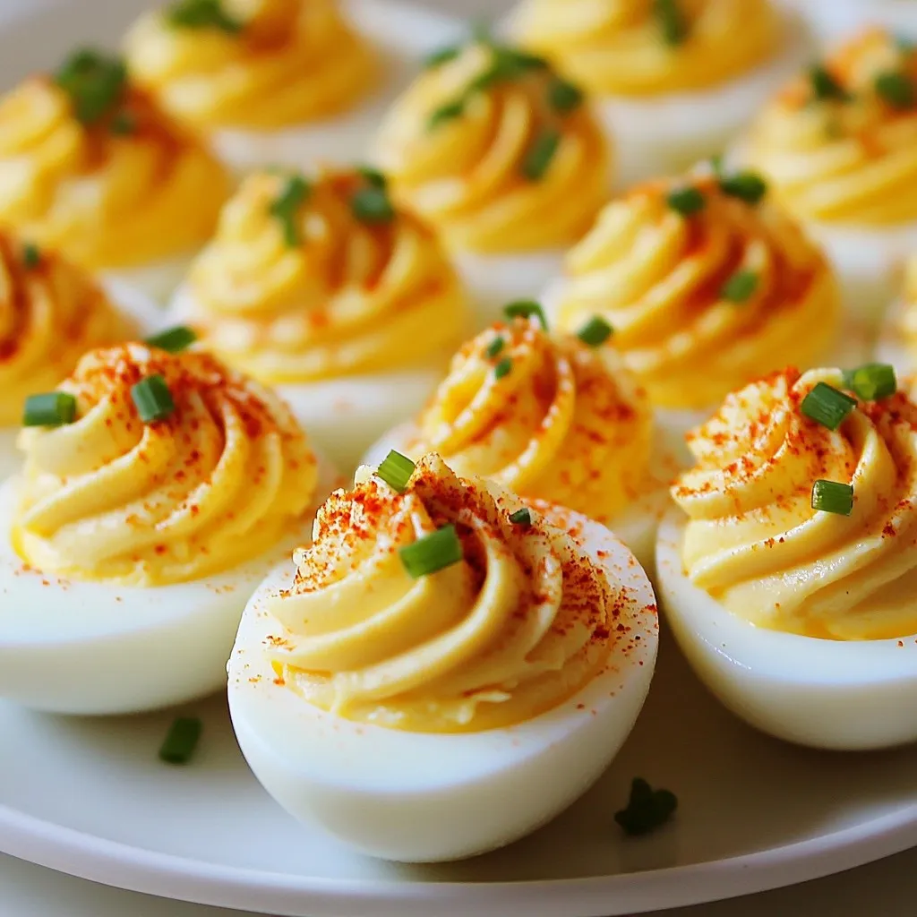 - 6 large eggs - 3 tablespoons mayonnaise - 1 teaspoon Dijon mustard - 1 teaspoon apple cider vinegar - 1/4 teaspoon garlic powder - Salt and pepper to taste - 1 tablespoon finely chopped fresh chives - 1 teaspoon smoked paprika (for garnish) - Optional: hot sauce for an extra kick To make the best deviled eggs, use fresh eggs. Fresh eggs have a firmer white and a nice yolk color. You can check for freshness by placing an egg in a bowl of water. If it sinks, it's fresh. If it floats, toss it out. Buy eggs from a trusted store. Check the sell-by date on the carton. Store them in the fridge until you're ready to use them. This keeps them fresh and safe. For eggs, I recommend using local, organic brands. They often taste better and have richer yolks. For mayonnaise, look for brands like Hellmann's or Duke's. They are creamy and flavorful. For Dijon mustard, Maille is my go-to. It adds a nice kick. When it comes to apple cider vinegar, Bragg's is a solid choice. It has a robust flavor that elevates your deviled eggs. {{ingredient_image_1}} To start, I place six large eggs in a single layer in a saucepan. I cover them with cold water, making sure there is about an inch of water above the eggs. This helps them cook evenly. Next, I bring the water to a boil over medium-high heat. Once the water is boiling, I cover the pan and remove it from the heat. I let the eggs sit for 12 minutes. After that, I transfer the eggs to a bowl of ice water to cool for 5 to 10 minutes. This step helps with peeling the eggs. Once the eggs are cool, I gently tap them on a hard surface to crack the shell. I peel the eggs under running cold water for ease. After peeling, I slice the eggs in half lengthwise. I carefully scoop out the yolks and place them in a mixing bowl, setting the egg whites aside on a serving platter. I mash the yolks using a fork. Then, I add three tablespoons of mayonnaise, one teaspoon of Dijon mustard, one teaspoon of apple cider vinegar, one-fourth teaspoon of garlic powder, and salt and pepper to taste. I mix everything until it is smooth and creamy. I adjust the seasoning as needed. Now comes the fun part—filling the egg whites! I use a piping bag or a spoon to fill the egg whites with the yolk mixture. For an elegant look, I prefer piping the mixture into the whites. Once they are filled, I sprinkle the deviled eggs with smoked paprika and garnish with one tablespoon of finely chopped fresh chives. If I want an extra kick, I dash on some hot sauce. This adds flavor and makes the dish pop! To make the yolks creamy, start with fresh eggs. Fresh eggs help create a smooth texture. After boiling, cool the eggs in ice water. This step makes peeling easy. When you scoop out the yolks, do it gently. You want to keep the whites whole. Mash the yolks thoroughly with a fork. A smooth mix makes for a better filling. One common mistake is overcooking the eggs. This can lead to a green ring around the yolk. To avoid this, follow the timing carefully. Another mistake is not cooling the eggs fast enough. Ice water helps stop the cooking process right away. Also, don't skip the seasoning! Taste the filling and adjust salt and pepper as needed. Presentation makes deviled eggs look even more delicious. Use a colorful platter to catch the eye. Garnish with fresh herbs like chives or parsley. A sprinkle of smoked paprika adds color and flavor. You can also use a piping bag for a fancy touch. This makes the filling look neat and appealing. For fun, add a dash of hot sauce on some eggs for a kick. Pro Tips Freshness Matters: Use the freshest eggs possible for the best flavor and texture. Fresh eggs will have a firmer yolk and a better overall taste. Chill for Perfection: After boiling, cooling the eggs in ice water not only makes them easier to peel but also helps maintain their vibrant color. Experiment with Flavors: Don’t hesitate to customize your filling. Adding flavors like curry powder, sriracha, or even bacon bits can take your deviled eggs to the next level. Piping Tricks: If using a piping bag, use a star tip for a professional look. It adds texture and makes the deviled eggs even more visually appealing. {{image_2}} If you love heat, try spicy deviled eggs. Just add a few dashes of hot sauce to the filling. I like to use a tangy sauce for a nice kick. This small change makes a big difference. The heat pairs well with creamy yolks. You can adjust the spice level to your taste. Start with a little and add more if you can handle it. Herbs can brighten up your deviled eggs. You can mix in fresh herbs like dill, parsley, or basil. Each herb brings its own flavor. For example, dill gives a fresh taste, while basil adds a sweet touch. I recommend finely chopping the herbs before adding them to the yolk mix. This way, they blend in well. You can even sprinkle some on top for a nice look. Classic deviled eggs are great, but modern twists make them fun. You can swap some mayo for mashed avocado. This adds creaminess and a unique flavor. Plus, it's a healthier option! Another idea is adding crispy bacon bits. The salty crunch enhances the eggs. Both options offer a new take on a beloved dish. Experiment with these ideas to find your favorite! Store any leftover deviled eggs in a sealed container. Cover them with plastic wrap or a lid. This keeps them fresh and prevents odors from other foods in the fridge. I recommend placing a small piece of parchment paper between layers. This helps avoid sticking. You should not freeze deviled eggs. The texture changes when frozen. The egg whites become rubbery, and the filling loses its creaminess. If you make too many, just store them in the fridge instead. Deviled eggs last about 2 to 3 days in the fridge. After that, they may spoil. Always check for any off smells or changes in color before eating. If in doubt, throw them out. Enjoy your deviled eggs while they're fresh! Deviled eggs date back to ancient Rome. Back then, people boiled eggs and filled them with spices. The term "deviled" came later, around the 18th century. It described spicy dishes, like our eggs today. Over time, deviled eggs became a popular dish in America. They are now a staple at parties and gatherings. Yes, you can make deviled eggs ahead of time. Prepare them a day in advance. Store them in the fridge until serving. Keep the filling in a separate container. This helps maintain freshness. When ready to serve, fill the egg whites and garnish. Your guests will love them! If you want a mayo swap, there are many options. Greek yogurt adds creaminess and a tangy flavor. You can also use avocado for a healthy twist. Mustard or sour cream can work well too. Just be sure to adjust the seasoning to taste. We explored every aspect of deviled eggs, from ingredients to variations. You learned how to prepare and present them beautifully. Remember to avoid common mistakes and focus on freshness. Try different flavors to impress your friends. Storing leftovers properly helps maintain taste. Keep these tips handy for your next gathering. Enjoy the process of making this classic dish more exciting! Deviled eggs can be fun and creative!