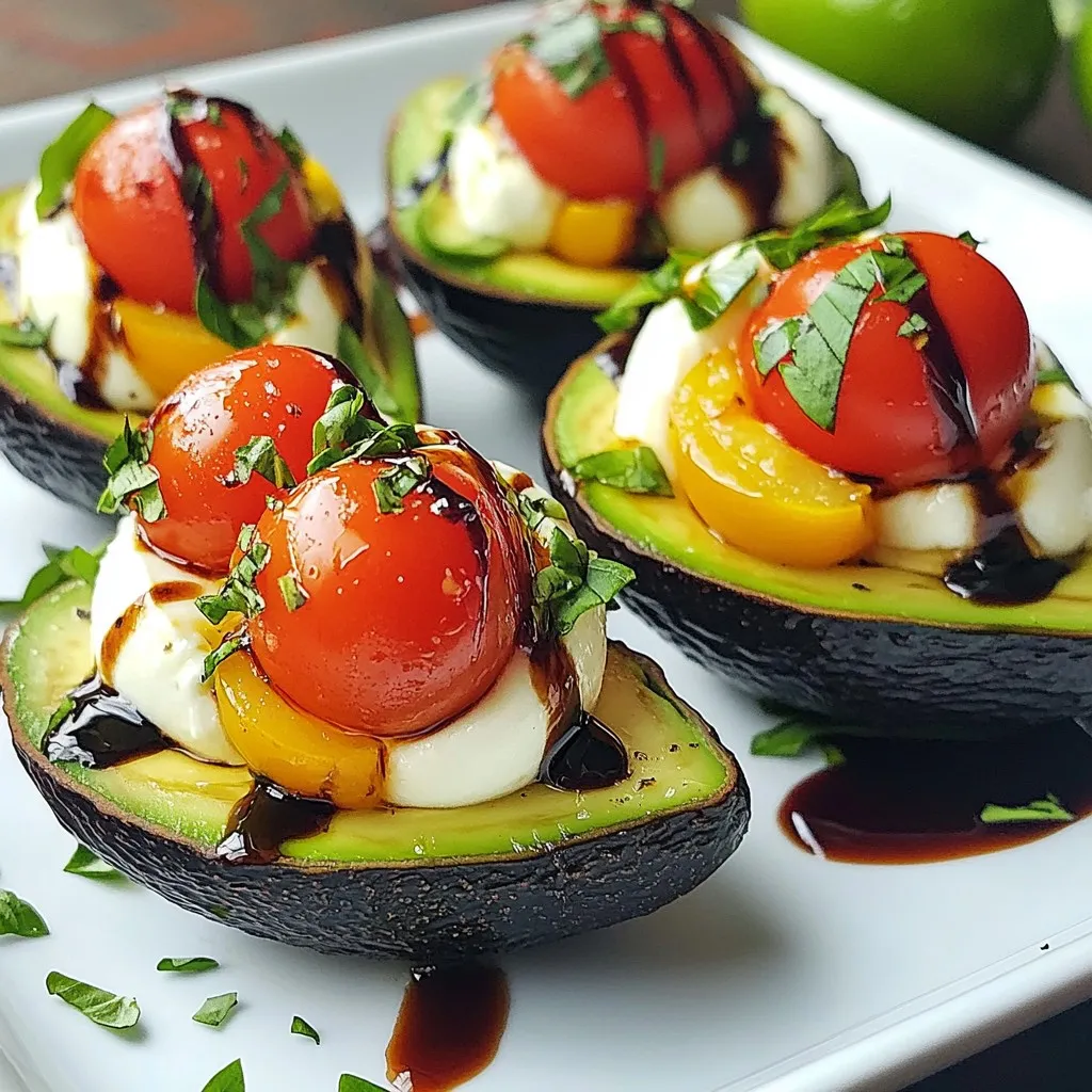- 2 ripe avocados - 1 cup cherry tomatoes, halved - 1 cup fresh mozzarella balls (bocconcini) - 1/4 cup fresh basil leaves, finely chopped - 2 tablespoons balsamic glaze - 1 tablespoon olive oil - Salt and pepper to taste To keep your ingredients fresh, choose ripe avocados. They should yield slightly when you press them. For cherry tomatoes, look for bright colors and firm skins. Fresh mozzarella should feel soft and moist. Store basil in a jar of water, like a bouquet. This helps it stay fresh longer. You can swap ingredients based on your taste. Try using larger tomatoes instead of cherry tomatoes. If you don’t have mozzarella, use feta or goat cheese. For a twist, use pesto instead of basil. You can also add nuts like pine nuts for a crunch. If you want a vegan version, skip the cheese or choose a plant-based option. {{ingredient_image_1}} First, grab your ripe avocados. Cut each one in half. Be careful not to cut too deep. Remove the pit with a spoon. Keep the halves intact for filling later. Set them aside on a plate. Now, let’s make the Caprese mixture. In a mixing bowl, add the halved cherry tomatoes. Next, toss in the fresh mozzarella balls. Then, add the chopped basil leaves. Drizzle the olive oil over this mix. Season with salt and pepper to taste. Use a spoon to gently toss the mixture. Ensure everything blends well together. It’s time to fill the avocados! Take a spoon and scoop the Caprese mixture into each avocado half. Pack it in, but don’t overfill. Once filled, drizzle balsamic glaze on top for added flavor. You can serve them right away. If you prefer, chill them in the fridge for 10 to 15 minutes. This will make them extra refreshing! To pick the best avocados, look for a few signs. First, choose avocados that feel slightly soft when you press them gently. This means they are ripe. Next, check the color. A darker green or almost black skin often indicates ripeness. Avoid avocados with large dark spots or dents. These may be overripe. Finally, if the stem is still on, pop it off. If it comes off easily and is green underneath, the avocado is ready to eat. Caprese stuffed avocados are great as a snack or meal. Serve them as a light lunch with crusty bread. You can also pair them with a green salad for a full meal. For a fun twist, add some grilled chicken or shrimp on top. This adds protein and makes the dish heartier. You can also serve them at parties. They make a great appetizer that everyone will love. To impress your guests, think about how you plate the avocados. Place them on a colorful plate or a wooden board. Drizzle some extra balsamic glaze around the plate for a fancy touch. You can also add a sprinkle of extra chopped basil on top. This makes the dish look fresh and inviting. For added color, include some edible flowers or lemon slices on the side. This makes your dish pop and adds a fun element. Pro Tips Choose Ripe Avocados: Make sure your avocados are ripe for the best flavor and texture. They should yield slightly to gentle pressure when squeezed. Fresh Ingredients Matter: Use fresh mozzarella and basil for the most vibrant flavors. Fresh ingredients elevate the dish and make it more enjoyable. Customize Your Fillings: Feel free to add other ingredients like diced red onion or a sprinkle of chili flakes for an extra kick, depending on your taste preferences. Drizzle Just Before Serving: To prevent sogginess, drizzle the balsamic glaze just before serving rather than in advance. {{image_2}} You can switch up the flavors in Caprese stuffed avocados. Instead of mozzarella, try feta cheese for a tangy taste. You can also use roasted red peppers. They add a nice sweetness. For a spicy kick, add sliced jalapeños. You can mix in olives for a briny touch too. Each change gives you a new twist on this dish. Want a vegan version? Skip the mozzarella and use avocado cream instead. Just blend ripe avocado with lemon juice and a bit of garlic. You can also add nuts like cashews for creaminess. They give a nice texture and flavor. Use a balsamic reduction that has no dairy. This keeps your dish fresh and tasty while being dairy-free. Using seasonal ingredients makes this dish even better. In spring, add fresh peas or asparagus for a bright touch. In summer, try diced peaches or nectarines for a sweet burst. Fall calls for roasted butternut squash or cranberries for a warm flavor. In winter, consider pomegranate seeds for a juicy, tart contrast. These add-ins keep the dish lively all year round. To store leftover Caprese stuffed avocados, place them in an airtight container. This keeps them fresh longer. You can add a bit of lemon juice to stop browning. Store them in the fridge for up to two days. The avocados may lose some texture but will still taste great. To keep avocados fresh, store them whole at room temperature if they are not ripe. Once ripe, put them in the fridge. If you cut an avocado, wrap it tightly in plastic wrap. Store it in the fridge to slow down browning. You can also sprinkle lemon juice on exposed flesh for extra protection. Caprese stuffed avocados are best served cold or at room temperature. They do not need reheating. If you prefer warm avocados, place them in the oven at a low temperature for a few minutes. Avoid the microwave; it can make the texture mushy. Enjoy the fresh flavors of this dish! Yes, you can prepare the Caprese mixture ahead of time. Store it in the fridge for a few hours. However, I recommend filling the avocados just before serving. This keeps them fresh and prevents browning. Hass avocados are the best choice for this recipe. They are creamy and have a rich flavor. Make sure they are ripe but firm. You can gently squeeze them to check for ripeness. To make more servings, simply double or triple the ingredients. For example, use 4 avocados and increase the mozzarella and tomatoes. This way, you keep the same tasty flavor while serving more people. This blog post covered how to make delicious Caprese stuffed avocados. We discussed fresh ingredients, preparation steps, and helpful tips for perfect results. I shared ways to store leftovers, keep avocados fresh, and answered common questions. Try these ideas for a tasty twist. You can customize the flavors and serve these fun, healthy bites any time. Enjoy your cooking and impress your friends with this simple yet impressive dish!