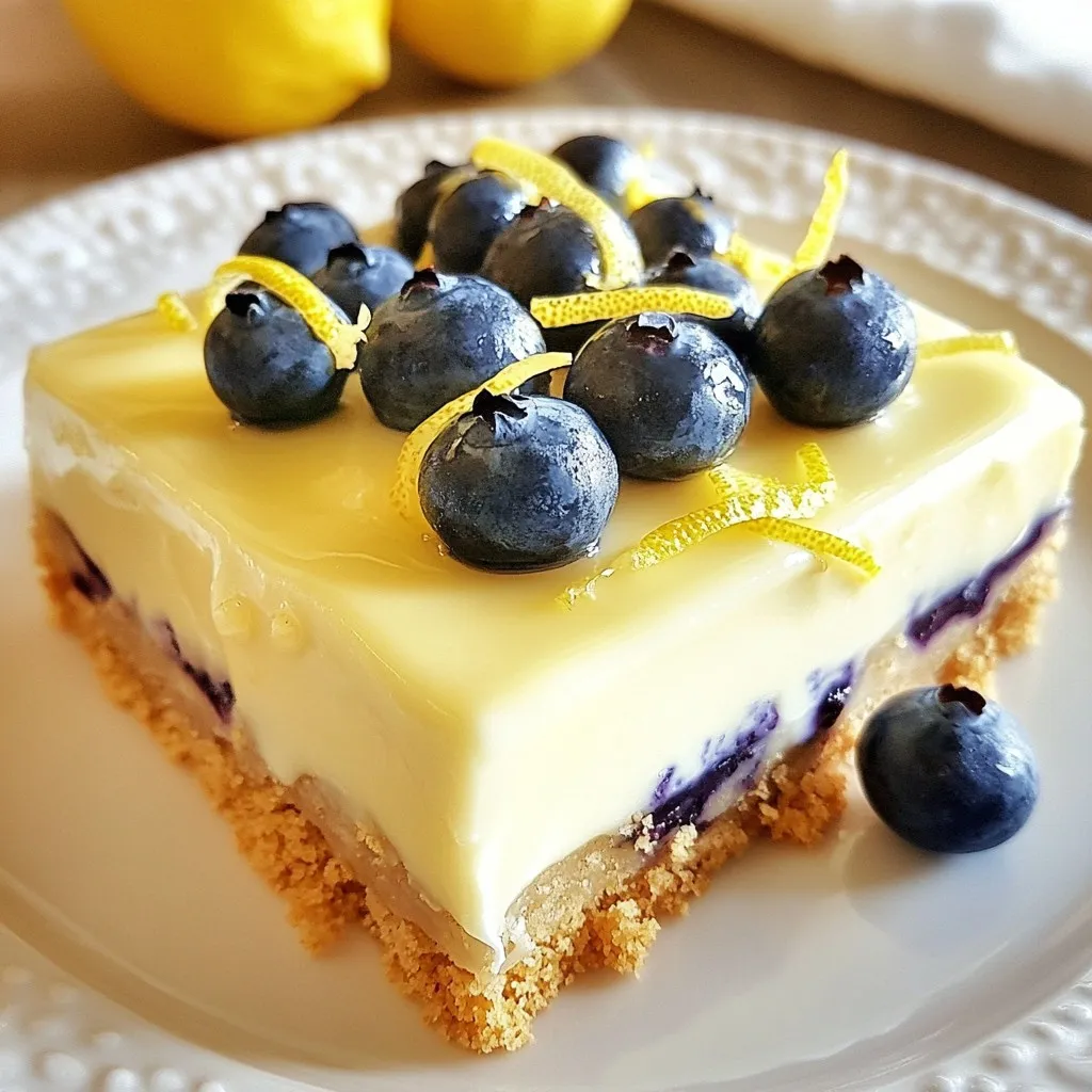 - 1 ½ cups graham cracker crumbs - ½ cup unsalted butter, melted - 2 tablespoons granulated sugar - 16 oz cream cheese, softened - ¾ cup granulated sugar - 2 large eggs - Zest of 1 lemon - ¼ cup fresh lemon juice - 1 teaspoon vanilla extract - 1 cup fresh blueberries (plus extra for garnish) - 1 tablespoon cornstarch Using fresh blueberries gives the best flavor and texture. The lemon juice adds a bright taste. Make sure your cream cheese is softened. This helps create a smooth filling. The graham cracker crumbs form a delicious crust. They add a nice crunch and sweetness. If you need a gluten-free option, use gluten-free graham crackers. For a dairy-free version, try a vegan cream cheese. You can also use maple syrup instead of sugar for a natural sweetener. Adjust the amount based on your taste preference. {{ingredient_image_1}} Start by preheating your oven to 350°F (175°C). Line an 8x8 inch baking dish with parchment paper. Make sure to leave some paper hanging over the sides. This will help you lift the bars out later. In a mixing bowl, combine 1 ½ cups of graham cracker crumbs, ½ cup of melted unsalted butter, and 2 tablespoons of sugar. Mix these until the crumbs are well coated. Once mixed, press this crumb mixture firmly into the bottom of your prepared dish. Bake the crust for 8-10 minutes until it is set and lightly golden. After baking, let it cool slightly. Next, take a large bowl and beat 16 oz of softened cream cheese with an electric mixer. Mix until it is smooth. Gradually add in ¾ cup of sugar, mixing until creamy. Then, add the 2 large eggs one at a time. Make sure each egg is mixed in well before adding the next. Now, mix in the zest of 1 lemon, ¼ cup of fresh lemon juice, and 1 teaspoon of vanilla extract until everything is blended. In a small bowl, toss 1 cup of fresh blueberries with 1 tablespoon of cornstarch. Gently fold these blueberries into the cheesecake filling. Take care not to burst the berries as you mix. Pour the cheesecake batter over your pre-baked crust. Spread it out evenly. Bake your bars in the oven for 25-30 minutes. The edges should be set, and the center should be slightly jiggly. It will firm up as it cools. Once baked, take the dish out of the oven and let it cool for about 30 minutes. Then, refrigerate the bars for at least 2 hours. This cooling time is key for the best texture. To serve, use the parchment paper to lift the cheesecake out of the dish. Cut into bars and garnish with extra blueberries if you like. Enjoy! To get the right texture, use room temperature cream cheese. It blends smoothly and avoids lumps. I beat it until it's creamy, about two minutes. Add the sugar slowly for a sweet mix. When you add the eggs, do it one by one. This way, each egg mixes well before the next one goes in. The lemon juice and zest give it a fresh taste, making the texture light and bright. Cracking can happen when the cheesecake cooks too fast. To avoid this, do not open the oven door while baking. Keep the oven's temperature steady at 350°F. If you bake it too long, the edges cook too much. Look for a slight jiggle in the center; it will firm up as it cools. Cooling slowly is key, so let it sit in the oven for a bit after baking. You need a few simple tools for this recipe. A mixing bowl for the crust and filling is a must. An electric mixer helps mix the cream cheese and sugar well. Use a 9x9 inch baking dish lined with parchment paper. This helps you lift the bars out easily later. Finally, a sharp knife will help you cut neat bars after chilling. Pro Tips Use Room Temperature Cream Cheese: For a smoother and creamier filling, ensure that your cream cheese is at room temperature before mixing. This helps to avoid lumps in your cheesecake batter. Don’t Overmix: Mix the batter just until combined, especially after adding the eggs. Overmixing can incorporate too much air, leading to cracks during baking. Chill Properly: Allow the cheesecake bars to cool for at least 2 hours in the refrigerator. This ensures they set properly and makes them easier to cut into neat bars. Garnish for Presentation: Add extra fresh blueberries on top before serving for a beautiful presentation and an extra burst of flavor. {{image_2}} You can swap blueberries for other fruits in this recipe. Raspberries, strawberries, or blackberries work well. Each fruit brings a new taste. For example, raspberries add a tart kick. Strawberries give a sweet and juicy flavor. You can also mix fruits to create a fun blend. Just keep the amount the same: one cup of fruit. You can change the flavor of your cheesecake bars easily. Add spices like cinnamon or nutmeg for warmth. You can also mix in some chocolate chips for a rich twist. If you love coconut, add some shredded coconut to the batter. Want a little zest? Try adding lime or orange juice instead of lemon. These flavors can brighten your bars even more. If you need a gluten-free option, you can use gluten-free graham crackers. They work just as well in the crust. You can also use almond flour or crushed nuts for a different base. Just mix them with melted butter and sugar, like the original recipe. This way, you can still enjoy delicious cheesecake bars without gluten. To keep your Lemon Blueberry Cheesecake Bars fresh, store them in the fridge. Use an airtight container to prevent them from drying out. If you plan to serve them later, do not cut the bars until you are ready. This helps maintain their shape and texture. You can freeze these cheesecake bars for longer storage. First, let them cool completely in the fridge. Then, wrap each bar tightly in plastic wrap. Place the wrapped bars in a freezer bag or container. They can last up to three months in the freezer. When ready to eat, thaw them in the fridge overnight. These delicious bars can last in the fridge for about five days. Make sure to keep them covered to avoid any odors from other foods. If they start to look or smell off, it's best to toss them. Enjoy your treats while they’re fresh for the best taste! Yes, you can use frozen blueberries. They work well in this recipe. Just remember to toss them in cornstarch first. This helps keep them from sinking to the bottom. Check the edges of the bars. They should be set, while the center may jiggle a bit. The bars will firm as they cool. These bars pair great with whipped cream or a scoop of vanilla ice cream. You can add fresh mint for a nice touch. Let the bars chill for at least 2 hours. This helps them set up nicely and enhances the flavor. For best results, chill them overnight. We covered everything you need to make Lemon Blueberry Cheesecake Bars. You learned about the key ingredients and smart substitutions for different diets. I also walked you through each step, from preparing the dish to cooling and serving. We discussed tips for perfect texture and avoiding cracks. Lastly, I shared ways to customize flavors and store your treats. Remember, experimenting is fun. Enjoy your baking adventure!