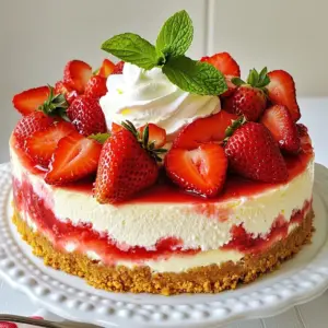 - 1 cup graham cracker crumbs - 1/4 cup sugar - 1/3 cup unsalted butter, melted - 2 cups cream cheese, softened - 1 cup sugar - 1 teaspoon vanilla extract - 3 large eggs - 1 cup sour cream - 1 cup strawberries, hulled and sliced - 1/4 cup strawberry jam - Whipped cream, for topping - Fresh mint leaves, for garnish To make this strawberry shortcake cheesecake, you start with the crust. The crust gives a nice crunch. You need graham cracker crumbs, sugar, and melted butter. Mix these three ingredients well. Press the mixture into a springform pan. Bake it for ten minutes, then let it cool. Next, you make the cheesecake filling. You will use cream cheese, sugar, vanilla extract, eggs, and sour cream. Start by beating the cream cheese and sugar until smooth. Add the vanilla and mix it again. Then, add the eggs one by one. Be gentle here! Overmixing can ruin the texture. Finally, fold in the sour cream. This will make the filling creamy and rich. For the topping, you need fresh strawberries and strawberry jam. Slice the strawberries and mix them with the jam. This gives a sweet and fruity layer. Now, you are ready to layer everything. First, spread the strawberry mix over the cooled crust. Then, pour the cheesecake filling on top. Don't forget the whipped cream and mint leaves for the final touch. They make the cheesecake look and taste amazing! {{ingredient_image_1}} - Preheat the oven to 325°F (163°C). - Prepare the springform pan by greasing it lightly. - Combine 1 cup of graham cracker crumbs, 1/4 cup of sugar, and 1/3 cup of melted butter. - Mix until the crumbs look wet and sandy. - Press the mixture firmly into the bottom of the pan. - Bake for 10 minutes, then let it cool. - Beat 2 cups of softened cream cheese with 1 cup of sugar until smooth. - Add 1 teaspoon of vanilla extract and mix well. - Add 3 large eggs one at a time. Beat gently after each egg. - Fold in 1 cup of sour cream until just mixed. - In a small bowl, mix 1 cup of sliced strawberries with 1/4 cup of strawberry jam. - Spread the strawberries evenly over the cooled crust. - Pour the cheesecake filling on top of the strawberries. - Bake for 50-60 minutes until the center is set but still wobbly. - Turn off the oven and crack the door open. Let the cheesecake cool for 1 hour. - Cover the cheesecake with plastic wrap and refrigerate for at least 4 hours. - For best results, chill it overnight. - Run a knife around the edge of the springform pan. - Carefully release the springform and remove the sides. - Top with whipped cream and garnish with fresh mint leaves before serving. - Avoid overmixing after adding eggs. Mixing too much can make the cake dense. - Understand when the cheesecake is perfectly baked. It should be set but wobbly in the center. - Use fresh strawberries for a vibrant topping. They add color and taste. - Experiment with different jams for varied flavors. Raspberry or blueberry jams can be great choices. - Drizzle the cheesecake with chocolate or caramel sauce. This adds a sweet touch. - Pair it with a cup of coffee or tea. The warmth complements the cheesecake well. Pro Tips Use Room Temperature Ingredients: Ensure that your cream cheese and eggs are at room temperature before mixing. This helps create a smoother and creamier cheesecake filling. Don’t Overmix: When adding the eggs and sour cream, mix just until combined. Overmixing can incorporate too much air into the batter, leading to cracks in your cheesecake. Cooling Method: After baking, let the cheesecake cool in the oven with the door slightly ajar. This gradual cooling helps prevent cracks and keeps the texture creamy. Chill Overnight: For the best flavor and texture, refrigerate your cheesecake overnight. This allows the flavors to meld and improves the overall taste. {{image_2}} You can add a twist with chocolate! To make a chocolate version, mix cocoa powder into your crust or filling. This will give your cheesecake a rich taste. Use about 1/4 cup of cocoa powder. It blends well with the cream cheese. The chocolate flavor pairs nicely with the strawberries. Want to try something different? Swap out strawberries for a mix of your favorite berries. Raspberries, blueberries, and blackberries work great together. This change adds colorful layers and unique flavors. Each bite becomes a berry explosion. Plus, it makes the cheesecake look beautiful! If you need a gluten-free option, don’t worry! You can use gluten-free graham crackers for the crust. They work just as well. Just crush them like regular graham crackers. This way, everyone can enjoy this tasty treat. It’s easy to make it fit various diets! You can keep the strawberry shortcake cheesecake in the fridge for up to five days. Make sure to cover it well with plastic wrap. This will keep it fresh and tasty. If you leave it uncovered, it can dry out. To freeze leftovers, first, let the cheesecake cool completely. Then wrap it tightly in plastic wrap and aluminum foil. This keeps out air and prevents freezer burn. You can freeze it for up to three months. When you're ready to eat it, you can enjoy the same great flavor. To thaw the cheesecake, move it from the freezer to the fridge. Let it sit there for about 6 to 8 hours. This slow thawing keeps the texture nice. If you're in a hurry, you can thaw it at room temp for about 2 hours. Just be sure to keep it covered. To cut cheesecake, use a sharp knife. Dip the knife in hot water to warm it. Wipe the knife clean after each cut. This gives you nice, clean slices. You want each piece to look good. Yes, you can use low-fat cream cheese. It will make the cheesecake lighter. The taste may change slightly, but it can still be tasty. Just ensure it is softened before mixing. To adjust the sweetness, add or reduce sugar. If you want it sweeter, add more sugar to the filling. For less sweet, cut back on sugar. You can also use less jam for a less sweet topping. Check the cheesecake after 50 minutes in the oven. The center should be set but still jiggle a bit. It will firm up as it cools. This way, you get a creamy texture, not a dry one. Yes, you can make this cheesecake in advance. It tastes even better after chilling overnight. Just cover it well and keep it in the fridge. This way, flavors blend nicely for a great taste. You’ve learned how to make a delicious cheesecake from scratch. We covered the tasty ingredients, the simple steps for baking, and tips for perfecting your dessert. Remember to chill it well for the best texture. Feel free to try variations and be creative with toppings. Cheesecake is fun to make and share. Enjoy every bite and impress your friends with your baking skills!