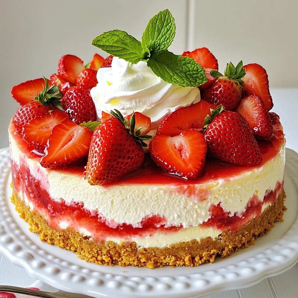 - 1 cup graham cracker crumbs - 1/4 cup sugar - 1/3 cup unsalted butter, melted - 2 cups cream cheese, softened - 1 cup sugar - 1 teaspoon vanilla extract - 3 large eggs - 1 cup sour cream - 1 cup strawberries, hulled and sliced - 1/4 cup strawberry jam - Whipped cream, for topping - Fresh mint leaves, for garnish To make this strawberry shortcake cheesecake, you start with the crust. The crust gives a nice crunch. You need graham cracker crumbs, sugar, and melted butter. Mix these three ingredients well. Press the mixture into a springform pan. Bake it for ten minutes, then let it cool. Next, you make the cheesecake filling. You will use cream cheese, sugar, vanilla extract, eggs, and sour cream. Start by beating the cream cheese and sugar until smooth. Add the vanilla and mix it again. Then, add the eggs one by one. Be gentle here! Overmixing can ruin the texture. Finally, fold in the sour cream. This will make the filling creamy and rich. For the topping, you need fresh strawberries and strawberry jam. Slice the strawberries and mix them with the jam. This gives a sweet and fruity layer. Now, you are ready to layer everything. First, spread the strawberry mix over the cooled crust. Then, pour the cheesecake filling on top. Don't forget the whipped cream and mint leaves for the final touch. They make the cheesecake look and taste amazing! {{ingredient_image_1}} - Preheat the oven to 325°F (163°C). - Prepare the springform pan by greasing it lightly. - Combine 1 cup of graham cracker crumbs, 1/4 cup of sugar, and 1/3 cup of melted butter. - Mix until the crumbs look wet and sandy. - Press the mixture firmly into the bottom of the pan. - Bake for 10 minutes, then let it cool. - Beat 2 cups of softened cream cheese with 1 cup of sugar until smooth. - Add 1 teaspoon of vanilla extract and mix well. - Add 3 large eggs one at a time. Beat gently after each egg. - Fold in 1 cup of sour cream until just mixed. - In a small bowl, mix 1 cup of sliced strawberries with 1/4 cup of strawberry jam. - Spread the strawberries evenly over the cooled crust. - Pour the cheesecake filling on top of the strawberries. - Bake for 50-60 minutes until the center is set but still wobbly. - Turn off the oven and crack the door open. Let the cheesecake cool for 1 hour. - Cover the cheesecake with plastic wrap and refrigerate for at least 4 hours. - For best results, chill it overnight. - Run a knife around the edge of the springform pan. - Carefully release the springform and remove the sides. - Top with whipped cream and garnish with fresh mint leaves before serving. - Avoid overmixing after adding eggs. Mixing too much can make the cake dense. - Understand when the cheesecake is perfectly baked. It should be set but wobbly in the center. - Use fresh strawberries for a vibrant topping. They add color and taste. - Experiment with different jams for varied flavors. Raspberry or blueberry jams can be great choices. - Drizzle the cheesecake with chocolate or caramel sauce. This adds a sweet touch. - Pair it with a cup of coffee or tea. The warmth complements the cheesecake well. Pro Tips Use Room Temperature Ingredients: Ensure that your cream cheese and eggs are at room temperature before mixing. This helps create a smoother and creamier cheesecake filling. Don’t Overmix: When adding the eggs and sour cream, mix just until combined. Overmixing can incorporate too much air into the batter, leading to cracks in your cheesecake. Cooling Method: After baking, let the cheesecake cool in the oven with the door slightly ajar. This gradual cooling helps prevent cracks and keeps the texture creamy. Chill Overnight: For the best flavor and texture, refrigerate your cheesecake overnight. This allows the flavors to meld and improves the overall taste. {{image_2}} You can add a twist with chocolate! To make a chocolate version, mix cocoa powder into your crust or filling. This will give your cheesecake a rich taste. Use about 1/4 cup of cocoa powder. It blends well with the cream cheese. The chocolate flavor pairs nicely with the strawberries. Want to try something different? Swap out strawberries for a mix of your favorite berries. Raspberries, blueberries, and blackberries work great together. This change adds colorful layers and unique flavors. Each bite becomes a berry explosion. Plus, it makes the cheesecake look beautiful! If you need a gluten-free option, don’t worry! You can use gluten-free graham crackers for the crust. They work just as well. Just crush them like regular graham crackers. This way, everyone can enjoy this tasty treat. It’s easy to make it fit various diets! You can keep the strawberry shortcake cheesecake in the fridge for up to five days. Make sure to cover it well with plastic wrap. This will keep it fresh and tasty. If you leave it uncovered, it can dry out. To freeze leftovers, first, let the cheesecake cool completely. Then wrap it tightly in plastic wrap and aluminum foil. This keeps out air and prevents freezer burn. You can freeze it for up to three months. When you're ready to eat it, you can enjoy the same great flavor. To thaw the cheesecake, move it from the freezer to the fridge. Let it sit there for about 6 to 8 hours. This slow thawing keeps the texture nice. If you're in a hurry, you can thaw it at room temp for about 2 hours. Just be sure to keep it covered. To cut cheesecake, use a sharp knife. Dip the knife in hot water to warm it. Wipe the knife clean after each cut. This gives you nice, clean slices. You want each piece to look good. Yes, you can use low-fat cream cheese. It will make the cheesecake lighter. The taste may change slightly, but it can still be tasty. Just ensure it is softened before mixing. To adjust the sweetness, add or reduce sugar. If you want it sweeter, add more sugar to the filling. For less sweet, cut back on sugar. You can also use less jam for a less sweet topping. Check the cheesecake after 50 minutes in the oven. The center should be set but still jiggle a bit. It will firm up as it cools. This way, you get a creamy texture, not a dry one. Yes, you can make this cheesecake in advance. It tastes even better after chilling overnight. Just cover it well and keep it in the fridge. This way, flavors blend nicely for a great taste. You’ve learned how to make a delicious cheesecake from scratch. We covered the tasty ingredients, the simple steps for baking, and tips for perfecting your dessert. Remember to chill it well for the best texture. Feel free to try variations and be creative with toppings. Cheesecake is fun to make and share. Enjoy every bite and impress your friends with your baking skills!