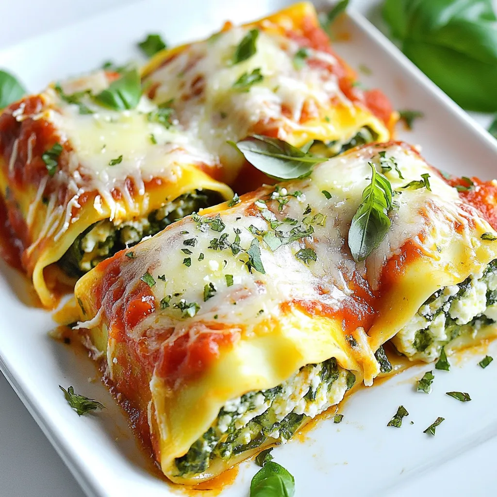 - 9 lasagna noodles - 2 cups ricotta cheese - 1 cup shredded mozzarella cheese - 1 cup grated Parmesan cheese - 3 cups fresh spinach, chopped - 1 large egg - 2 cloves garlic, minced - 1 teaspoon Italian seasoning - 2 cups marinara sauce - Salt and pepper to taste - Fresh basil leaves for garnish When you gather your ingredients, fresh spinach shines in this dish. It adds bright flavor and a vibrant color. While frozen spinach can work, it often has more water. This makes the filling watery and less tasty. So, I recommend using fresh. For cheeses, quality matters. I suggest whole milk ricotta for a creamy texture. Use whole milk mozzarella for great melt. Aged Parmesan gives a nice sharp taste. These choices make the dish rich and satisfying. Make sure to measure your ingredients carefully. This ensures every bite is full of flavor and texture. Enjoy the process of cooking; it makes the meal even more special! {{ingredient_image_1}} Start by gathering all your ingredients. You will need lasagna noodles, ricotta cheese, mozzarella cheese, Parmesan cheese, fresh spinach, and some spices. For the noodles, cook them in boiling water until they are al dente. This means they should be firm but not hard. Drain the noodles and lay them flat on a clean surface. Let them cool a bit so they are easier to handle. In a large bowl, mix the ricotta cheese, half the mozzarella, and Parmesan cheese. Add the chopped spinach, egg, minced garlic, Italian seasoning, salt, and pepper. Stir it all together until well combined. To avoid a watery filling, make sure to drain any excess moisture from the spinach before mixing. This keeps your filling creamy and thick. Now, take one lasagna noodle and spread a spoonful of the cheese and spinach mix on it. Roll the noodle tightly from one end to the other. Place the roll seam-side down in a greased baking dish. Repeat this process with the remaining noodles and filling. Arrange them close together for a nice presentation. Pour marinara sauce evenly over the lasagna roll-ups. Make sure every roll is covered. Sprinkle the remaining mozzarella cheese on top. Cover the dish with aluminum foil and bake it for 25 minutes at 375°F. After that, remove the foil and bake for another 10 minutes. The cheese should be bubbly and golden brown when it’s done. Let the roll-ups sit for about 5 minutes before serving. To get a creamy filling, use smooth ricotta cheese. Mix it well with the spinach and egg. This helps to bind everything together. Make sure you fully chop the spinach. Big pieces can make the filling chunky and less creamy. Avoiding overcooked noodles is key. Cook the lasagna noodles until they are al dente. This means they should still have a little bite. If they are too soft, they will break when you roll them. Once cooked, cool them quickly on a flat surface to stop the cooking process. To adjust the seasoning, taste the filling before you roll it up. You can add more Italian seasoning if you like a stronger flavor. A pinch of red pepper flakes can add a nice kick. Try different sauces too. While marinara is great, a white sauce can add a nice twist. You can mix marinara with pesto for a fresh flavor that pairs well with the cheeses. For serving, place the roll ups on a large platter. Drizzle extra marinara sauce on the plate for a nice touch. You can also serve them on individual plates for a fancy look. For garnishing, fresh basil leaves work wonders. They add color and a great smell. You can also sprinkle some extra Parmesan on top for a nice finish. This makes the dish look as good as it tastes. Pro Tips Use Fresh Spinach: For the best flavor and nutritional value, always opt for fresh spinach instead of frozen. It adds a vibrant color and texture to your dish. Experiment with Cheeses: Feel free to mix in other types of cheese like goat cheese or feta to add different flavors and textures to your filling. Double Your Sauce: If you love extra sauce, consider doubling the marinara sauce to pour over the roll ups. It keeps them moist and adds a rich flavor. Rest Before Serving: Let the lasagna roll ups sit for a few minutes after baking. This helps the cheese set and makes it easier to serve without falling apart. {{image_2}} For those with dietary needs, you can swap the noodles for gluten-free pasta. Many brands offer delicious options that cook just like regular lasagna noodles. Look for ones made from rice or corn. If you want a vegan version, try using plant-based cheese. Brands like Daiya or Violife make great alternatives. You can also replace the egg with a mix of ground flaxseed and water for binding. Want to add more veggies? Consider mixing in chopped mushrooms, zucchini, or bell peppers. These add flavor and nutrients. You can also try adding cooked and crumbled sausage for a heartier dish. For cheese lovers, mix in some feta or goat cheese. They add a tangy taste that pairs well with spinach. You can also play with the ratios of the three cheeses for a richer flavor. Experimenting with herbs can really change the taste. Try adding fresh thyme or rosemary for a more fragrant dish. You can also sprinkle in some red pepper flakes for a little heat. If you want to change up the sauce, consider using pesto or Alfredo. Both sauces offer a unique twist to the classic marinara. You can also layer in some creamy béchamel for added richness. After making your Three Cheese Spinach Lasagna Roll Ups, let them cool. Place leftovers in an airtight container. This keeps them fresh. You can store them in the fridge for up to 3 days. If you have more than one serving, consider dividing them into smaller portions. To freeze the roll ups, wrap each one in plastic wrap. Then, place them in a freezer-safe bag. This helps prevent freezer burn. You can freeze them for up to 3 months. When you want to eat them, take the roll ups out the night before and place them in the fridge to thaw. To reheat, set your oven to 350°F (175°C). Place the roll ups in a baking dish with a bit of marinara sauce. Cover the dish with foil to keep them moist. Heat for about 20 minutes or until warm throughout. This method helps maintain flavor and texture. Avoid the microwave, as it can make them soggy. Yes, you can prep these roll ups in advance. You can assemble them, cover, and store them in the fridge for up to 24 hours. This makes it easy to enjoy a tasty meal without much fuss. Just remember to bake them straight from the fridge. You may need to add a few extra minutes to the bake time. These roll ups pair well with a fresh salad. A simple green salad with a light vinaigrette works great. You can also serve garlic bread or a side of roasted vegetables. For a complete meal, try adding a glass of red wine or sparkling water. If you make more roll ups, you will need a larger baking dish. Adjust the bake time by checking the cheese for that golden brown color. For a bigger batch, add about 5-10 minutes to the cooking time. Just cover the dish with foil until the last few minutes to prevent burning. In this article, we explored how to make Three Cheese Spinach Lasagna Roll Ups. You learned about the key ingredients, like fresh spinach and quality cheeses. I shared step-by-step instructions, from prepping ingredients to baking. You also discovered tips for perfecting texture and adding flavor. Whether you want gluten-free options or new filling ideas, there are many ways to personalize this dish. Remember, proper storage keeps leftovers tasty. Enjoy crafting your roll ups, and happy cooking!