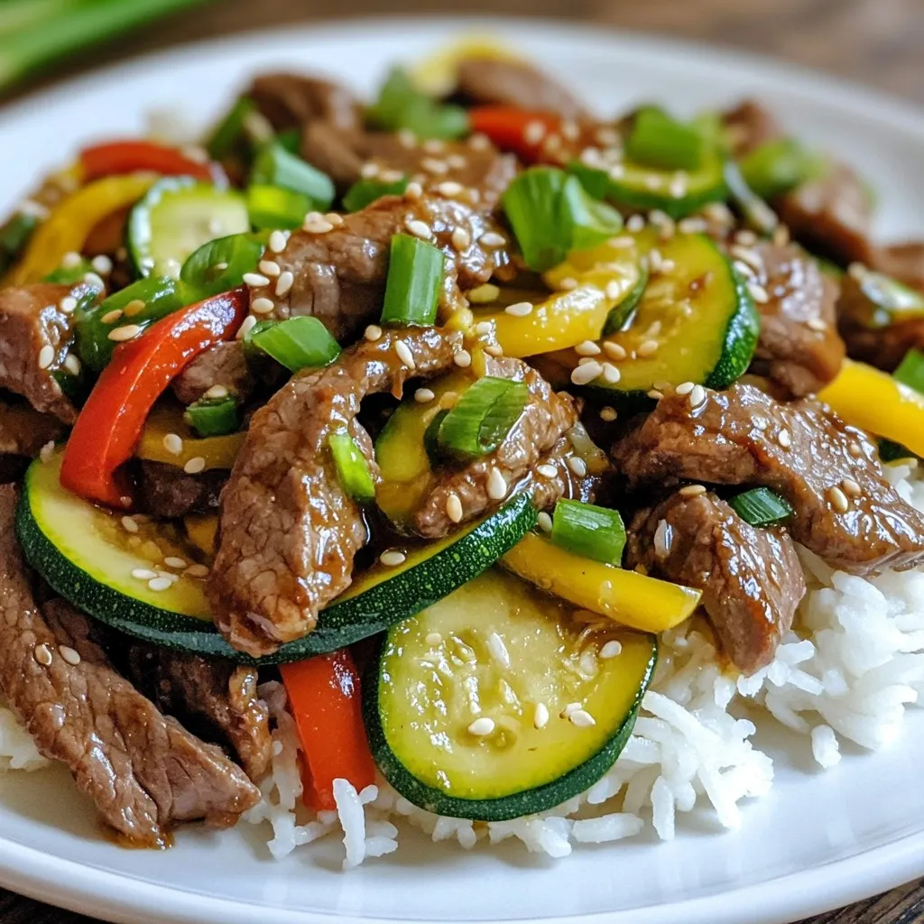 - 1 pound sirloin beef, thinly sliced - 2 medium zucchinis, sliced into half-moons - 1 red bell pepper, sliced - 1 cup snap peas, trimmed - 3 cloves garlic, minced - 1 tablespoon fresh ginger, grated - 3 tablespoons soy sauce (low sodium) - 1 tablespoon oyster sauce - 1 tablespoon hoisin sauce - 2 tablespoons vegetable oil - 1 teaspoon sesame oil - Cooked rice or quinoa for serving - Sliced green onions and sesame seeds for garnish When I prepare zucchini beef stir fry, I focus on fresh, quality ingredients. The sirloin beef is the star, bringing juicy flavor and a satisfying texture. I slice it thinly for quick cooking and easy bites. Zucchini adds a mild taste and nice crunch. I prefer medium zucchinis for the best balance. Adding red bell pepper gives a pop of color and sweetness. Snap peas bring a delightful crispness, making every bite exciting. I always include garlic and ginger. They add a punch and warmth, enhancing the overall flavor. For sauces, I reach for low sodium soy sauce. It keeps the dish savory without being too salty. Oyster sauce adds a rich depth, while hoisin sauce brings a hint of sweetness. I use vegetable oil for frying, and a touch of sesame oil at the end boosts the aroma. I often serve this dish over cooked rice or quinoa. It makes for a hearty meal. For an extra touch, I sprinkle sliced green onions and sesame seeds on top. These add color and a bit of crunch. Using fresh, vibrant ingredients makes this stir fry not just tasty but also visually appealing. Enjoy the flavors and textures that come together in this quick meal! {{ingredient_image_1}} To start, place the thinly sliced sirloin beef in a bowl. Add 1 tablespoon of soy sauce, 1 tablespoon of oyster sauce, and 1 tablespoon of hoisin sauce. Mix it well so the beef is coated. Let the beef marinate for at least 10 minutes while you get the vegetables ready. Next, heat 1 tablespoon of vegetable oil in a large skillet over medium-high heat. When the oil is hot, add the beef in a single layer. Cook it for about 2-3 minutes until it turns brown. Flip the beef over and cook for another 2 minutes. Once cooked, take the beef out of the skillet and set it aside. Now, use the same skillet and add 1 tablespoon of vegetable oil. Add 3 cloves of minced garlic and 1 tablespoon of grated ginger. Sauté this mix for about 30 seconds until it smells great. Then, add 2 medium zucchinis, 1 sliced red bell pepper, and 1 cup of snap peas. Stir-fry the vegetables for about 5-6 minutes until they are tender-crisp. Finally, return the cooked beef to the skillet with the veggies. Pour in the remaining soy sauce and 1 teaspoon of sesame oil. Stir everything together to mix well. Cook for an additional 2 minutes until everything is heated through. For stir-frying, sirloin beef works great. It is tender and cooks quickly. You can also use flank steak or ribeye for added flavor. When slicing beef, aim for thin strips. This helps it cook evenly. Freeze the beef for 30 minutes before slicing. This makes cutting it thin much easier. To boost flavor, try adding more spices. Red pepper flakes can add heat. A dash of black pepper or garlic powder works well too. You can also use sesame seeds for a nutty taste. Remember to taste as you go. Adjust the seasoning to your liking. Too much soy sauce can make it salty. High heat is key for a great stir-fry. It helps to sear the meat and keep the veggies crisp. Use a large skillet or wok to give everything space. Avoid overcrowding the pan. This can lead to steaming instead of frying. Stir-fry each ingredient separately if needed. Cook the veggies until they are tender-crisp. This keeps them bright and flavorful. Pro Tips Marinate for Flavor: Allow the beef to marinate for at least 10 minutes to absorb the flavors of the sauces, enhancing the overall taste of the dish. High Heat for Stir Fry: Ensure your skillet or wok is hot before adding the beef. This helps to sear the meat quickly, keeping it tender and juicy. Vegetable Crunch: To ensure the vegetables remain crisp, avoid overcooking them. Stir-fry just until they are tender-crisp, about 5-6 minutes. Garnish for Appeal: Don't skip the garnish! Sliced green onions and sesame seeds not only add color but also enhance the flavor and presentation of your dish. {{image_2}} You can swap the beef for chicken, shrimp, or tofu. Each protein offers a unique taste. If you use chicken, cut it into thin strips like the beef. This ensures even cooking. Shrimp cooks quickly, so only stir-fry it for 2-3 minutes. Tofu adds a nice texture. Press it to remove excess water before cooking. Adjust cooking times based on the protein you choose. This way, you’ll get a tender meal every time. Feel free to mix in other veggies for added flavor. Carrots, broccoli, or bell peppers work well. You can also try seasonal veggies like asparagus or snap peas. These add crunch and color. When choosing veggies, use what you have on hand. This keeps your meals fresh and fun. Using a variety of vegetables makes the dish more nutritious and colorful. You can make your own stir fry sauce at home. Mix soy sauce, ginger, and a splash of vinegar. This creates a tasty base. For a dietary-friendly option, use tamari for gluten-free sauce. You can also try low-sodium soy sauce or coconut aminos. These options keep the flavor while meeting your diet needs. Don’t hesitate to customize your sauce to match your taste. To keep your Zucchini Beef Stir Fry fresh, follow these steps: - Cool down: Let the stir fry cool to room temperature. - Use airtight containers: Store leftovers in airtight containers. - Refrigerate promptly: Place the containers in the fridge within two hours. This helps prevent bacteria growth and keeps the flavors intact. When reheating, aim to keep the texture and flavor. Here’s how: - Stovetop method: Heat a skillet over medium heat. Add a splash of water or oil, then stir in the stir fry. This keeps it moist. - Microwave method: Place in a microwave-safe dish. Cover with a lid or microwave-safe wrap. Heat in short bursts, stirring in between. Both methods work well, but stovetop often gives better results. If you want to freeze the stir fry, follow these tips: - Cool before freezing: Make sure the dish is cool first. - Use freezer-safe containers: Choose containers that seal tightly. - Label and date: Note the date so you know how long it's been stored. For best taste, consume within 2-3 months. To thaw, place it in the fridge overnight or use the microwave's defrost setting. Yes, you can easily make this dish gluten-free. Use gluten-free soy sauce instead of regular soy sauce. You can also skip oyster sauce or find a gluten-free version. Hoisin sauce might have gluten, so look for a gluten-free option. Always check labels for any hidden gluten in sauces. To add some heat, try adding red pepper flakes or sriracha. You can also use fresh chili peppers for a more intense flavor. If you like, add some diced jalapeños when you stir-fry the vegetables. Adjust the spice level based on your taste. This stir fry pairs well with cooked rice or quinoa for a filling meal. You can also serve it with steamed vegetables for a lighter option. If you want something crunchy, try adding a side salad. Enjoy it with crispy spring rolls for extra flavor. This blog post explored a tasty zucchini beef stir fry. We covered key ingredients like sirloin, vegetables, and flavorful sauces. You learned step-by-step how to marinate, cook, and combine everything to perfection. Tips helped you select the best beef and avoid overcooking vegetables. We also shared creative variations and smart storage information. Enjoy your stir fry adventure, and don't be afraid to experiment with your own twists!