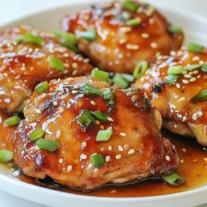 - 4 chicken thighs, skin-on and bone-in - 1/4 cup soy sauce (low-sodium preferred) - 1/4 cup honey - 2 tablespoons rice vinegar - 1 tablespoon sesame oil - 2 cloves garlic, minced - 1 teaspoon ginger, freshly grated - 1 tablespoon cornstarch mixed with 2 tablespoons water (for thickening) - 1/2 teaspoon black pepper To create a tasty baked teriyaki chicken, you need simple yet flavorful ingredients. The chicken thighs provide a juicy base. Using low-sodium soy sauce helps control salt levels. Honey adds sweetness, balancing the savory flavors. Rice vinegar gives a slight tang that brightens the dish. Sesame oil adds a rich, nutty taste that works well with the chicken. Fresh garlic and ginger enhance the overall flavor. Cornstarch helps thicken the sauce for a glossy finish. Black pepper adds a hint of spice. - Chopped green onions - Sesame seeds For a pop of color and texture, consider garnishing with chopped green onions and sesame seeds. These toppings not only look good but also add fresh, crunchy notes. You can sprinkle them on just before serving for maximum flavor. - Rice - Steamed vegetables Baked teriyaki chicken pairs well with rice. The rice absorbs the delicious sauce, making each bite satisfying. Steamed vegetables are a great addition, providing nutrients and a fresh taste. You can use broccoli, carrots, or snap peas for a balanced meal. These sides complement the rich flavors of the chicken and make your plate appealing. {{ingredient_image_1}} 1. First, preheat your oven to 400&deg;F (200&deg;C). This step is key for even cooking. 2. Line a baking dish with aluminum foil. This makes cleanup quick and easy. 3. In a medium bowl, mix the teriyaki sauce. Combine soy sauce, honey, rice vinegar, sesame oil, minced garlic, grated ginger, and black pepper. Whisk it well until smooth. 1. Place the chicken thighs in the baking dish, skin-side up. 2. Pour the teriyaki sauce over the chicken. Make sure to coat each piece well. 3. Bake the chicken in the oven for 30 minutes. This helps the flavors meld into the meat. 1. After 30 minutes, take the baking dish out. Move the chicken to a plate carefully. 2. Pour the remaining sauce into a saucepan. Bring it to a boil over medium heat. 3. Add the cornstarch mixture to the boiling sauce. Stir continuously until it thickens, which takes about 2-3 minutes. 4. Return the chicken thighs to the baking dish. Coat them with the thickened sauce. 5. Bake for an additional 10-15 minutes. Check the internal temperature; it should reach 165&deg;F (75&deg;C). 6. Let the chicken rest for 5 minutes before serving. This helps keep it juicy. To cook chicken thighs just right, use a meat thermometer. Insert it into the thickest part of the thigh. The chicken should reach 165&deg;F (75&deg;C) to be safe. This ensures it is juicy and cooked through. When choosing chicken, go for skin-on and bone-in thighs. They have more flavor and moisture than breasts. The bone also helps the chicken cook evenly. If you want a spicy kick, add red pepper flakes to the teriyaki sauce. Just a pinch can make a big difference. You can also add sriracha for more heat. Adding vegetables makes this dish even better. Try carrots or bell peppers. They roast well and soak up the teriyaki flavor. You can toss them in the baking dish with the chicken. To make cleanup easy, line your baking dish with foil. After cooking, you can simply toss the foil away. This saves time and effort. If you have leftover sauce, store it in an airtight container. It keeps in the fridge for about a week. You can use it for other meals or as a dip. Pro Tips Use Fresh Ingredients: Fresh garlic and ginger will significantly enhance the flavor of your teriyaki sauce compared to dried or jarred alternatives. Marinate for Better Flavor: For an even richer taste, marinate the chicken thighs in the teriyaki sauce for at least 30 minutes or up to overnight in the refrigerator before baking. Check Temperature: Always use a meat thermometer to ensure the chicken reaches an internal temperature of 165&deg;F (75&deg;C) for safe consumption. Serve with Sides: Pair your baked teriyaki chicken with steamed rice or saut&eacute;ed vegetables to create a balanced and flavorful meal. {{image_2}} You can switch things up with different proteins. If you want a leaner dish, use chicken breast. Chicken thighs are great for juicy flavor. If you want a meat-free option, try tofu. Tofu soaks up teriyaki sauce well. Pork is another tasty choice. Use pork tenderloin for a sweet and savory twist. Get creative with flavors! Adding citrus can brighten your dish. Try orange or lime juice for a fresh taste. You can also mix in herbs or spices. Chili flakes can add a nice kick. This way, you can tailor the dish to your mood or season. For gluten-free diets, make simple swaps. Use gluten-free soy sauce instead of regular. It tastes just as good! If you need to thicken your sauce, cornstarch works well. You can also use arrowroot powder or potato starch as alternatives. Enjoy your teriyaki chicken without worry! To keep your baked teriyaki chicken thighs fresh, store them properly. First, let the chicken cool down to room temperature. Then, place the chicken in airtight containers. Glass or plastic containers work well. Make sure to seal them tight. You can keep the chicken in the fridge for up to four days. If you want to eat it later, freezing is a good option. When you are ready to eat the leftovers, reheating is key. The best way to reheat chicken is in the oven. Preheat your oven to 350&deg;F (175&deg;C). Place the chicken in an oven-safe dish, cover it with foil, and heat for about 20 minutes. This method keeps the chicken juicy. You can also use a microwave, but be careful. Heat in short bursts of one minute, checking often to avoid drying it out. Freezing your teriyaki chicken thighs is easy. Wrap each thigh in plastic wrap tightly. Then, put them in a freezer bag. Remove as much air as you can. This helps prevent freezer burn. You can freeze the chicken for up to three months. When you want to eat it, thaw the chicken in the fridge overnight. This keeps it safe and tasty. Bake chicken thighs for about 30 to 45 minutes at 400&deg;F. The exact time depends on the thickness of the thighs. Thicker pieces may need more time. Always check the internal temperature. It should reach 165&deg;F for safety. Use a meat thermometer for best results. This ensures juicy, safe chicken. Yes, making teriyaki sauce from scratch is easy and fun! Here&rsquo;s a simple recipe: - 1/4 cup soy sauce (low-sodium is best) - 1/4 cup honey - 2 tablespoons rice vinegar - 1 tablespoon sesame oil - 2 cloves garlic, minced - 1 teaspoon fresh ginger, grated Mix these ingredients in a bowl. Whisk until smooth. This sauce is perfect for your chicken. You can adjust sweetness or add spice, too! Baked teriyaki chicken thighs can be healthy. Chicken thighs provide protein and essential nutrients. The sauce has soy sauce and honey, which adds flavor but also sugar. - One chicken thigh has about 250-300 calories. - It also brings protein and healthy fats. Pair it with brown rice and veggies for a balanced meal. Use low-sodium soy sauce for less salt. Enjoy your healthy, tasty dish! This blog post covered making delicious chicken teriyaki with ease. We explored key ingredients like chicken thighs and teriyaki sauce components. You learned the best prep steps, baking times, and cooking tips for perfect results. We also discussed tasty variations and storage methods. Cooking can be fun and rewarding. Enjoy your meal and get creative in the kitchen. Happy cooking!