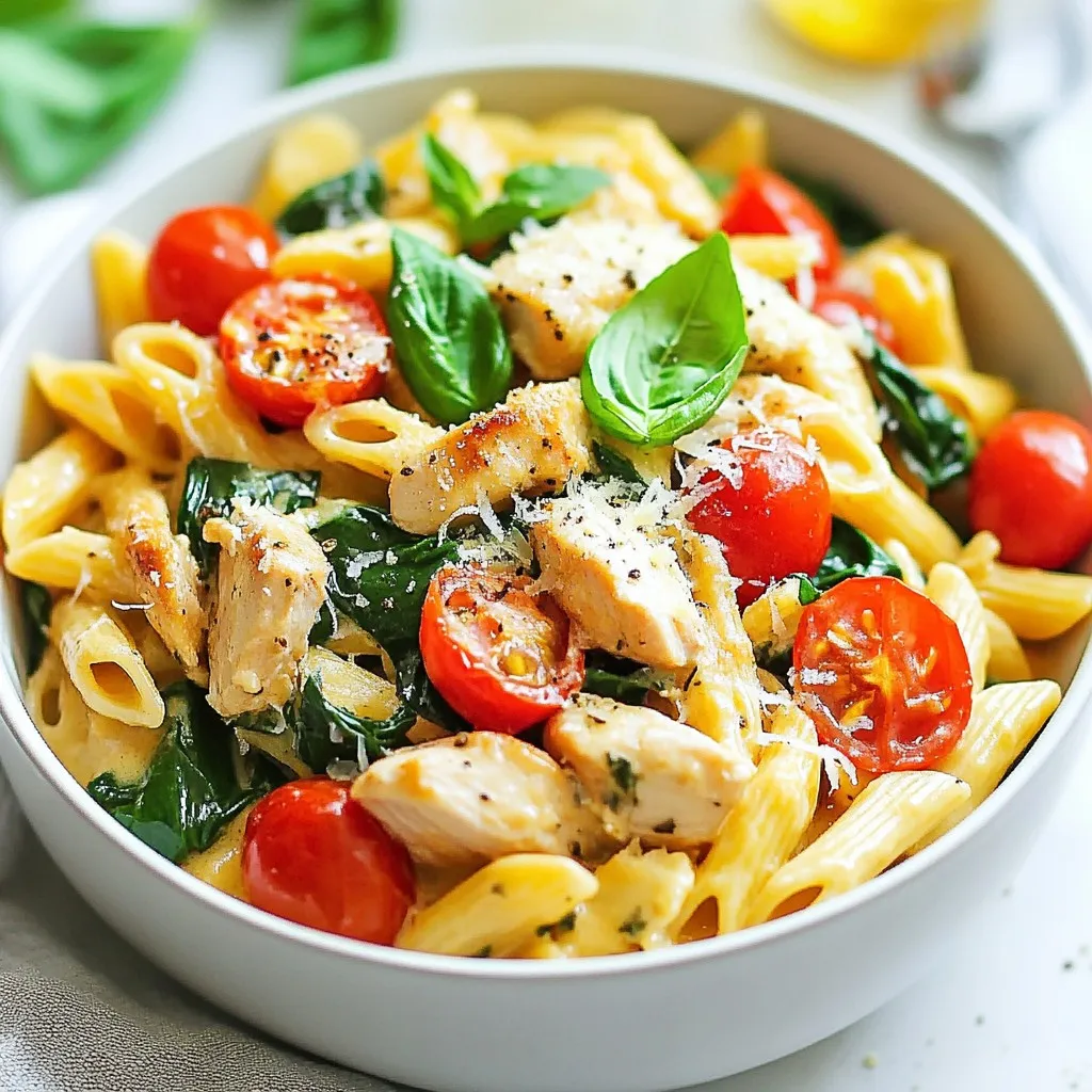 To make this One-Pot Creamy Tuscan Chicken Pasta, you need key items: - 2 tablespoons olive oil - 2 boneless, skinless chicken breasts, diced - Salt and pepper to taste - 3 cloves garlic, minced - 1 teaspoon dried Italian herbs (basil, oregano, thyme) - 4 cups chicken broth - 12 ounces penne pasta - 1 cup cherry tomatoes, halved - 1 cup spinach, fresh or frozen - 1 cup heavy cream - 1/2 cup Parmesan cheese, grated - Fresh basil leaves for garnish These ingredients blend well to create a rich, creamy dish. The chicken, broth, and cream form a base that makes the pasta tasty. You can add extra flavors to this dish. Consider these options: - Sun-dried tomatoes for a tangy twist - Mushrooms for a meaty texture - Peas for a pop of color and sweetness - Red pepper flakes for some heat These add-ins can elevate your meal. Feel free to mix and match based on your taste. Choose fresh ingredients for the best taste. Here are some tips: - Look for firm and bright cherry tomatoes; they should not have blemishes. - Choose spinach with vibrant green leaves for freshness. - Pick herbs that smell fragrant and have no brown spots. Fresh produce enhances the flavor of your dish. Always inspect your items before buying to ensure quality. {{ingredient_image_1}} First, grab a large pot and heat two tablespoons of olive oil over medium heat. While the oil warms, season the diced chicken with salt and pepper. Once hot, add the chicken to the pot. Cook it for about 5-7 minutes, stirring often, until the chicken is browned and fully cooked. When done, remove the chicken from the pot and set it aside. In the same pot, add minced garlic and dried Italian herbs. Sauté this for one minute until you smell the great aroma. Next, pour in 4 cups of chicken broth and bring it to a gentle simmer. Now, add 12 ounces of penne pasta. Cook the pasta for about 10-12 minutes, stirring it occasionally. You want it to be al dente. About 2 minutes before the pasta is ready, stir in 1 cup of halved cherry tomatoes and 1 cup of spinach. Cook for another 3-4 minutes. The spinach should wilt, and the tomatoes should soften a bit. Once the pasta and veggies are cooked, lower the heat. Stir in 1 cup of heavy cream and 1/2 cup of grated Parmesan cheese. Mix until everything is creamy and combined. Now, return the cooked chicken to the pot. Stir it all together, and taste to see if you need more salt or pepper. When everything is heated through, let it sit for a minute to thicken a little. Serve the pasta hot, and don’t forget to add freshly torn basil leaves on top for that perfect finish! To get that lovely creamy texture, use heavy cream. It blends well with the chicken broth and cheese. Stir it in slowly over low heat. This helps it mix smoothly without curdling. If you want it creamier, add more cheese. Grated Parmesan works best. Always taste as you mix. Adjust if needed. Timing is key for perfect pasta. Cook the penne until it’s al dente. This means it should be firm but not hard. Follow the package instructions for timing. Usually, it takes about 10-12 minutes. Stir it often to prevent sticking. Add the spinach and tomatoes a few minutes before it's done. This keeps them fresh and vibrant. To boost flavor, think about herbs and spices. Dried Italian herbs bring depth. You can also add red pepper flakes for heat. Fresh basil adds a nice touch too. For more richness, try a splash of white wine. It adds a layer of flavor that makes each bite special. Don’t forget to season well with salt and pepper! Pro Tips Use Fresh Herbs: Fresh basil or parsley can elevate the flavor of your dish significantly compared to dried herbs. Adjust Creaminess: For a lighter version, you can substitute half of the heavy cream with low-fat milk or Greek yogurt. Perfectly Cooked Pasta: To prevent overcooking, aim to cook the pasta just until al dente, as it will continue to cook slightly after being mixed with the sauce. Leftover Chicken: You can easily use leftover rotisserie chicken for this recipe to save time and add extra flavor. {{image_2}} You can switch up the pasta in this dish. I love using penne, but other shapes work well too. Try fusilli, farfalle, or even spaghetti. Each pasta shape holds sauce differently. This adds new textures and flavors to your meal. Just keep the cooking time in mind. Some shapes may need a little more or less time. Want to change the protein? You have options. Instead of chicken, use shrimp, turkey, or even sausage. Each choice brings a different taste. For a lighter dish, chicken breast is best. If you prefer a bolder flavor, go for sausage. Remember to adjust cooking times based on your protein. You can make this dish vegetarian, and it’s still delicious! Skip the chicken and add more veggies. Consider zucchini, mushrooms, or bell peppers. These add great flavor and nutrition. You can also use tofu for protein. Just sauté it until golden before adding to the pot. This way, you keep the creamy sauce and enjoy a veggie-packed meal. To store leftovers, let the pasta cool first. Then, place it in an airtight container. It stays fresh for up to three days in the fridge. Make sure to press out any air. This keeps the pasta from getting soggy. When you’re ready to eat, reheat the pasta on the stove. Add a splash of chicken broth or water. This helps bring back the creamy texture. Heat it over medium-low heat, stirring often. You can also use the microwave. Just cover the dish and heat in short bursts, stirring in between. If you want to freeze some, use a freezer-safe container. It can last up to three months. Before you freeze, leave out the heavy cream and cheese. Add those when you reheat it. To thaw, place it in the fridge overnight. Reheat on the stove for best results. It takes about 30 minutes to make this dish. First, you spend 10 minutes prepping. Then, it cooks for 20 minutes. This quick time makes it perfect for busy nights. Yes, you can make this dish ahead of time. Cook it and store in the fridge. It stays good for 3 days. When you reheat, it will still taste great. You can serve this pasta with a simple salad or garlic bread. A light salad adds freshness. Garlic bread gives a nice crunch. Both sides complement the creamy pasta well. This blog post covered all you need for One-Pot Creamy Tuscan Chicken Pasta. We talked about key ingredients, including chicken and fresh produce, and how to cook everything step by step. I shared tips for creamy texture and perfect timing. You can switch up the pasta or protein to fit your tastes. Finally, I detailed how to store leftovers or freeze the dish. Enjoy making this meal; it’s simple, tasty, and sure to impress!