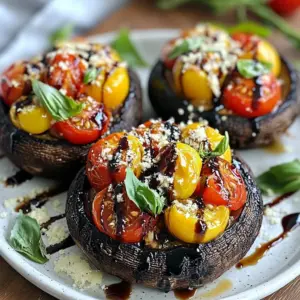 To make Caprese stuffed portobello mushrooms, you need: - 4 large portobello mushrooms, stems removed - 1 cup cherry tomatoes, halved - 1 cup fresh mozzarella balls, halved - 1/4 cup fresh basil leaves, chopped - 2 tablespoons balsamic vinegar - 2 tablespoons olive oil - 1 clove garlic, minced - Salt and pepper to taste - 1/4 cup grated Parmesan cheese - 1 tablespoon balsamic glaze (for drizzling) If you can’t find fresh ingredients, here are some smart swaps: - Use canned tomatoes instead of cherry tomatoes. - Try shredded mozzarella if you don’t have balls. - Dried basil can work in place of fresh basil. - Balsamic vinegar can be replaced with red wine vinegar. - You can use garlic powder instead of fresh garlic. Here’s a quick look at the nutrition from some main ingredients: - Portobello mushrooms: Low in calories, high in fiber, and rich in antioxidants. - Cherry tomatoes: Packed with vitamins C and K, and rich in lycopene. - Fresh mozzarella: Good source of protein and calcium, but watch the portion size. - Basil: Contains vitamins A, K, and essential oils with anti-inflammatory benefits. - Balsamic vinegar: Low in calories, adds flavor without fat. These ingredients create a tasty dish that is also good for you! {{ingredient_image_1}} To make Caprese stuffed portobello mushrooms, you need a few tools and ingredients. Gather the following: - Baking sheet - Mixing bowl - Spoon or spatula - Oven You will also need these ingredients: - 4 large portobello mushrooms, stems removed - 1 cup cherry tomatoes, halved - 1 cup fresh mozzarella balls, halved - 1/4 cup fresh basil leaves, chopped - 2 tablespoons balsamic vinegar - 2 tablespoons olive oil - 1 clove garlic, minced - Salt and pepper to taste - 1/4 cup grated Parmesan cheese - 1 tablespoon balsamic glaze (for drizzling) 1. Start by preheating your oven to 375°F (190°C). This helps the mushrooms cook well. 2. In a mixing bowl, combine the halved cherry tomatoes, mozzarella balls, chopped basil, minced garlic, balsamic vinegar, olive oil, and a pinch of salt and pepper. Mix well. 3. Place the portobello mushrooms on a baking sheet, gill side up. Drizzle each mushroom with olive oil. Sprinkle with salt and pepper. 4. Spoon the tomato and mozzarella mixture into each portobello mushroom. Fill them generously. 5. Top the stuffed mushrooms with grated Parmesan cheese. 6. Bake the mushrooms in the oven for about 20-25 minutes. They should be tender, and the cheese should melt and bubble. 7. After baking, drizzle with balsamic glaze. You can add more fresh basil leaves for a nice touch. To check if the mushrooms are done, look for these signs: - The mushrooms should feel soft when you press them gently. - The cheese should be melted and bubbly. - The tops should have a nice golden color. If you see these signs, your Caprese stuffed portobello mushrooms are ready to serve! Enjoy this flavorful delight. Start with fresh portobello mushrooms. Look for ones that are firm and dry. Clean them gently with a damp cloth to remove dirt. Remove the stems carefully. This gives you more space for stuffing. Drizzle olive oil on the gills to add flavor. Use a spoon to pack the filling tightly. This helps the flavors blend well. Do not overstuff the mushrooms. It can cause them to spill when baking. Make sure to season the mixture well. Under-seasoned stuffing can taste bland. Avoid using too much oil. This can make the mushrooms soggy. Lastly, do not skip the balsamic glaze. It adds a touch of sweetness that enhances the dish. Add extra herbs for depth. Oregano or thyme can boost the flavor. Try mixing in some crushed red pepper for heat. A splash of lemon juice brightens the taste. For a richer flavor, use aged balsamic vinegar. You can also swap mozzarella for burrata for a creamier texture. Finally, serve with a side salad for freshness. Pro Tips Use Fresh Ingredients: The quality of your tomatoes and mozzarella will greatly affect the taste of your dish. Opt for fresh, in-season tomatoes and high-quality mozzarella for the best flavor. Marinate for Extra Flavor: Let the tomato and mozzarella mixture sit for 10-15 minutes before stuffing the mushrooms. This allows the flavors to meld together, enhancing the overall taste. Experiment with Cheese: While Parmesan is delicious, feel free to mix in other cheeses like goat cheese or feta for a different flavor profile. This can add a unique twist to your Caprese stuffed mushrooms. Don’t Overcook: Keep an eye on your mushrooms while baking. Overcooked mushrooms can become rubbery. Aim for a tender texture where they retain some of their natural juices. {{image_2}} You can easily make this dish vegetarian or vegan. To make it vegetarian, just skip the Parmesan cheese or use a vegetarian-friendly brand. For a vegan version, swap the mozzarella with vegan cheese. You can also use nutritional yeast for a cheesy flavor. Fresh basil and tomatoes will still shine, giving you a tasty meal. Feel free to mix things up with different ingredients. Instead of cherry tomatoes, use diced bell peppers or zucchini. You can add cooked quinoa or rice for more texture and fiber. If you want protein, try adding chickpeas or black beans. The options are endless, and you can get creative based on your taste. These stuffed mushrooms can shine on their own, but they pair well with sides. Serve them with a crisp green salad for a fresh touch. You can also place them on a bed of sautéed spinach or roasted veggies. If you want a more filling meal, serve them alongside garlic bread or pasta. Each option brings out the rich flavors of the mushrooms. To store your Caprese stuffed portobello mushrooms, let them cool down. Place them in an airtight container. You can keep them in the fridge for up to three days. Make sure to separate layers with parchment paper. This helps prevent sticking. When you want to enjoy your leftovers, preheat your oven to 350°F (175°C). Place the mushrooms on a baking sheet. Cover them loosely with foil to keep them moist. Heat for about 15-20 minutes. You can also use a microwave. Heat each mushroom for about 1-2 minutes. Check that they are hot all the way through. If you want to freeze your stuffed mushrooms, wrap each one tightly in plastic wrap. Then place them in a freezer-safe bag. They can stay good for up to three months. When you're ready to eat, defrost them in the fridge overnight. Reheat in the oven or microwave. This way, they taste almost as fresh as the first time. Yes, you can! While portobello mushrooms work great, try using large cremini or shiitake mushrooms. They add a nice flavor too. Just make sure they are big enough to hold the stuffing. You want each bite to be full of taste. You know the mushrooms are done when they are tender and the cheese is melted. Check them at about 20 minutes. You want the tops to be bubbly and golden. If you poke them with a fork and they give easily, they are ready. These stuffed mushrooms pair well with a fresh salad. A simple green salad with lemon dressing works nicely. You can also serve them with crusty bread or garlic bread. This adds a nice crunch and balances the soft mushrooms. This blog post covered many important points about making Caprese Stuffed Portobello Mushrooms. We explored the best ingredients, cooking steps, and tips to enhance flavor. You learned how to avoid common mistakes and even saw some tasty variations. Remember to store your leftovers well and follow simple reheating tips. With this guide, you can make a delicious dish that suits everyone's taste. Enjoy your cooking, and don’t hesitate to experiment with your own ideas!
