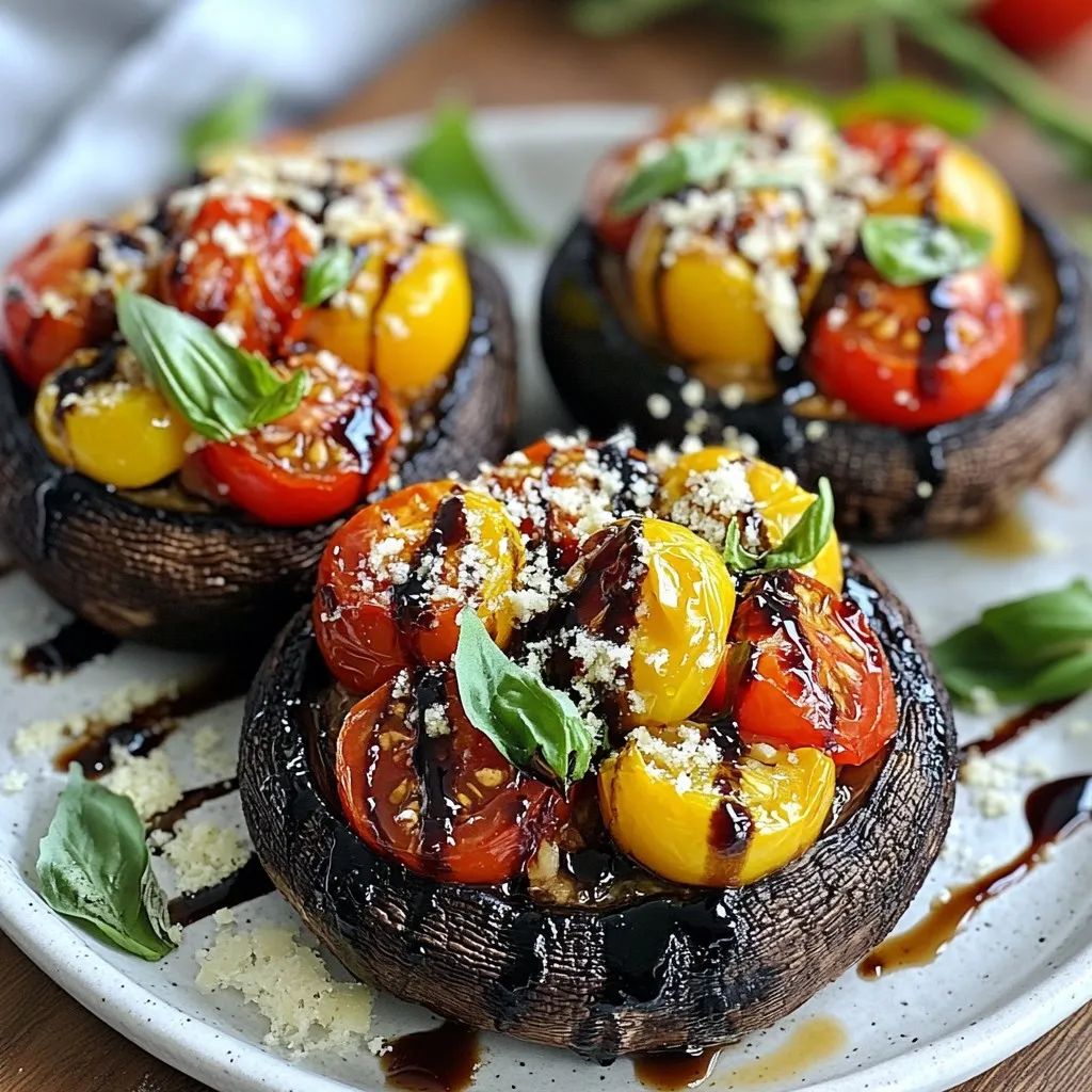 To make Caprese stuffed portobello mushrooms, you need: - 4 large portobello mushrooms, stems removed - 1 cup cherry tomatoes, halved - 1 cup fresh mozzarella balls, halved - 1/4 cup fresh basil leaves, chopped - 2 tablespoons balsamic vinegar - 2 tablespoons olive oil - 1 clove garlic, minced - Salt and pepper to taste - 1/4 cup grated Parmesan cheese - 1 tablespoon balsamic glaze (for drizzling) If you can’t find fresh ingredients, here are some smart swaps: - Use canned tomatoes instead of cherry tomatoes. - Try shredded mozzarella if you don’t have balls. - Dried basil can work in place of fresh basil. - Balsamic vinegar can be replaced with red wine vinegar. - You can use garlic powder instead of fresh garlic. Here’s a quick look at the nutrition from some main ingredients: - Portobello mushrooms: Low in calories, high in fiber, and rich in antioxidants. - Cherry tomatoes: Packed with vitamins C and K, and rich in lycopene. - Fresh mozzarella: Good source of protein and calcium, but watch the portion size. - Basil: Contains vitamins A, K, and essential oils with anti-inflammatory benefits. - Balsamic vinegar: Low in calories, adds flavor without fat. These ingredients create a tasty dish that is also good for you! {{ingredient_image_1}} To make Caprese stuffed portobello mushrooms, you need a few tools and ingredients. Gather the following: - Baking sheet - Mixing bowl - Spoon or spatula - Oven You will also need these ingredients: - 4 large portobello mushrooms, stems removed - 1 cup cherry tomatoes, halved - 1 cup fresh mozzarella balls, halved - 1/4 cup fresh basil leaves, chopped - 2 tablespoons balsamic vinegar - 2 tablespoons olive oil - 1 clove garlic, minced - Salt and pepper to taste - 1/4 cup grated Parmesan cheese - 1 tablespoon balsamic glaze (for drizzling) 1. Start by preheating your oven to 375°F (190°C). This helps the mushrooms cook well. 2. In a mixing bowl, combine the halved cherry tomatoes, mozzarella balls, chopped basil, minced garlic, balsamic vinegar, olive oil, and a pinch of salt and pepper. Mix well. 3. Place the portobello mushrooms on a baking sheet, gill side up. Drizzle each mushroom with olive oil. Sprinkle with salt and pepper. 4. Spoon the tomato and mozzarella mixture into each portobello mushroom. Fill them generously. 5. Top the stuffed mushrooms with grated Parmesan cheese. 6. Bake the mushrooms in the oven for about 20-25 minutes. They should be tender, and the cheese should melt and bubble. 7. After baking, drizzle with balsamic glaze. You can add more fresh basil leaves for a nice touch. To check if the mushrooms are done, look for these signs: - The mushrooms should feel soft when you press them gently. - The cheese should be melted and bubbly. - The tops should have a nice golden color. If you see these signs, your Caprese stuffed portobello mushrooms are ready to serve! Enjoy this flavorful delight. Start with fresh portobello mushrooms. Look for ones that are firm and dry. Clean them gently with a damp cloth to remove dirt. Remove the stems carefully. This gives you more space for stuffing. Drizzle olive oil on the gills to add flavor. Use a spoon to pack the filling tightly. This helps the flavors blend well. Do not overstuff the mushrooms. It can cause them to spill when baking. Make sure to season the mixture well. Under-seasoned stuffing can taste bland. Avoid using too much oil. This can make the mushrooms soggy. Lastly, do not skip the balsamic glaze. It adds a touch of sweetness that enhances the dish. Add extra herbs for depth. Oregano or thyme can boost the flavor. Try mixing in some crushed red pepper for heat. A splash of lemon juice brightens the taste. For a richer flavor, use aged balsamic vinegar. You can also swap mozzarella for burrata for a creamier texture. Finally, serve with a side salad for freshness. Pro Tips Use Fresh Ingredients: The quality of your tomatoes and mozzarella will greatly affect the taste of your dish. Opt for fresh, in-season tomatoes and high-quality mozzarella for the best flavor. Marinate for Extra Flavor: Let the tomato and mozzarella mixture sit for 10-15 minutes before stuffing the mushrooms. This allows the flavors to meld together, enhancing the overall taste. Experiment with Cheese: While Parmesan is delicious, feel free to mix in other cheeses like goat cheese or feta for a different flavor profile. This can add a unique twist to your Caprese stuffed mushrooms. Don’t Overcook: Keep an eye on your mushrooms while baking. Overcooked mushrooms can become rubbery. Aim for a tender texture where they retain some of their natural juices. {{image_2}} You can easily make this dish vegetarian or vegan. To make it vegetarian, just skip the Parmesan cheese or use a vegetarian-friendly brand. For a vegan version, swap the mozzarella with vegan cheese. You can also use nutritional yeast for a cheesy flavor. Fresh basil and tomatoes will still shine, giving you a tasty meal. Feel free to mix things up with different ingredients. Instead of cherry tomatoes, use diced bell peppers or zucchini. You can add cooked quinoa or rice for more texture and fiber. If you want protein, try adding chickpeas or black beans. The options are endless, and you can get creative based on your taste. These stuffed mushrooms can shine on their own, but they pair well with sides. Serve them with a crisp green salad for a fresh touch. You can also place them on a bed of sautéed spinach or roasted veggies. If you want a more filling meal, serve them alongside garlic bread or pasta. Each option brings out the rich flavors of the mushrooms. To store your Caprese stuffed portobello mushrooms, let them cool down. Place them in an airtight container. You can keep them in the fridge for up to three days. Make sure to separate layers with parchment paper. This helps prevent sticking. When you want to enjoy your leftovers, preheat your oven to 350°F (175°C). Place the mushrooms on a baking sheet. Cover them loosely with foil to keep them moist. Heat for about 15-20 minutes. You can also use a microwave. Heat each mushroom for about 1-2 minutes. Check that they are hot all the way through. If you want to freeze your stuffed mushrooms, wrap each one tightly in plastic wrap. Then place them in a freezer-safe bag. They can stay good for up to three months. When you're ready to eat, defrost them in the fridge overnight. Reheat in the oven or microwave. This way, they taste almost as fresh as the first time. Yes, you can! While portobello mushrooms work great, try using large cremini or shiitake mushrooms. They add a nice flavor too. Just make sure they are big enough to hold the stuffing. You want each bite to be full of taste. You know the mushrooms are done when they are tender and the cheese is melted. Check them at about 20 minutes. You want the tops to be bubbly and golden. If you poke them with a fork and they give easily, they are ready. These stuffed mushrooms pair well with a fresh salad. A simple green salad with lemon dressing works nicely. You can also serve them with crusty bread or garlic bread. This adds a nice crunch and balances the soft mushrooms. This blog post covered many important points about making Caprese Stuffed Portobello Mushrooms. We explored the best ingredients, cooking steps, and tips to enhance flavor. You learned how to avoid common mistakes and even saw some tasty variations. Remember to store your leftovers well and follow simple reheating tips. With this guide, you can make a delicious dish that suits everyone's taste. Enjoy your cooking, and don’t hesitate to experiment with your own ideas!