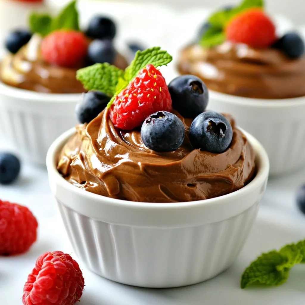 - 2 ripe avocados, peeled and pitted - 1/2 cup unsweetened cocoa powder - 1/4 cup maple syrup (adjust to sweetness preference) - 1/4 cup almond milk (or any non-dairy milk) - 1 teaspoon vanilla extract - A pinch of sea salt - Fresh berries (for garnish) - Mint leaves (for garnish) Each ingredient plays a key role in making this mousse rich and creamy. Avocados provide a smooth texture and healthy fats. They make the mousse creamy without dairy. Unsweetened cocoa powder gives it a deep chocolate flavor. Maple syrup adds natural sweetness, and you can adjust this to your taste. Almond milk helps blend everything smoothly and keeps it vegan. Vanilla extract enhances the chocolate flavor, while sea salt balances the sweetness. Fresh berries and mint leaves add color and freshness when you serve the mousse. You can easily swap ingredients if needed. Instead of avocados, you can use silken tofu for creaminess. If you prefer a different sweetener, try agave syrup or date syrup. For milk, soy or oat milk works well too. If you can't find cocoa powder, carob powder is a good alternative. Feel free to skip the mint and use other herbs or edible flowers for garnish. Experimenting with these substitutions keeps the mousse fun and tasty! {{ingredient_image_1}} First, gather all your ingredients. You will need ripe avocados, cocoa powder, maple syrup, almond milk, vanilla extract, and sea salt. Peel and pit the avocados. Cut them into chunks for easy blending. Place the avocado pieces in a food processor. Add the cocoa powder, maple syrup, almond milk, vanilla extract, and a pinch of sea salt. This mix gives the mousse its rich flavor. Now, blend the ingredients until smooth and creamy. Stop the processor and scrape down the sides often. This ensures everything mixes well. Taste the mousse after blending. If it needs more sweetness, add more maple syrup. Blend again until all is well combined. You want a rich, silky texture that melts in your mouth. Once blended, transfer the mousse into small bowls or glasses. Cover them and place them in the fridge. Chill for at least 30 minutes. This helps the mousse firm up and enhances the flavors. When you are ready to serve, add fresh berries on top. A sprig of mint adds color and freshness to your dessert. Enjoy your tasty vegan treat! When choosing avocados, look for a few key signs. First, check the color. A ripe avocado should be dark green or almost black. Next, gently squeeze the avocado. It should feel soft but not mushy. If it feels hard, it is not ripe yet. Also, check the stem area. If it pops off easily and you see green, it is ripe. If it is brown, the avocado is overripe. Pick ripe avocados for the best mousse. Sweetness can vary based on your taste. Start with 1/4 cup of maple syrup. Blend it into the mousse and taste it. If you want it sweeter, add more syrup, one tablespoon at a time. Blend after each addition. This way, you can find the perfect balance without making it too sweet. Remember, the chocolate flavor should shine through, so be careful with the sweetness. The right consistency makes the mousse rich and creamy. Start by blending the ripe avocados and cocoa powder well. If the mousse is too thick, add almond milk a little at a time. Blend until it is smooth and creamy. Scrape down the sides of the bowl as needed. This ensures all ingredients mix well. After blending, let the mousse chill for at least 30 minutes. This helps it firm up slightly, making it perfect for serving. Pro Tips Choose Ripe Avocados: Make sure your avocados are perfectly ripe for the best texture and flavor. They should be slightly soft to the touch but not mushy. Adjust Sweetness: Feel free to adjust the maple syrup to your taste. Start with the recommended amount and add more if you prefer a sweeter mousse. Chill for Better Flavor: Refrigerating the mousse not only firms it up but also enhances the flavors. Let it chill for at least 30 minutes before serving. Garnish Creatively: Use a variety of fresh berries and mint leaves to garnish your mousse, adding color and a fresh taste that complements the chocolate flavor. {{image_2}} You can change the flavor of your Vegan Chocolate Avocado Mousse in fun ways. Adding peanut butter gives it a nutty taste. Just blend in 2 tablespoons of creamy peanut butter. If you love coffee, try adding espresso. One shot of espresso will make it rich and bold. You can also add spices like cinnamon or chili powder for a unique twist. Just a pinch can make a big difference. There are many ways to serve this mousse. You can layer it in parfait glasses with fruit or granola. This makes it look fancy for guests. You can also use it as a filling for cakes or cupcakes. If you want a quick treat, serve it in small bowls or cups. This mousse is great for any dessert occasion. The right toppings can make your mousse even better. Fresh berries add a pop of color and sweetness. Try strawberries, raspberries, or blueberries. You can also sprinkle nuts on top for crunch. Chopped almonds or walnuts work well. For a tropical vibe, add coconut flakes. A dollop of non-dairy whipped cream also makes it creamy and rich. These toppings will impress your guests and delight your taste buds! To keep your vegan chocolate avocado mousse fresh, cover it tightly. Use plastic wrap or a lid. This prevents air from getting in and causing browning. Store it in the fridge. It’s best to enjoy it cold and creamy. If you have leftovers, eat them within two days for the best taste. You can freeze this mousse for later. First, place it in an airtight container. You can also use ice cube trays for single servings. This way, you can take out just what you need. When ready to eat, let it thaw in the fridge overnight. The mousse may lose some creaminess but will still taste great. This mousse lasts about 2-3 days in the fridge. After that, the flavor and texture may change. If you freeze it, it can last up to a month. Always check for any off smells before eating. Freshness is key for a delightful dessert experience. Yes, Vegan Chocolate Avocado Mousse is healthy. Avocados are rich in healthy fats and fiber. They help lower cholesterol and keep your heart strong. Cocoa powder adds antioxidants, which fight free radicals. Maple syrup gives a sweet touch without refined sugar. This mousse is a treat you can feel good about enjoying. Absolutely! You can make this mousse ahead of time. It keeps well in the fridge for up to three days. Just store it in an airtight container. This makes it perfect for parties or quick desserts. Just remember to add your toppings right before serving for the best look. Avocado adds creaminess to desserts without dairy. It also packs in nutrients like vitamins E, K, and C. This fruit helps you feel full longer, which can curb cravings. Plus, its mild flavor lets chocolate shine. Using avocados in desserts is a clever way to sneak in healthy ingredients while enjoying something sweet. This blog post guides you through making a delicious vegan chocolate avocado mousse. You learned about key ingredients, how to prepare, and blending techniques. Tips helped you pick ripe avocados and adjust sweetness for the best taste. Exploring variations and serving suggestions added fun to your dessert. Finally, we covered storage and longevity to keep your mousse fresh. Enjoy this creamy treat guilt-free and share the joy with others. It’s a simple yet satisfying way to indulge in dessert without sacrificing health.